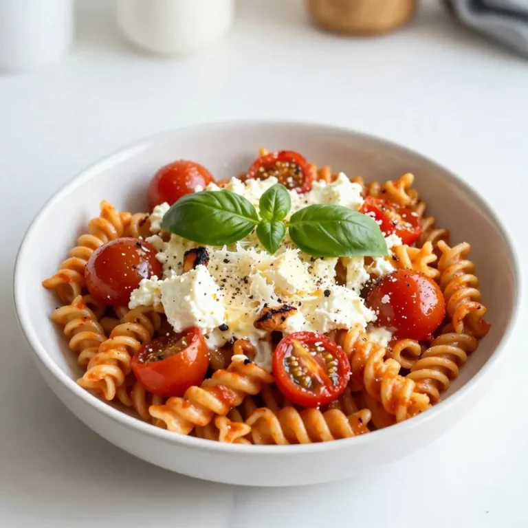 - 200g pasta of your choice (penne or fusilli works well) - 200g block of feta cheese - 300g cherry tomatoes, halved - 4 cloves garlic, minced - 1/4 cup extra virgin olive oil - 1 teaspoon dried oregano - 1/2 teaspoon red pepper flakes (optional for heat) - Salt and pepper to taste - Fresh basil leaves for garnish - Grated parmesan cheese for serving (optional) For this recipe, measuring accurately helps. Use a kitchen scale for the pasta and feta. A standard cup works for the olive oil. When measuring dried herbs, a teaspoon is enough for flavor. If you want heat, half a teaspoon of red pepper flakes gives a nice kick. You can switch out the pasta type if you want. Try whole wheat or gluten-free pasta. If you have other cheeses, you can use goat cheese or cream cheese instead of feta. For a fresh taste, consider using sun-dried tomatoes. If you dislike garlic, you can leave it out. Fresh herbs like parsley or thyme can also add a different flavor. {{ingredient_image_1}} First, you need to preheat your oven to 400°F (200°C). This step is key for baking the feta and tomatoes just right. In a large baking dish, mix together 300g of halved cherry tomatoes, 4 minced garlic cloves, and 1/4 cup of extra virgin olive oil. Add salt, pepper, 1 teaspoon of dried oregano, and a pinch of red pepper flakes if you want heat. Toss everything well so the flavors blend. Now, place a 200g block of feta cheese in the center of the dish. Surround it with the tomato mixture. Drizzle a bit more olive oil over the feta. Bake this in the preheated oven for 25-30 minutes. The feta should be soft, and the tomatoes will get blistered. While the feta and tomatoes bake, cook 200g of your chosen pasta. Follow the package instructions until it is al dente. Be sure to save 1/2 cup of the pasta water before draining the rest. Once the feta and tomatoes are ready, take the dish out of the oven. Use a fork to mash the feta and mix it with the roasted tomatoes. This creates a creamy sauce. Add your cooked pasta to the dish. Stir everything well. If the mixture seems too thick, add some of the reserved pasta water to help it out. Taste your dish and adjust the seasoning if needed. Serve hot, garnished with fresh basil leaves. If you like, sprinkle some grated parmesan cheese on top for extra flavor. Enjoy your delicious meal! When you bake feta, use a block, not crumbled cheese. A block melts better. Place it in the center of your dish. Surround it with tomatoes and garlic. This creates a creamy sauce as it bakes. Drizzle olive oil on the feta for more flavor. Bake until soft and slightly golden. This takes about 25 to 30 minutes. Keep an eye on it to avoid burning. Cook your pasta until it is al dente. This means it should have a slight bite. Follow the package directions for the best results. Remember to save some pasta water. This starchy water helps mix everything well. If the dish is too thick, add a bit of this water. Stir well to combine. To make your dish pop, consider adding extra veggies. Spinach or bell peppers work great. You can also add protein like chicken or shrimp. For a spicy kick, increase the red pepper flakes. Fresh herbs like parsley or thyme can boost flavor too. Parmesan cheese adds a nice salty touch. Try different combinations to find your favorite! Pro Tips Choose the Right Pasta: Opt for pasta shapes like penne or fusilli that can hold onto the creamy sauce well. Customize Your Cheese: Experiment with different cheese varieties like goat cheese or ricotta for a unique flavor twist. Add More Veggies: Incorporate other vegetables such as spinach or bell peppers for added nutrition and color. Perfectly Seasoned: Taste and adjust the seasoning after combining the pasta and sauce for a balanced flavor. {{image_2}} You can easily add veggies to your baked feta pasta. Some great options include spinach, zucchini, or bell peppers. Just chop them up and toss them in with the tomatoes. They will roast nicely and add extra flavor and texture. This way, you boost the nutrition of your meal without much effort. Adding protein can turn this dish into a heartier meal. Cooked chicken, shrimp, or even chickpeas work well. Simply mix the cooked protein with the pasta after baking. This adds a nice touch and makes the dish more filling. You can enjoy it as a full meal, packed with taste and nutrients. To make your sauce extra creamy, you can add a splash of heavy cream or some cream cheese after baking. Mix it well with the feta and tomatoes. This will give you a rich, velvety texture. For a lighter option, try adding a bit of the reserved pasta water instead. It still creates a great sauce without the extra calories. After enjoying your baked feta pasta, let it cool to room temperature. Store it in an airtight container. It stays fresh in the fridge for up to three days. If you want to save it longer, consider freezing portions. To reheat, simply use a microwave or oven. For the microwave, place a portion in a bowl and heat for one to two minutes. If using the oven, cover the dish with foil and heat at 350°F (175°C) for about 15 minutes. This keeps your pasta moist and tasty. To freeze, portion the pasta into freezer-safe containers. Make sure to leave some space for expansion. It can be frozen for up to two months. When ready to eat, thaw it overnight in the fridge. Reheat it gently, adding a splash of water if needed. You can use any pasta you like. I prefer penne or fusilli. They hold the sauce well. Short pasta shapes are great for this dish. Their ridges catch the creamy feta and tomatoes. You can also try bows or shells for fun shapes. Yes! You can swap feta for goat cheese or even cream cheese. Goat cheese gives a tangy taste. Cream cheese will make it very creamy. Just remember, each cheese adds its own flavor. Choose what you like best. Absolutely! This dish is perfect for meal prep. It stores well in the fridge for about three days. Just keep it in an airtight container. When you're ready to eat, warm it up in the oven or microwave. The flavors stay tasty and fresh. To add some heat, use more red pepper flakes. You can also add fresh jalapeños or crushed chili peppers. Mix these in with the tomatoes before baking. Taste as you go to find your spice level. Baked feta pasta pairs well with a simple salad. A fresh green salad with lemon vinaigrette works great. Garlic bread is another tasty choice. You can also serve it with roasted veggies for a healthy side. We covered a lot about Baked Feta Pasta. We explored key ingredients, measurements, and substitutions. You learned the steps to bake the dish perfectly. I shared tips to enhance the flavor and get the best pasta texture. You can even make variations to suit your taste. Lastly, we discussed how to store and reheat leftovers. Baked Feta Pasta is simple, tasty, and fun to make. Enjoy creating your unique dish!