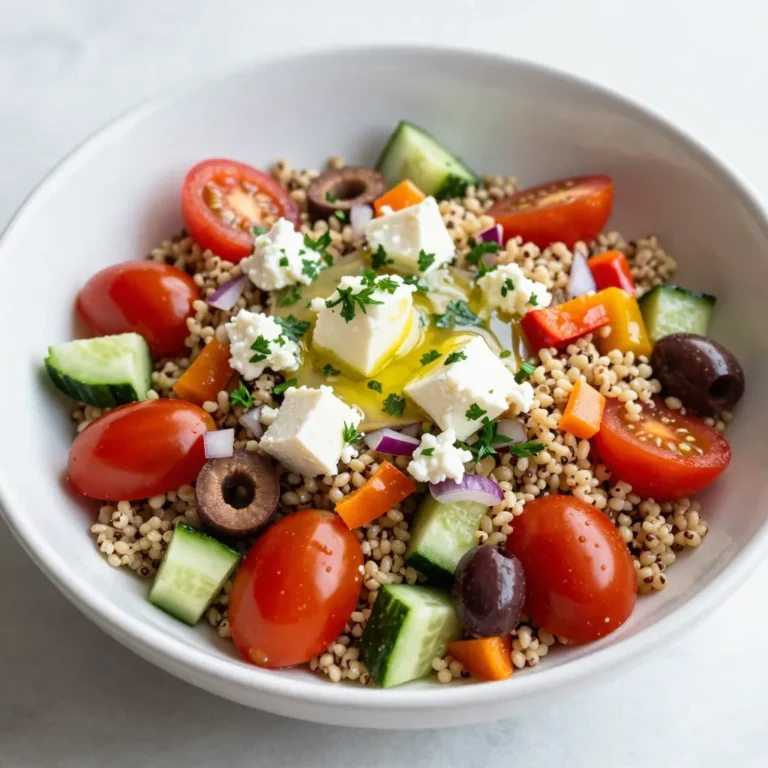 To make a perfect Mediterranean Quinoa Salad, gather these key ingredients: - 1 cup quinoa, rinsed - 2 cups water or vegetable broth - 1 cup cherry tomatoes, halved - 1 cucumber, diced - 1 bell pepper (red or yellow), diced - 1/2 cup red onion, finely chopped - 1/2 cup Kalamata olives, pitted and sliced - 1/2 cup feta cheese, crumbled - 1/4 cup fresh parsley, chopped - 1/4 cup extra virgin olive oil - 3 tablespoons lemon juice - 1 teaspoon dried oregano - Salt and pepper to taste These ingredients give the salad its bright colors and fresh flavors. The quinoa is the base, while the veggies provide crunch and taste. Kalamata olives and feta cheese add a salty touch. You can customize your salad with these tasty add-ins: - Avocado for creaminess - Artichoke hearts for a tangy kick - Chickpeas for added protein - Roasted red peppers for sweetness These add-ins can enhance the dish. Feel free to mix and match based on your taste. Fresh herbs elevate the salad's flavor profile. I suggest: - Fresh basil for a sweet note - Fresh mint for a refreshing touch - Extra lemon juice for brightness Use these herbs to make your salad unique. They add depth and aroma, making each bite exciting. {{ingredient_image_1}} To start, measure 1 cup of quinoa and rinse it well under cool water. Rinsing helps remove any bitter taste. Next, in a medium saucepan, combine the rinsed quinoa with 2 cups of water or vegetable broth. Bring this mixture to a boil over high heat. Once it boils, reduce the heat to low. Cover the pan and let it simmer for about 15 minutes. When the quinoa is done, it should look fluffy and all the water should be absorbed. Remove it from heat and let it cool. While the quinoa cools, wash and chop your vegetables. Take 1 cup of cherry tomatoes and cut them in half. Dice 1 cucumber and 1 bell pepper. I like to use red or yellow for color. Finely chop 1/2 cup of red onion and slice 1/2 cup of Kalamata olives. In a large mixing bowl, combine all these chopped veggies along with 1/2 cup of crumbled feta cheese. This mix adds a lot of flavor and color to your salad. In a small bowl, whisk together 1/4 cup of extra virgin olive oil, 3 tablespoons of lemon juice, 1 teaspoon of dried oregano, salt, and pepper. This dressing will bring all the flavors together. Once your quinoa has cooled, add it to the large bowl with the veggies. Pour the dressing over everything and gently toss to mix all the ingredients well. Finally, add 1/4 cup of chopped fresh parsley and give it one last gentle toss. Let the salad sit for at least 15 minutes. This waiting time helps the flavors blend nicely. To cook quinoa perfectly, start by rinsing it well. Rinsing removes bitter saponins. Use a medium saucepan and add 1 cup of quinoa and 2 cups of water or vegetable broth. Bring it to a boil. Once boiling, lower the heat and cover the pot. Let it simmer for about 15 minutes. Check it after 15 minutes. If the water is gone and the quinoa looks fluffy, it’s done. If not, cook it a few more minutes. After cooking, let it sit covered for 5 minutes. This step helps it stay fluffy. I love serving this salad in a big bowl. Add some extra feta cheese on top for a nice touch. You can also drizzle a bit of olive oil just before serving. This adds a great flavor boost. For a fun twist, serve it in lettuce cups or alongside grilled chicken. If you want to make it a full meal, pair it with some crusty bread or hummus. Letting the salad sit for at least 15 minutes is key. This allows the flavors to mix well. You can even make it a few hours ahead. Just keep it in the fridge until you are ready to serve. If you do this, the salad will taste even better! Pro Tips Rinse Your Quinoa: Rinsing quinoa before cooking helps remove its natural coating, called saponin, which can make it taste bitter. Use Broth for Extra Flavor: Cooking quinoa in vegetable broth instead of water enhances its flavor, making the salad even more delicious. Let It Chill: Allowing the salad to sit for at least 15 minutes before serving helps the flavors meld together for a more cohesive taste. Customize Your Veggies: Feel free to add or substitute other vegetables based on your preference or seasonal availability for a unique twist. {{image_2}} You can add protein to this salad for more energy. Grilled chicken works well. Just chop it into bite-sized pieces. You can also use chickpeas or black beans for a plant-based option. Both add a nice texture and flavor. If you like seafood, try adding shrimp or tuna. They pair well with the fresh veggies. Feel free to change the vegetables based on what you have. In summer, add zucchini or radishes for crunch. In fall, roasted sweet potatoes or butternut squash add warmth. You can also switch the bell pepper for a spicy jalapeño if you enjoy heat. This salad is great for using up what’s fresh and in season. To make this salad vegan, skip the feta cheese. You can use vegan cheese instead. Or, add avocado for creaminess. If you want a nutty flavor, toss in some toasted pine nuts or sunflower seeds. This keeps the salad rich while staying plant-based. Just remember to check that your dressing is dairy-free too! To keep your Mediterranean quinoa salad fresh, store it in an airtight container. This will prevent air from getting in and keep the flavors intact. Place the container in the fridge. The salad stays good for about three to four days. If you notice any sogginess, just give it a gentle toss. Meal prep can make cooking easier. Cook a larger batch of quinoa at once. Store it separately from the veggies and dressing. This way, your salad won’t get mushy. Mix it all together right before you eat. You can keep the ingredients fresh for about a week. Freezing quinoa salad is a bit tricky. Quinoa can freeze well, but the veggies and dressing may not. If you want to freeze it, pack only the quinoa in a freezer-safe bag. You can keep it in the freezer for up to three months. Thaw it overnight in the fridge before using. Add fresh veggies and dressing right before serving. Yes, you can make this salad ahead of time. This dish tastes even better after sitting for a while. You can prepare it a day in advance. Just store it in the fridge. The flavors mix and deepen, making each bite more tasty. Quinoa salad is very healthy. Quinoa is a grain that is high in protein. It also has fiber, vitamins, and minerals. The fresh vegetables add more nutrients. This salad is low in calories and full of good fats from olive oil. It is great for heart health and helps you feel full. You can swap ingredients based on what you have. Here are some options: - Use brown rice or farro instead of quinoa for a different grain. - Try any bell pepper color or use chopped carrots for crunch. - Feta cheese can be replaced with goat cheese or avocado for creaminess. - Use any olives you like; green olives work well too. - For a zestier flavor, add a splash of vinegar or some chopped garlic. This post covered how to make a delicious Mediterranean quinoa salad. We looked at essential ingredients and add-ins to boost flavor. I shared step-by-step instructions for cooking quinoa and making the dressing. Tips for fluffy quinoa and best serving ideas were also included. In conclusion, this salad is healthy, tasty, and easy to customize. Whether you serve it fresh or store leftovers, it can brighten any meal. Enjoy making it your own!