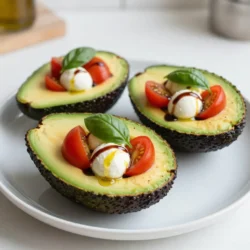 To make Caprese Stuffed Avocados, gather these fresh ingredients: - 2 ripe avocados - 1 cup cherry tomatoes, halved - 1 cup fresh mozzarella balls (bocconcini), halved - 1/4 cup fresh basil leaves, torn - 2 tablespoons balsamic glaze - 1 tablespoon olive oil - Salt and pepper to taste You can use fresh ingredients for the best flavor. However, if you want alternatives: - Cherry tomatoes can be swapped with grape tomatoes. - Use mozzarella cheese cubes if you can’t find balls. - Fresh basil gives the best taste, but dried basil works in a pinch. - Avocados: High in healthy fats. They help keep your heart strong. - Tomatoes: Full of vitamins, especially vitamin C. They support skin health. - Mozzarella: A good source of protein and calcium. It helps build strong bones. - Basil: Contains antioxidants. It can help reduce inflammation. - Balsamic glaze: Adds flavor without many calories. It can help enhance the dish. Enjoy this healthy and tasty dish! {{ingredient_image_1}} Start by cutting each avocado in half. Use a sharp knife for this. Remove the pit carefully. Take a spoon and scoop out some flesh from the center. This makes room for the filling. You can save the scooped avocado for later use. If you like, mash it for a tasty dip. In a bowl, combine the halved cherry tomatoes and mozzarella balls. Add the torn basil leaves for freshness. Drizzle in the olive oil. This adds flavor and helps blend the ingredients. Sprinkle salt and pepper to taste. Mix everything gently. You want the flavors to meld without breaking the cheese. Now, take the avocado halves. Spoon the tomato and mozzarella mixture into each half. Fill them generously, so they look inviting. Drizzle balsamic glaze on top. This adds a sweet and tangy kick. Serve your Caprese stuffed avocados right away. They make a great appetizer or light meal. Enjoy the fresh flavors! To get the best avocados, look for smooth skin and a slight give when pressed. Ripe avocados should feel soft but not mushy. If you find hard avocados, you can speed up ripening by placing them in a brown bag. This traps ethylene gas, which helps them ripen faster. Check them daily until they reach the right softness. To boost flavor, try adding a squeeze of lemon juice to the filling. This adds brightness and keeps the avocado from browning. You can also mix in some minced garlic for a bolder taste. Consider adding a sprinkle of red pepper flakes for heat. These small changes can elevate the dish and surprise your guests. For a beautiful presentation, use a large platter. Arrange the stuffed avocados in a circle or a line. Drizzle extra balsamic glaze on the plate for a fancy look. You can also garnish with whole basil leaves or cherry tomatoes for a vibrant touch. The visual appeal makes the dish even more inviting. Pro Tips Choose Perfect Avocados: Look for avocados that yield slightly to gentle pressure, indicating they are ripe and ready for stuffing. Customize Your Filling: Feel free to add ingredients like diced cucumbers, olives, or even grilled chicken to the tomato and mozzarella mixture for additional flavor and texture. Make It Ahead: Prepare the filling in advance, but wait to stuff the avocados until just before serving to keep them fresh and prevent browning. Elevate with Seasoning: Experiment with different herbs like oregano or a pinch of red pepper flakes for a spicy kick to your Caprese stuffed avocados. {{image_2}} You can make Caprese stuffed avocados even more filling. Just add grilled chicken or shrimp. For chicken, grill or sauté it first. Cut it into small pieces and mix it with the tomatoes and mozzarella. For shrimp, grill or sauté until pink. Then, chop and add it to your mix. This twist gives you extra protein and flavor. You can easily make this dish vegan or dairy-free. Replace mozzarella with vegan cheese or leave it out. Instead, add diced cucumbers for crunch. You can also use avocado or chickpeas for added texture. The balsamic glaze will still add great flavor and keep it fresh. While balsamic glaze is tasty, try other dressings too. A lemon vinaigrette adds a bright flavor. Simply mix olive oil, lemon juice, salt, and pepper. You can also use a pesto drizzle for a herby twist. Experiment with different flavors to find what you love best. To store leftover Caprese stuffed avocados, place them in an airtight container. Cover the container tightly to keep air out. You can keep them in the fridge for up to two days. This helps keep the avocados from browning too quickly. If you notice browning, squeeze a little lemon juice on the exposed flesh. I do not recommend freezing stuffed avocados. The texture of both the avocado and the cheese changes when frozen. If you want to make some parts ahead, you can freeze the tomato and mozzarella mix. Just store it in a freezer-safe bag. Thaw it in the fridge before mixing it with fresh avocados. To keep your Caprese stuffed avocados fresh, follow these tips: - Use ripe avocados but not overripe ones. - Only stuff the avocados when you are ready to serve. - If you must store them, keep the stuffing and avocado halves separate. - Always use fresh ingredients. This will help maintain flavor and texture. Yes, you can make Caprese Stuffed Avocados ahead of time, but they taste best fresh. If you prepare them in advance, store the filling separately from the avocado. This keeps the avocado from browning. When ready to serve, simply scoop the filling into the avocado halves. Caprese Stuffed Avocados pair well with many dishes. You can serve them with crusty bread or crackers. A light salad adds freshness, too. Grilled chicken or shrimp can make it a full meal. You can also enjoy them with a glass of crisp white wine. Yes, Caprese Stuffed Avocados are healthy. They contain good fats from avocados and protein from mozzarella. The tomatoes and basil add vitamins and flavor. This dish is low in carbs, making it a smart choice for many diets. Enjoy as a light meal or snack that is both tasty and nutritious. Caprese stuffed avocados blend fresh ingredients with easy steps. We explored the best options for your filling and toppings. You learned how to pick ripe avocados and enhance flavors. Plus, we discussed protein options and storage tips for leftovers. In short, these stuffed avocados are tasty, healthy, and fun to make. You can impress your friends and enjoy a delicious meal. Use this guide to create your own Caprese concoctions!