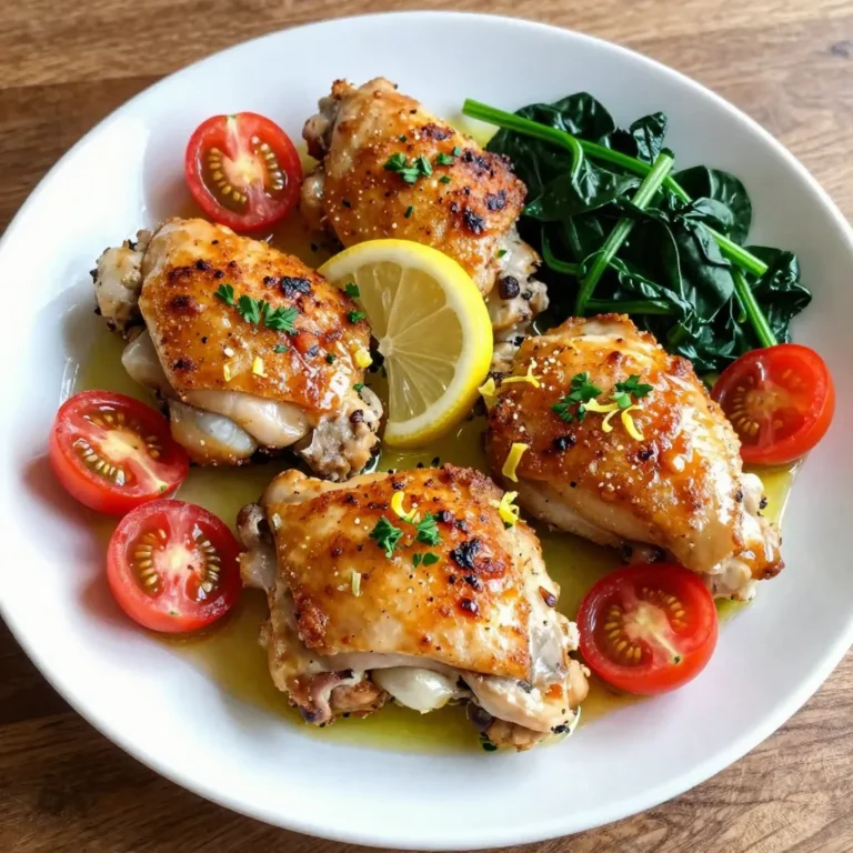 - 4 bone-in, skin-on chicken thighs - 2 tablespoons olive oil - 3 cloves garlic, minced - 1 teaspoon dried oregano - 1 teaspoon dried thyme - 1 teaspoon smoked paprika - Zest and juice of 1 lemon - Salt and pepper to taste - 1 cup cherry tomatoes, halved - 1 cup fresh spinach - Fresh parsley, chopped for garnish When making One-Pan Lemon Herb Chicken Thighs, these ingredients come together to create a dish full of flavor. Start with chicken thighs that have skin and bones. The skin adds crispiness, while the bones keep the meat juicy. Use good olive oil, as it enhances the dish. Fresh garlic gives a strong taste that pairs well with lemon. For seasoning, dried oregano and thyme add herbal notes. Smoked paprika brings a subtle smokiness. Fresh lemon zest and juice brighten the dish with tang. Don't forget salt and pepper; they help balance the flavors. You can add cherry tomatoes for a sweet touch. They roast beautifully and burst in your mouth. Fresh spinach wilts nicely, adding color and nutrients. Lastly, sprinkle fresh parsley on top for a pop of green. These simple ingredients make a wonderful meal that is sure to impress. {{ingredient_image_1}} 1. Preheat your oven to 400°F (200°C). This step gets your oven ready for cooking. 2. In a large, oven-safe skillet, heat 2 tablespoons of olive oil over medium-high heat. This will create a nice, hot base for your chicken. 3. Season the 4 chicken thighs with salt, pepper, 1 teaspoon of dried oregano, 1 teaspoon of dried thyme, and 1 teaspoon of smoked paprika. Make sure to coat each piece well. 1. Place the chicken skin-side down in the hot skillet. Sear for about 5-7 minutes until the skin turns golden brown. This step adds great flavor and texture. 2. Flip the chicken thighs over. Now, add 3 minced garlic cloves, lemon zest, and juice from 1 lemon to the skillet. The lemon will brighten the dish. 3. Add 1 cup of halved cherry tomatoes around the chicken in the skillet. These will roast beautifully alongside the chicken. 4. Transfer the skillet to your preheated oven. Bake for 25-30 minutes until the chicken reaches an internal temperature of 165°F (75°C). 1. Five minutes before the chicken is done, add 1 cup of fresh spinach to the skillet. This will wilt nicely and add color. 2. Once cooked, remove the skillet from the oven. Let the chicken rest for 5 minutes before serving. This helps the juices settle. 3. Garnish with chopped fresh parsley for added flavor and a pop of color. Serve the chicken on a platter with pan juices and roasted tomatoes around it. Enjoy your meal! To make your One-Pan Lemon Herb Chicken Thighs even better, think about spices. You can add cumin, coriander, or rosemary for a twist. These spices will bring warmth and depth to your dish. Marinating chicken is key, too. Letting your chicken soak in lemon juice, garlic, and herbs will boost its taste. Even 30 minutes can make a big difference. Searing chicken is all about high heat. Start with a hot skillet and add olive oil. This helps to get a nice, crispy skin. Don't move the chicken around too much while it cooks. Let it sit for about 5-7 minutes. After flipping, you should see that golden brown color. To check for doneness, use a meat thermometer. The chicken should reach 165°F (75°C) in the thickest part. For plating, place the chicken on a large platter. Drizzle pan juices over the top for more flavor. Scatter wilted spinach and roasted tomatoes around the chicken for a pop of color. This looks great! For a wine pairing, try a crisp white wine like Sauvignon Blanc. This will enhance the lemon and herb flavors in your dish. Pro Tips Use a Meat Thermometer: To ensure perfectly cooked chicken, use a meat thermometer to check that the internal temperature reaches 165°F (75°C). Rest the Chicken: Let the chicken rest for 5 minutes after baking. This allows the juices to redistribute, keeping the meat juicy and flavorful. Customize the Herbs: Feel free to swap out the dried oregano and thyme for your favorite herbs, such as rosemary or basil, for a different flavor profile. Add More Veggies: Incorporate additional vegetables like zucchini or bell peppers to the skillet for a heartier meal with more nutrients. {{image_2}} You can swap out chicken for turkey or tofu. Turkey thighs work well too. They have a similar taste and texture. Just adjust the cooking time. Turkey may need a few extra minutes to cook through. If using tofu, choose firm or extra-firm tofu for best results. Cut it into cubes and adjust the cooking time to about 20 minutes. Be sure to check that tofu is golden brown and heated all the way through. You can add more vegetables to your dish. Try carrots, zucchini, or bell peppers. These veggies add color and flavor. Adjust your flavors based on what is in season. For example, in fall, use butternut squash or Brussels sprouts. In summer, fresh corn or green beans can enhance the dish. Simply toss them in with the tomatoes before baking. Using fresh herbs can boost the taste of your meal. Fresh thyme, oregano, or rosemary add bright flavors. You can use three times more fresh herbs than dried. Fresh herbs give a stronger taste, so adjust according to your preference. Flavor pairings like basil with tomatoes or dill with lemon also work well. Don’t hesitate to experiment to find your favorite mix! To keep your One-Pan Lemon Herb Chicken Thighs fresh, follow these tips: - Let the chicken cool completely before storing. - Place the chicken in an airtight container. - Store it in the fridge for up to 3 days. - For longer storage, freeze the chicken. - Wrap it tightly in plastic wrap or foil before placing it in a freezer-safe bag. - It can last in the freezer for up to 3 months. When it's time to enjoy leftovers, use these methods: - For the best results, reheat in the oven. - Preheat your oven to 350°F (175°C). - Place the chicken in a baking dish and cover it with foil. - Bake for 20 minutes or until warmed through. - You can also reheat it in a skillet on low heat. - Add a splash of chicken broth to keep it juicy while reheating. - Avoid the microwave, as it can dry out the chicken. - Always check the internal temperature. It should reach 165°F (75°C) before serving. Yes, you can use boneless chicken thighs. They cook faster than bone-in thighs. This can save time in the kitchen. However, bone-in thighs have more flavor and moisture. The bone helps keep the meat juicy. If you choose boneless thighs, reduce the cooking time by about 10 minutes. You can serve many sides with this dish. Here are some great options: - Garlic mashed potatoes - Steamed broccoli - Roasted vegetables - Quinoa salad - Rice pilaf These sides balance the chicken's flavors and make a full meal. To check if your chicken is done, use a meat thermometer. Insert it in the thickest part of the thigh. The chicken should reach 165°F (75°C). If you don’t have a thermometer, look for clear juices. If the juices run clear and the meat is no longer pink, it’s cooked. Let the chicken rest for five minutes before serving. This helps keep it juicy. You learned how to make One-Pan Lemon Herb Chicken Thighs with simple steps and ingredients. We discussed the main ingredients like chicken, garlic, and fresh herbs. You also explored tips for flavor, cooking techniques, and variations to change the dish. By understanding storage and reheating, you can enjoy leftovers too. This recipe is easy to follow and sure to impress. You can make it your own with personal touches. Enjoy your cooking adventure!