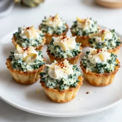- Spinach - Artichoke hearts Spinach gives our bites a bright green color and a fresh taste. I use one cup of chopped fresh spinach. It’s packed with vitamins and adds a nice crunch. For the artichoke hearts, I use one cup from a can. Make sure they are drained and chopped. Artichokes bring a slightly tangy flavor that pairs well with the spinach. - Cream cheese - Sour cream - Grated Parmesan cheese - Shredded mozzarella cheese For creaminess, I use one cup of softened cream cheese. It makes the dip rich and smooth. I also add half a cup of sour cream, which adds a bit of tang. To bring in flavor, I mix in half a cup of grated Parmesan cheese. Lastly, I use half a cup of shredded mozzarella cheese for that melty goodness. This combination gives the bites a creamy texture that everyone loves. - Garlic - Lemon juice - Red pepper flakes - Salt and pepper I enhance the flavor with one clove of minced garlic. Garlic gives a nice aroma and depth. I add one teaspoon of lemon juice for brightness. If you like a kick, include half a teaspoon of red pepper flakes. Always season with salt and pepper to taste. These spices make the filling pop and keep it interesting. - Phyllo pastry cups For the base, I use phyllo pastry cups. A package usually contains 15-20 cups. These cups create a crispy shell that holds the creamy filling well. They are easy to work with and bake up beautifully. This adds a delightful crunch to every bite. {{ingredient_image_1}} First, you need to preheat your oven to 375°F (190°C). This step is key to getting those bites nice and crispy. While the oven heats, gather your ingredients. You will need: - 1 cup fresh spinach, chopped - 1 cup canned artichoke hearts, drained and chopped - 1 cup cream cheese, softened - 1/2 cup sour cream - 1/2 cup grated Parmesan cheese - 1/2 cup shredded mozzarella cheese - 1 clove garlic, minced - 1 teaspoon lemon juice - 1/2 teaspoon red pepper flakes (optional for a kick) - Salt and pepper to taste - 1 package of phyllo pastry cups (about 15-20 cups) Now, let’s mix the filling. In a large bowl, combine the chopped spinach, artichoke hearts, cream cheese, sour cream, Parmesan cheese, mozzarella cheese, minced garlic, lemon juice, and red pepper flakes. Use a spatula or spoon to mix until it’s creamy and well combined. Next, season the mixture with salt and pepper. This step adds flavor, so taste it as you go! You want it to be just right. Once your filling is ready, it’s time to assemble. Place the phyllo pastry cups on a baking sheet. Carefully fill each cup with a generous scoop of that creamy spinach artichoke mixture. Don’t be shy—make sure they are full! Now, bake them in the preheated oven for about 15 to 20 minutes. Look for a golden brown color and bubbly cheese on top. This is when they are perfect. After baking, take them out and let them cool for a few minutes before serving. To make your Spinach Artichoke Dip Bites shine, adjust the seasonings. Start with the basics like salt and pepper. Taste your mixture before baking. If you want a kick, add red pepper flakes. You can also swap in different cheeses, like feta or Swiss, for a unique twist. For even cooking, place the phyllo cups on a flat baking sheet. This helps them cook uniformly. Set your oven to 375°F (190°C) to get that perfect golden brown color. It usually takes about 15-20 minutes. Keep an eye on them. The cheese should be bubbly, and the cups crispy. Serve your Spinach Artichoke Dip Bites on a colorful platter. This adds visual appeal. Sprinkle some extra Parmesan cheese on top. Add a few fresh spinach leaves for a pop of color. These small touches make your dish look more inviting and festive. Pro Tips Use Fresh Ingredients: Always opt for fresh spinach and high-quality artichoke hearts for the best flavor and texture in your dip. Experiment with Cheese: Feel free to mix different cheeses like cheddar or pepper jack for a unique twist on the classic recipe. Make Ahead: Prepare the filling in advance and store it in the fridge. Fill the phyllo cups just before baking for optimal crispiness. Adjust Spiciness: Customize the heat level by adding more or less red pepper flakes, or even try mixing in some diced jalapeños for an extra kick. {{image_2}} For those who need gluten-free options, use gluten-free phyllo cups. Many brands offer gluten-free pastry alternatives. You can also make your own cups using gluten-free flour. This way, everyone can enjoy these tasty bites. If you're looking for dairy-free substitutes, swap the cream cheese and sour cream with cashew cream or a dairy-free cream cheese. Nutritional yeast can replace Parmesan cheese for a cheesy flavor without dairy. These changes keep the dish creamy and flavorful. You can add spices or herbs to make the dip more interesting. Try adding garlic powder or onion powder for more depth. Fresh herbs like basil or parsley can brighten the flavor. If you want a spicy kick, increase the red pepper flakes or add diced jalapeños. Using different cheeses can also change the flavor. Swap mozzarella for cheddar or gouda to add a unique taste. Mixing cheeses creates a delightful blend that can surprise your guests. You can serve Spinach Artichoke Dip Bites in several ways. Instead of phyllo cups, use tortilla chips or vegetable sticks for dipping. These options give a fun twist on the classic recipe. If you want to transform this dish into a dip, skip the cups and bake the mixture in a dish. Serve with pita chips, baguette slices, or fresh veggies. This style is perfect for larger gatherings. To store leftovers, place the Spinach Artichoke Dip Bites in an airtight container. Make sure the bites cool completely before sealing. This keeps them fresh for up to three days in the fridge. When you want to reheat them, preheat your oven to 350°F (175°C). Place the bites on a baking sheet and heat for about 10-12 minutes. This method helps maintain their crispiness. You can freeze these bites before or after baking. If freezing before baking, place the filled phyllo cups on a baking sheet. Freeze them until solid, then transfer them to a freezer bag. They can stay in the freezer for up to three months. To bake from frozen, preheat your oven to 375°F (190°C) and bake for about 20-25 minutes. If you freeze the bites after baking, wait until they cool down. Store them in an airtight container. When you’re ready to eat, let them thaw in the fridge overnight. Reheat them in the oven at 350°F (175°C) for around 10-15 minutes until warm. This keeps their flavor and texture intact. Spinach Artichoke Dip Bites are small, tasty snacks. They combine spinach, artichokes, and cheese in phyllo pastry cups. You bake them until golden brown. Each bite is creamy and full of flavor. They are perfect for parties or gatherings. Yes, you can prepare these bites in advance. Mix the filling and store it in the fridge. You can fill the pastry cups right before baking. If you want, you can bake them ahead, cool, and store in the fridge. Reheat before serving for the best taste. To add heat, increase the red pepper flakes in the filling. You can also mix in diced jalapeños for extra spice. Another option is to serve with a spicy dipping sauce. Adjust the heat level to fit your taste. This post covered making tasty Spinach Artichoke Dip Bites. We talked about fresh ingredients like spinach and artichoke hearts, creamy dairy, and spices. Step-by-step instructions guide you from prep to golden bites. You can adjust flavors and modify for diets. Storing them is easy, whether in the fridge or freezer. With these tips, you’ll impress friends and family. Enjoy your cooking and make these bites a regular treat!