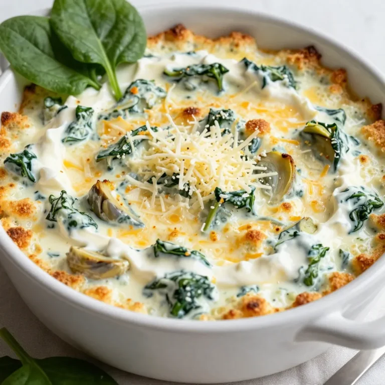 - 1 cup fresh spinach, chopped - 1 cup artichoke hearts, drained and chopped - 1 cup cream cheese, softened - 1/2 cup sour cream - 1/2 cup mayonnaise - 1 cup shredded mozzarella cheese - 1/2 cup grated Parmesan cheese - 2 garlic cloves, minced - 1 tablespoon lemon juice - Salt and pepper to taste - Optional: red pepper flakes for a kick To make a tasty Cheesy Spinach Artichoke Dip, gather these simple ingredients. Fresh spinach adds a nice green touch. Chopped artichoke hearts give it a unique flavor. Cream cheese is the creamy base that ties everything together. Sour cream and mayonnaise add smoothness and richness. Mozzarella cheese brings a wonderful meltiness, while Parmesan adds a savory bite. Garlic gives the dip a strong, flavorful punch, and lemon juice brightens it up. You can add salt and pepper to make it just right. If you want some heat, red pepper flakes are a great option. Each ingredient plays an important role in creating that delicious, cheesy dip everyone loves. {{ingredient_image_1}} 1. Preheat your oven to 350°F (175°C). This step warms the oven for the dip. It helps the dip cook evenly. 2. In a mixing bowl, combine the cream cheese, sour cream, and mayonnaise. Use a spatula to mix until smooth. This creates a creamy base for the dip. 3. Add the chopped spinach, artichoke hearts, minced garlic, lemon juice, and both cheeses. Mix everything together until well combined. This adds great flavor and texture to the dip. 4. Season the mixture with salt, pepper, and optional red pepper flakes. Taste as you go to find the right balance. This step enhances the flavor and gives it a little kick. 1. Transfer the dip into a baking dish. Spread it evenly across the dish to ensure even baking. This helps the dip heat up nicely. 2. Bake in the preheated oven for about 25-30 minutes. Look for a bubbly, golden top. This means the dip is ready. 3. Check for doneness. The dip should be hot throughout and the top golden. If it's not there yet, give it a few more minutes. Enjoy the delicious aroma as it cooks! To make your Cheesy Spinach Artichoke Dip shine, add some fun spices. Garlic powder works great. It boosts the garlic flavor and adds depth. You can also sprinkle in some onion powder for extra taste. For a zesty twist, consider adding a dash of lemon zest. This will brighten the dip and make it more lively. If you like heat, red pepper flakes are your friend. Start with a pinch and taste it. You can always add more if you want a spicier kick. Remember to balance the flavors. Too much salt can overpower the dip, so taste as you go. Serve your dip warm for the best experience. I love pairing it with crunchy tortilla chips. They add a nice texture contrast. Sliced baguette is another great choice. You can also use fresh veggies like carrots and celery for a lighter option. For presentation, scoop the dip into a nice baking dish. You can sprinkle extra mozzarella on top before baking. It melts beautifully and looks great. Adding some fresh spinach leaves around the dip makes it pop. This simple touch makes your dish look even more inviting. Pro Tips Use Fresh Ingredients: Always opt for fresh spinach and artichoke hearts for the best flavor and texture in your dip. Adjust the Creaminess: Feel free to mix in some Greek yogurt instead of mayonnaise for a healthier alternative without sacrificing creaminess. Add More Cheese: For an extra cheesy dip, increase the amount of mozzarella or add a different cheese like cheddar for a unique twist. Serve It Hot: This dip is best enjoyed warm, so serve it immediately after baking and keep it in a warming dish if you have a party. {{image_2}} You can make this dip your own by swapping some ingredients. For cream cheese, try using Greek yogurt or cottage cheese. These options give a lighter taste and keep the dip creamy. If you want to add some protein, consider mixing in cooked chicken or crispy bacon. Chicken adds heartiness, while bacon gives a smoky flavor that everyone loves. If you prefer a vegan version, use cashew cream or a dairy-free cream cheese. This swap keeps the dip creamy and tasty. For gluten-free diets, make sure to choose gluten-free mayonnaise. This way, everyone can enjoy this cheesy spinach artichoke dip without worry. To keep your Cheesy Spinach Artichoke Dip fresh, store it in the fridge. Use an airtight container. This way, it stays tasty for up to three days. Just make sure it cools down first before sealing it. If you want to keep it longer, you can freeze it. Place the dip in a freezer-safe container. Make sure to leave some space at the top. This accounts for expansion when it freezes. You can freeze it for up to three months. When you are ready to enjoy your leftovers, reheating is key. The best way to reheat the dip is in the oven. Preheat it to 350°F (175°C). Place your dip in an oven-safe dish, and cover it with foil. This helps it heat evenly and stay moist. Bake it for about 20 minutes. You can also use the microwave. Place your dip in a microwave-safe bowl. Heat it in short bursts of 30 seconds, stirring in between. This helps avoid hot spots and keeps the texture nice. When it's warm and bubbly, it’s ready to serve again! Can I make Cheesy Spinach Artichoke Dip ahead of time? Yes, you can make this dip ahead of time. Prepare it, then store it in the fridge. Just cover it well. When ready to serve, bake it as directed. This saves time at your party. How long does it last in the fridge? This dip lasts about 3 to 4 days in the fridge. Make sure to keep it in an airtight container. If you want to keep it longer, consider freezing it. Is it possible to use frozen spinach instead? Yes, you can use frozen spinach. Just thaw it and drain excess water. This helps avoid a watery dip. It won't taste quite as fresh, but it works well. Can I omit any ingredients? You can omit some ingredients if needed. For example, skip the red pepper flakes for less heat. You can also use less cheese if you prefer a lighter dip. What's the best way to serve this dip? Serve the dip warm for the best flavor. Use tortilla chips, sliced baguette, or fresh veggies for dipping. For a nice touch, sprinkle extra cheese or spinach on top before serving. To sum up, we explored how to make a tasty Cheesy Spinach Artichoke Dip. You learned about the ingredients, preparation steps, baking instructions, and even tips to enhance flavor. Variations allow you to customize it for your needs, and storage info helps keep it fresh. This dip is simple to make and perfect for sharing. Enjoy creating this delicious treat at home and impress your friends!