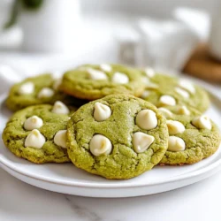 To make Matcha White Chocolate Cookies, you will need: - 1 cup all-purpose flour - 1/2 cup matcha powder - 1/2 teaspoon baking soda - 1/4 teaspoon salt - 1/2 cup unsalted butter, softened - 1/2 cup brown sugar, packed - 1/4 cup granulated sugar - 1 large egg - 1 teaspoon vanilla extract - 1 cup white chocolate chips Each ingredient plays a key role. All-purpose flour provides the base. Matcha powder gives the cookies their vibrant green color and a unique flavor. Baking soda helps them rise, while salt enhances the sweetness. Unsalted butter is best for a rich taste. Brown sugar adds moisture and depth, while granulated sugar balances the sweetness. The egg binds all the ingredients together. Vanilla extract adds warmth, and white chocolate chips bring creaminess. With these ingredients ready, you can dive into baking. The blend of matcha and white chocolate creates a delightful treat. Enjoy the process and the delicious results! {{ingredient_image_1}} First, preheat your oven to 350°F (175°C). This step is key for even baking. While the oven warms up, take a baking sheet and line it with parchment paper. This helps prevent sticking and makes cleanup easy. In a medium bowl, sift together 1 cup of all-purpose flour and 1/2 cup of matcha powder. Sifting ensures no lumps and blends the matcha well. Next, add 1/2 teaspoon of baking soda and 1/4 teaspoon of salt. Mix these dry ingredients and set the bowl aside for later use. In a large mixing bowl, soften 1/2 cup of unsalted butter. Use a hand mixer or a spatula to mix it with 1/2 cup of brown sugar and 1/4 cup of granulated sugar. Mix until it is light and fluffy. This usually takes about 2-3 minutes. Then, add in 1 large egg and 1 teaspoon of vanilla extract. Stir until everything is well combined. Now, gradually add your dry mixture into the wet mixture. Stir until just combined. Be careful not to overmix; you want the dough to stay light. Once combined, fold in 1 cup of white chocolate chips. Make sure they are evenly mixed in. Using a tablespoon or a cookie scoop, drop rounded balls of dough onto the prepared baking sheet. Space them about 2 inches apart to allow room for spreading. Bake in your preheated oven for 10-12 minutes. The edges should be lightly golden. The centers may look slightly underbaked; they will firm up while cooling. After baking, let the cookies cool on the baking sheet for 5 minutes. This helps them set. Then, transfer them to a wire rack to cool completely. For presentation, serve the cookies on a decorative plate. Dust a little extra matcha powder on top for a vibrant touch. Enjoy them with a cup of green tea for a delightful treat! - Avoiding overmixing: Mix the dough just until the ingredients blend. Overmixing makes cookies tough. You want a soft, tender texture. When you see no flour streaks, stop mixing. - Ensuring proper oven temperature: Always preheat your oven to 350°F (175°C) before baking. An oven thermometer helps check if your oven is accurate. Baking at the right temperature gives you a nice rise and golden edges. - Adding more matcha or complementary flavors: If you love matcha, add an extra tablespoon in the mix. You can also try adding a hint of almond extract for a nutty flavor. It pairs well with the white chocolate. - Tips for using high-quality ingredients: Choose a good-quality matcha powder for the best taste. Look for vibrant green color and a fine texture. Also, use real butter instead of margarine for richer flavor. - Mismeasuring ingredients: Always measure your flour and sugars carefully. Too much or too little can change the cookie's texture. Use a kitchen scale for accuracy if you can. - Skipping the cooling step: After baking, let the cookies cool on the sheet for 5 minutes. This helps them set and makes them easier to move. Skipping this step can lead to broken cookies. Pro Tips Use High-Quality Matcha: Opt for culinary-grade matcha to ensure a vibrant color and rich flavor in your cookies. Chill the Dough: For thicker cookies, chill the dough for 30 minutes before baking. This helps the cookies maintain their shape. Don’t Overbake: To keep the cookies soft and chewy, remove them from the oven when the edges are golden but the centers look slightly underbaked. Experiment with Add-ins: Try adding chopped nuts or dried cranberries for a unique twist on the classic flavor profile. {{image_2}} You can make these cookies gluten-free. Use a gluten-free flour mix instead of all-purpose flour. This swap keeps the taste great. For vegan cookies, swap the egg with a flax egg. Mix one tablespoon of flaxseed meal with three tablespoons of water. Let it sit for five minutes to thicken. You can also use vegan butter to replace the regular butter. These changes let anyone enjoy these cookies. Add some fun to your cookies! You can mix in chopped nuts like walnuts or pecans. Dried fruits such as cranberries or cherries also add a nice touch. They give a chewy texture and burst of flavor. You might want to try dark chocolate chips instead of white chocolate. Dark chocolate gives a rich taste that pairs well with matcha. You can also use milk chocolate for a sweeter cookie. These cookies taste great with drinks. Pair them with green tea for a nice balance. A glass of milk also works well. If you want to get creative, make ice cream sandwiches. Just place a scoop of your favorite ice cream between two cookies. You can crumble cookies on top of ice cream for an added crunch. These ideas make for a fun dessert experience! To keep your Matcha White Chocolate Cookies fresh, use an airtight container. A glass jar or plastic container works well. Line the bottom with parchment paper to absorb moisture. This helps keep the cookies soft and chewy. You can freeze both the dough and baked cookies. To freeze dough, scoop it into balls and place them on a tray. Freeze until solid, then transfer to a zip-top bag. For baked cookies, let them cool completely. Wrap each cookie in plastic wrap, then place them in a freezer bag. To thaw, move the dough or cookies to the fridge overnight. For baked cookies, you can heat them in the oven at 350°F for about 5 minutes. This brings back their fresh-baked taste. These cookies last about one week at room temperature. If stored properly, frozen dough lasts about three months. Baked cookies can last two to three months in the freezer. Check for signs of spoilage. If they smell off or have a dry texture, it’s time to toss them. Enjoy your cookies while they're fresh for the best taste! What is the best matcha powder for baking? I recommend using culinary-grade matcha powder for baking. This type has a strong taste and bright color. Look for brands that are vibrant green. They often have a smoother flavor that works well in cookies. Can I omit the white chocolate chips? Yes, you can skip the white chocolate chips. The cookies will still taste great with just matcha. You might add nuts or dried fruit for extra flavor if you like. How do I know when the cookies are done baking? Check the edges of your cookies. They should be lightly golden. The centers may look soft. They will firm up as they cool, so don’t worry if they seem a bit underbaked. Are Matcha White Chocolate Cookies healthy? These cookies are a treat. They contain some healthy ingredients like matcha and butter. However, they also have sugar and chocolate. Enjoy them in moderation as part of a balanced diet. What are the health benefits of matcha? Matcha is rich in antioxidants. It can boost your metabolism and help with focus. Some studies suggest it may even lower stress. Adding matcha to your diet can be a tasty way to enjoy these benefits. Best places to buy matcha powder and white chocolate You can find matcha powder at health food stores or online. Many grocery stores also carry it now. For white chocolate, check the baking aisle of your local supermarket. Online retailers are great for specialty brands too. Recommendations for brands or stores For matcha, I like brands like Jade Leaf or Encha. They offer high-quality powders. For white chocolate, Ghirardelli and Guittard are my go-to choices. They melt well and taste great in cookies. In this article, I covered how to make Matcha White Chocolate Cookies. We discussed essential ingredients, step-by-step instructions for baking, and tips for perfecting your cookies. You learned about variations and how to store your cookies for freshness. Baking can be fun and rewarding. Now, you have all the tools to create these tasty treats at home. Enjoy experimenting with flavors and sharing your cookies with friends and family. Happy baking!