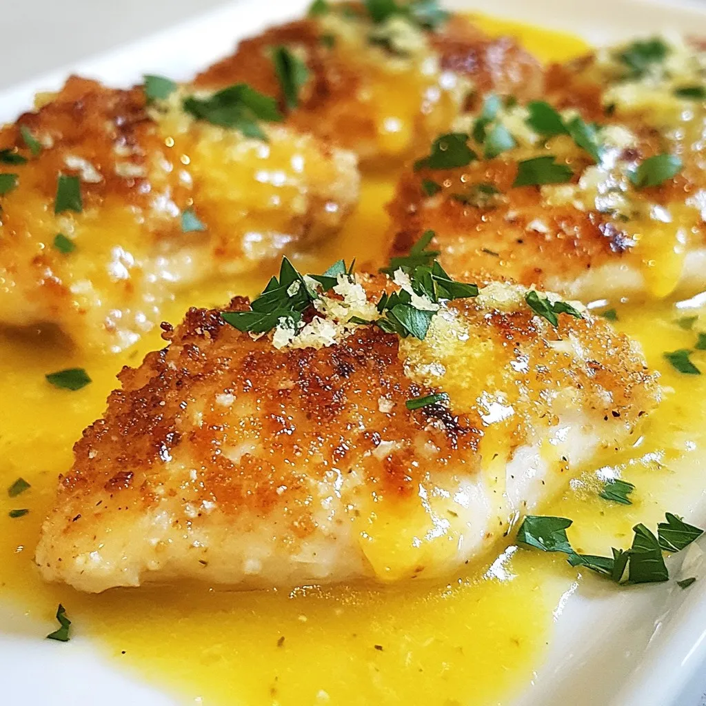 - Boneless, skinless chicken breasts: These keep the dish light and tender. They soak up flavors well. - All-purpose flour: This helps the coating stick. It creates a crispy outer layer when cooked. - Grated Romano cheese: It adds a salty, nutty flavor. Romano cheese gives a nice finish to the chicken. - Lemon zest: This brightens the dish. It gives a fresh, citrusy taste that lifts the flavors. - Garlic powder and dried oregano: These spices add depth. They enhance the overall flavor profile and aroma. - Salt, pepper, and fresh parsley: Simple seasonings bring out all the flavors. Parsley also adds a pop of color. - Olive oil: This is key for frying the chicken. It adds richness and helps achieve a golden crust. - Chicken broth: This is for making the sauce. It adds savory depth and ties all the flavors together. - Milk: This is mixed with eggs. It makes the coating richer and helps it stick better. {{ingredient_image_1}} First, you need to mix the dry ingredients. In a shallow dish, combine 1 cup of all-purpose flour, 1 teaspoon of garlic powder, and 1 teaspoon of dried oregano. Add salt and pepper to taste. This mixture adds flavor and helps the chicken crisp up. In another dish, whisk together 2 large eggs, 2 tablespoons of milk, and 2 tablespoons of lemon zest. This egg mixture will help the coating stick to the chicken. Finally, place 1 cup of grated Romano cheese in a third dish. This cheese gives the chicken a rich, savory flavor. Now, let's coat the chicken. Take a chicken breast and dredge it in the flour mixture. Remember to shake off any extra flour. Next, dip it in the egg mixture, fully coating it. Finally, press it into the grated Romano cheese, ensuring it sticks. Repeat this with all four chicken breasts. For cooking, heat 3 tablespoons of olive oil in a large skillet over medium heat. Once the oil is hot, add the coated chicken breasts. Cook each side for 4-5 minutes. You want them golden brown and fully cooked. The internal temperature should reach 165°F. Once done, remove the chicken and set it aside on a plate. In the same skillet, pour in 1 cup of chicken broth and 2 tablespoons of fresh lemon juice. Use a spatula to scrape up any bits stuck to the bottom. This adds great flavor. Bring the mixture to a simmer and let it reduce for about 3-4 minutes. The sauce should thicken slightly. Return the cooked chicken to the skillet. Spoon the sauce over the chicken, letting it warm for another 2 minutes. For serving, transfer the chicken to a platter and drizzle the sauce on top. Garnish with 2 tablespoons of chopped fresh parsley for a pop of color. Enjoy your Lemon Chicken Romano! To help the cheese stick well to the chicken, use a few tricks. First, make sure the chicken breasts are dry. Pat them with paper towels before you start. This helps the flour and cheese stick better. When coating, press the cheese onto the chicken firmly. This extra pressure helps it stay put while cooking. For even cooking, keep the heat steady. Start with medium heat and don’t rush. If the pan is too hot, the outside burns, but the inside stays raw. Cook the chicken for about 4-5 minutes on each side. Use a meat thermometer to check. Aim for 165°F inside to ensure it is safe to eat. You can add more spices to make this dish even better. Try adding a pinch of paprika or thyme for extra depth. These spices complement the lemon and Romano cheese nicely. For a good balance of acidity, use fresh lemon juice. It brightens the dish. You can also add a splash of white wine to the sauce for a deeper flavor. This little change can make a big difference. Plating is key for a beautiful dish. Start with a clean plate. Place the chicken in the center and drizzle the sauce over it. Scatter some chopped parsley on top for color. For side dishes, consider serving with steamed green beans or a light salad. These sides add freshness and pair well with the lemon flavor. You can also serve it with pasta or rice to soak up the sauce. Pro Tips Choose Quality Chicken: Opt for high-quality, fresh chicken breasts for the best flavor and texture in your dish. Perfect Breading Technique: Make sure to press the Romano cheese onto the chicken firmly to ensure it adheres well during cooking. Use a Thermometer: Check the internal temperature of the chicken with a meat thermometer to ensure it reaches 165°F for safe consumption. Enhance the Sauce: Add a splash of white wine to the sauce for an extra layer of flavor that complements the lemon and chicken beautifully. {{image_2}} You can give Lemon Chicken Romano a fun twist by adding vegetables. Spinach works great, adding color and nutrients. Tomatoes add a juicy burst of flavor. You can mix in these vegetables while cooking the chicken or add them to the sauce. Cheese is another way to switch things up. Parmesan is a nice substitute if you want a different taste. It melts well and gives a nutty flavor. You can also blend Romano with Parmesan for a rich cheese flavor. You can cook Lemon Chicken Romano in different ways. Baking is a healthier option. It keeps the chicken moist and makes cleanup easy. Simply place the coated chicken in a baking dish and bake at 375°F for about 25 minutes. Frying gives the chicken a crispy crust. Use a skillet with hot olive oil for best results. Cook each side for 4-5 minutes until golden brown. This method adds a nice crunch. Grilling is another fun method. It adds a smoky flavor that pairs well with the lemon. Marinate the chicken first for extra taste, then grill it until fully cooked. The sauce can change the whole dish. You can try different sauces to find your favorite. A simple garlic butter sauce can replace the broth and lemon. It adds a rich and savory taste. Using white wine can also enhance flavor. It adds depth and a slight acidity. Creamy sauces make the dish richer. Mixing cream with lemon juice gives a tangy twist that many enjoy. Experimenting with sauces can lead to new favorites! To store leftovers, let the chicken cool first. Place it in an airtight container. This way, it stays fresh longer. Use parchment paper between chicken layers to avoid sticking. Keep it in the fridge for up to three days. To freeze cooked chicken, let it cool completely. Wrap each piece in plastic wrap, then place it in a freezer bag. Squeeze out the air to prevent freezer burn. For best results, use it within three months. Thaw the chicken in the fridge overnight. To reheat, place it in a skillet over low heat until warm. Lemon Chicken Romano lasts about three days in the fridge. Look for signs of spoilage, such as an off smell or slimy texture. If you see these signs, it's best to toss it. Always trust your senses when it comes to food safety. Lemon Chicken Romano is a bright and tasty dish. It features chicken breasts coated in flour, eggs, and grated Romano cheese. This dish likely comes from Italian-American kitchens, where flavors shine. The lemon adds a fresh zing. You can serve it as a main course with a side of veggies or pasta. Yes, you can make it gluten-free! For the flour, use gluten-free all-purpose flour. You can also swap regular chicken broth with gluten-free broth. Check labels to ensure they meet your needs. This way, you can enjoy the same great taste without gluten. I recommend serving Lemon Chicken Romano with a few tasty sides. Here are some great options: - Garlic mashed potatoes - Steamed broccoli or green beans - A fresh garden salad - Lemon-herb rice These sides complement the dish's tangy flavor and add color to your plate. To scale the recipe for more servings, simply multiply the ingredients. If you want to serve eight, double everything. For the cooking time, keep an eye on the chicken. You may need to cook in batches. Make sure each piece reaches 165°F inside for safety. You learned about Lemon Chicken Romano, from its key ingredients to perfect cooking tips. I shared ways to enhance flavors and ensure a great presentation. You can also explore variations and learn how to store your dish for later enjoyment. Remember, cooking is not just about food; it’s about joy and sharing. With this guide, you can create a memorable meal. Enjoy your cooking adventure and impress with your skills!