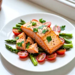 - 4 salmon fillets - 3 tablespoons olive oil - 4 garlic cloves, minced - Zest and juice of 2 lemons - 1 teaspoon dried oregano - 1 teaspoon paprika - Salt and pepper to taste - 1 cup cherry tomatoes, halved - 1 cup asparagus, trimmed - Fresh parsley, chopped (for garnish) To make One-Pan Lemon Garlic Salmon, you need fresh, simple ingredients. Salmon fillets are the star of this dish. Each fillet offers a rich flavor and healthy fats. Olive oil adds a smooth texture and a hint of fruitiness. Garlic brings a sharp, aromatic kick. Use fresh garlic, minced finely to release its full taste. Lemon zest and juice brighten the dish. The zest adds a fragrant note, while the juice gives a tangy punch. Dried oregano and paprika work together to deepen the flavor. Don’t forget the salt and pepper! They help enhance all the other flavors. For a colorful touch, use cherry tomatoes and asparagus. Halved tomatoes add sweetness. Trimmed asparagus gives a nice crunch. Lastly, fresh parsley adds color and freshness as a garnish. These ingredients combine to make a dish that is not only tasty but also full of nutrients. You’ll create a meal that looks good and tastes even better! {{ingredient_image_1}} - Preheat the oven to 400°F (200°C). - Whisk together olive oil, garlic, lemon zest, lemon juice, and spices. Start by heating your oven. This helps cook the salmon evenly. While it warms up, prepare your marinade. Grab a small bowl and whisk together the olive oil, minced garlic, lemon zest, lemon juice, dried oregano, paprika, salt, and pepper. This mix gives the salmon a bright, zesty flavor. - Place salmon fillets on a baking sheet. - Coat the salmon with marinade and arrange vegetables around it. Next, take a large baking sheet. Lay down the salmon fillets in a single layer. Pour half of your lemon garlic mixture over them. Make sure each piece gets a good coat. Now, add cherry tomatoes and asparagus around the salmon. Drizzle the rest of the marinade over the veggies. This step adds flavor and makes the dish look nice. - Bake in the oven for 15-20 minutes. - Rest and garnish before serving. Put the baking sheet in your preheated oven. Bake for 15 to 20 minutes. The salmon should flake easily when done. The veggies will become tender too. After baking, take it out and let it sit for 2 minutes. This helps the juices settle. Finally, sprinkle some fresh parsley on top for color and taste before serving. How to check salmon doneness? To check salmon doneness, use a fork. Gently press the salmon at the thickest part. If it flakes easily, it’s ready. This means the fish is cooked through. You can also use a meat thermometer. The ideal temperature is 145°F (63°C). This will ensure it’s safe and tasty. Recommended oven temperature tips. Bake your salmon at 400°F (200°C). This temperature cooks the fish evenly. It also helps the veggies roast nicely. If your oven runs hot, check it earlier. Salmon cooks fast, so watch it closely. Making it in advance. You can make the marinade a day ahead. Just mix all the ingredients and store in the fridge. This way, the flavors deepen. It saves you time on busy days. How to adjust for more flavor. Want more zest? Add an extra lemon or some lemon juice. If you love heat, a pinch of red pepper flakes works well. You can also try fresh herbs, like dill or thyme, for added flavor. Ideas for serving with side dishes. Pair this dish with rice or quinoa. These grains soak up the lemon sauce nicely. You can also serve it with a fresh salad. A light, green salad adds a nice crunch. Garnishing techniques for presentation. For a beautiful plate, sprinkle fresh parsley on top. This adds color and freshness. You can also add some lemon slices on the side. It makes the dish look vibrant and inviting. Pro Tips Choose Fresh Salmon: Always opt for the freshest salmon you can find. Look for moist, shiny fillets with a bright color and no fishy smell. Marinate for Flavor: If time allows, marinate the salmon in the lemon garlic mixture for 30 minutes to enhance the flavors before cooking. Veggie Variations: Feel free to substitute asparagus and cherry tomatoes with your favorite seasonal vegetables, like zucchini or bell peppers, for a personalized touch. Perfect Cooking Time: Keep an eye on the salmon while it bakes; if it flakes easily with a fork, it's done! Overcooking can lead to dry salmon. {{image_2}} You can change the fish if you like. Try using trout or cod for a twist. Each fish has its own flavor, but they all pair well with lemon. For veggies, think about using zucchini or bell peppers instead of asparagus. They add color and taste. Seasonal veggies bring freshness, so choose what is available. Want to enhance the taste? Add fresh herbs like dill or thyme. They give a nice touch to the salmon. If you like heat, sprinkle in some cayenne pepper. It adds a spicy kick. You can also try smoked paprika for a deeper flavor. Mixing flavors can make your dish exciting and new. You don’t have to bake; you can use a skillet. Just heat olive oil in the pan. Cook the salmon for about six minutes on each side. This method gives a crispy texture. Grilling is another fun option. Just make sure your grill is hot. It adds a smoky flavor that many people love. Each method gives you a different taste experience. After cooking, let your dish cool. Store leftovers in an airtight container. This keeps the salmon fresh. You can keep it in the fridge for up to three days. If you notice any bad smell, it's best to throw it out. To freeze salmon fillets, wrap each one tightly in plastic wrap. Then, place them in a freezer bag. Make sure to remove as much air as possible. You can freeze the salmon for up to three months. When ready to eat, thaw it overnight in the fridge. Reheat in a pan or oven until warmed through. Portion your salmon into single servings. This makes it easy to grab for lunch or dinner. Pair it with rice or quinoa for a full meal. You can also mix it with a fresh salad for a light option. Adding some roasted veggies will make it even better. How long should salmon be cooked at 400°F? Salmon should cook for 15-20 minutes at 400°F. The fish is done when it flakes easily with a fork. This short cooking time helps keep the salmon tender and juicy. You can check it at the 15-minute mark to avoid overcooking. Can I use frozen salmon for this recipe? Yes, you can use frozen salmon. Just be sure to thaw it first. Place it in the fridge overnight or use the microwave for quick thawing. Once thawed, follow the recipe as usual. The flavors will still shine through. What should I serve with One-Pan Lemon Garlic Salmon? You can serve this dish with rice, quinoa, or a light salad. The salmon pairs well with fresh vegetables. Try a side of steamed broccoli or a mixed green salad for a balanced meal. Is salmon healthy? Yes, salmon is very healthy. It is high in omega-3 fatty acids, which are good for your heart. Salmon also provides protein and important vitamins. Regularly eating salmon can support overall health. How many calories are in One-Pan Lemon Garlic Salmon? One serving of this dish has about 350 calories. This includes the salmon, veggies, and olive oil. The dish is filling and nutritious, making it a great choice for dinner. Can I make this recipe dairy-free? Absolutely! This recipe is already dairy-free. The olive oil and lemon create a rich flavor without any dairy. You can enjoy it without worry. How to adjust the recipe for a larger group? To serve more people, simply double the ingredients. Use more salmon fillets and extra veggies. Make sure you have a large enough baking sheet to fit everything. Adjust the cooking time if needed, but check for doneness. This blog post covered a simple, tasty recipe for One-Pan Lemon Garlic Salmon. You learned how to prepare fresh salmon with vibrant flavors and seasonal veggies. I shared tips for storage, cooking methods, and ingredient swaps to keep it fresh and fun. Cooking should be easy and enjoyable. With this recipe, you can impress your friends and family while enjoying healthy meals. Explore the variations to find your favorite taste. Remember, cooking is all about trying new things!