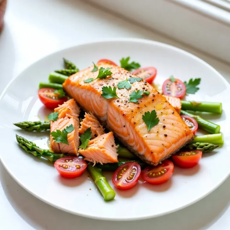 - 4 salmon fillets - 3 tablespoons olive oil - 4 garlic cloves, minced - Zest and juice of 2 lemons - 1 teaspoon dried oregano - 1 teaspoon paprika - Salt and pepper to taste - 1 cup cherry tomatoes, halved - 1 cup asparagus, trimmed - Fresh parsley, chopped (for garnish) To make One-Pan Lemon Garlic Salmon, you need fresh, simple ingredients. Salmon fillets are the star of this dish. Each fillet offers a rich flavor and healthy fats. Olive oil adds a smooth texture and a hint of fruitiness. Garlic brings a sharp, aromatic kick. Use fresh garlic, minced finely to release its full taste. Lemon zest and juice brighten the dish. The zest adds a fragrant note, while the juice gives a tangy punch. Dried oregano and paprika work together to deepen the flavor. Don’t forget the salt and pepper! They help enhance all the other flavors. For a colorful touch, use cherry tomatoes and asparagus. Halved tomatoes add sweetness. Trimmed asparagus gives a nice crunch. Lastly, fresh parsley adds color and freshness as a garnish. These ingredients combine to make a dish that is not only tasty but also full of nutrients. You’ll create a meal that looks good and tastes even better! {{ingredient_image_1}} - Preheat the oven to 400°F (200°C). - Whisk together olive oil, garlic, lemon zest, lemon juice, and spices. Start by heating your oven. This helps cook the salmon evenly. While it warms up, prepare your marinade. Grab a small bowl and whisk together the olive oil, minced garlic, lemon zest, lemon juice, dried oregano, paprika, salt, and pepper. This mix gives the salmon a bright, zesty flavor. - Place salmon fillets on a baking sheet. - Coat the salmon with marinade and arrange vegetables around it. Next, take a large baking sheet. Lay down the salmon fillets in a single layer. Pour half of your lemon garlic mixture over them. Make sure each piece gets a good coat. Now, add cherry tomatoes and asparagus around the salmon. Drizzle the rest of the marinade over the veggies. This step adds flavor and makes the dish look nice. - Bake in the oven for 15-20 minutes. - Rest and garnish before serving. Put the baking sheet in your preheated oven. Bake for 15 to 20 minutes. The salmon should flake easily when done. The veggies will become tender too. After baking, take it out and let it sit for 2 minutes. This helps the juices settle. Finally, sprinkle some fresh parsley on top for color and taste before serving. How to check salmon doneness? To check salmon doneness, use a fork. Gently press the salmon at the thickest part. If it flakes easily, it’s ready. This means the fish is cooked through. You can also use a meat thermometer. The ideal temperature is 145°F (63°C). This will ensure it’s safe and tasty. Recommended oven temperature tips. Bake your salmon at 400°F (200°C). This temperature cooks the fish evenly. It also helps the veggies roast nicely. If your oven runs hot, check it earlier. Salmon cooks fast, so watch it closely. Making it in advance. You can make the marinade a day ahead. Just mix all the ingredients and store in the fridge. This way, the flavors deepen. It saves you time on busy days. How to adjust for more flavor. Want more zest? Add an extra lemon or some lemon juice. If you love heat, a pinch of red pepper flakes works well. You can also try fresh herbs, like dill or thyme, for added flavor. Ideas for serving with side dishes. Pair this dish with rice or quinoa. These grains soak up the lemon sauce nicely. You can also serve it with a fresh salad. A light, green salad adds a nice crunch. Garnishing techniques for presentation. For a beautiful plate, sprinkle fresh parsley on top. This adds color and freshness. You can also add some lemon slices on the side. It makes the dish look vibrant and inviting. Pro Tips Choose Fresh Salmon: Always opt for the freshest salmon you can find. Look for moist, shiny fillets with a bright color and no fishy smell. Marinate for Flavor: If time allows, marinate the salmon in the lemon garlic mixture for 30 minutes to enhance the flavors before cooking. Veggie Variations: Feel free to substitute asparagus and cherry tomatoes with your favorite seasonal vegetables, like zucchini or bell peppers, for a personalized touch. Perfect Cooking Time: Keep an eye on the salmon while it bakes; if it flakes easily with a fork, it's done! Overcooking can lead to dry salmon. {{image_2}} You can change the fish if you like. Try using trout or cod for a twist. Each fish has its own flavor, but they all pair well with lemon. For veggies, think about using zucchini or bell peppers instead of asparagus. They add color and taste. Seasonal veggies bring freshness, so choose what is available. Want to enhance the taste? Add fresh herbs like dill or thyme. They give a nice touch to the salmon. If you like heat, sprinkle in some cayenne pepper. It adds a spicy kick. You can also try smoked paprika for a deeper flavor. Mixing flavors can make your dish exciting and new. You don’t have to bake; you can use a skillet. Just heat olive oil in the pan. Cook the salmon for about six minutes on each side. This method gives a crispy texture. Grilling is another fun option. Just make sure your grill is hot. It adds a smoky flavor that many people love. Each method gives you a different taste experience. After cooking, let your dish cool. Store leftovers in an airtight container. This keeps the salmon fresh. You can keep it in the fridge for up to three days. If you notice any bad smell, it's best to throw it out. To freeze salmon fillets, wrap each one tightly in plastic wrap. Then, place them in a freezer bag. Make sure to remove as much air as possible. You can freeze the salmon for up to three months. When ready to eat, thaw it overnight in the fridge. Reheat in a pan or oven until warmed through. Portion your salmon into single servings. This makes it easy to grab for lunch or dinner. Pair it with rice or quinoa for a full meal. You can also mix it with a fresh salad for a light option. Adding some roasted veggies will make it even better. How long should salmon be cooked at 400°F? Salmon should cook for 15-20 minutes at 400°F. The fish is done when it flakes easily with a fork. This short cooking time helps keep the salmon tender and juicy. You can check it at the 15-minute mark to avoid overcooking. Can I use frozen salmon for this recipe? Yes, you can use frozen salmon. Just be sure to thaw it first. Place it in the fridge overnight or use the microwave for quick thawing. Once thawed, follow the recipe as usual. The flavors will still shine through. What should I serve with One-Pan Lemon Garlic Salmon? You can serve this dish with rice, quinoa, or a light salad. The salmon pairs well with fresh vegetables. Try a side of steamed broccoli or a mixed green salad for a balanced meal. Is salmon healthy? Yes, salmon is very healthy. It is high in omega-3 fatty acids, which are good for your heart. Salmon also provides protein and important vitamins. Regularly eating salmon can support overall health. How many calories are in One-Pan Lemon Garlic Salmon? One serving of this dish has about 350 calories. This includes the salmon, veggies, and olive oil. The dish is filling and nutritious, making it a great choice for dinner. Can I make this recipe dairy-free? Absolutely! This recipe is already dairy-free. The olive oil and lemon create a rich flavor without any dairy. You can enjoy it without worry. How to adjust the recipe for a larger group? To serve more people, simply double the ingredients. Use more salmon fillets and extra veggies. Make sure you have a large enough baking sheet to fit everything. Adjust the cooking time if needed, but check for doneness. This blog post covered a simple, tasty recipe for One-Pan Lemon Garlic Salmon. You learned how to prepare fresh salmon with vibrant flavors and seasonal veggies. I shared tips for storage, cooking methods, and ingredient swaps to keep it fresh and fun. Cooking should be easy and enjoyable. With this recipe, you can impress your friends and family while enjoying healthy meals. Explore the variations to find your favorite taste. Remember, cooking is all about trying new things!