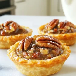 To make delightful mini pecan pies, you need simple and fresh ingredients. Here's the list: - 1 cup all-purpose flour - 1/4 cup granulated sugar - 1/4 teaspoon salt - 1/2 cup unsalted butter, cold and cubed - 1 egg yolk - 2 tablespoons ice water - 1 cup pecans, chopped - 1/2 cup brown sugar, packed - 1/3 cup corn syrup - 1/4 teaspoon vanilla extract - 2 eggs - Pinch of cinnamon These ingredients work together to create a rich flavor and a lovely texture. The pecans bring a nice crunch, while the filling is sweet and gooey. The crust is buttery and flaky, giving each bite a perfect balance. Using fresh ingredients is key. Fresh pecans taste better and give a great aroma. For the best results, stick to unsalted butter for that rich flavor. Make sure your eggs are at room temperature; this helps with the mixing process. I always recommend measuring your ingredients carefully. Accurate measurements help your pies turn out just right. Enjoy the process of gathering these ingredients. It sets the stage for a wonderful baking experience! {{ingredient_image_1}} To start, gather your ingredients. In a bowl, combine 1 cup of all-purpose flour, 1/4 cup of granulated sugar, and 1/4 teaspoon of salt. Mix these dry ingredients well. Next, add 1/2 cup of cold, cubed unsalted butter. Use a pastry cutter or fork to mix until it looks like coarse crumbs. Now, stir in 1 egg yolk and 2 tablespoons of ice water. Mix until it just comes together. Form the dough into a ball, wrap it in plastic wrap, and put it in the fridge for at least 30 minutes. This chilling helps the dough stay firm when you roll it out. While the dough chills, prep your muffin tin by greasing it lightly. On a floured surface, roll out the chilled dough to about 1/8-inch thick. Cut circles that fit your greased mini muffin tin. Press each circle gently into the tin to form small crusts. Now, it’s time to make the filling. In a bowl, mix 1 cup of chopped pecans, 1/2 cup of packed brown sugar, 1/3 cup of corn syrup, 1/4 teaspoon of vanilla extract, 2 eggs, and a pinch of cinnamon. Stir well until everything is blended. Carefully fill each mini crust with the pecan mixture. Be sure not to overfill them; you want a nice balance. Preheat your oven to 350°F (175°C). Place the mini pecan pies in the oven and bake them for 18-20 minutes. Look for the filling to set and the crust to turn lightly golden. When done, take them out and let them cool in the tin for about 5 minutes. Then, move them to a wire rack to cool completely. Enjoy the delightful sweetness of your mini pecan pies! - For the perfect crust, use cold butter. This keeps the crust flaky. - Mix the butter with flour until it looks like crumbs. Don’t overmix it. - Chill the dough for at least 30 minutes. This helps it stay firm. - When rolling dough, use a floured surface. This prevents sticking. - Cut the dough with a round cutter for even shapes. Aim for 1/8-inch thickness. - Ensure your filling is mixed well. All ingredients should blend smoothly. - Use chopped pecans for texture. They add crunch and flavor. - Avoid overfilling the pies. Leave a little space at the top to expand. - A pinch of cinnamon adds warmth. It enhances the pecan flavor. - Preheat your oven to 350°F (175°C) for even cooking. This is key. - Bake for 18-20 minutes. The pies should be lightly golden on top. - Check for doneness by looking for a set filling. It should not jiggle. - Let the pies cool in the tin for five minutes. This helps them firm up. Pro Tips Chill the Dough: Make sure to chill the dough for at least 30 minutes before rolling it out. This helps to firm up the butter, resulting in a flakier crust. Measure Ingredients Accurately: Use a kitchen scale for the flour and sugar to ensure precision. Accurate measurements lead to better texture and flavor. Pecan Size Matters: Chop the pecans into uniform sizes to ensure even distribution in the filling. This helps each mini pie have a balanced flavor in every bite. Watch the Baking Time: Keep an eye on the mini pies while baking; ovens vary. Remove them once the filling is set and the crust is lightly golden to prevent overbaking. {{image_2}} You can easily change the flavor of mini pecan pies. One fun idea is to add chocolate chips. Just mix in half a cup of chips with the pecan filling. The chocolate adds a rich taste that pairs well with the nuts. You can also switch up the nuts. Instead of pecans, try walnuts or almonds. Each nut brings a unique flavor and texture. Walnuts add a slight bitterness, while almonds give a nice crunch. If you need a gluten-free option, use almond flour or a gluten-free baking mix for the crust. These options work well and keep the pies tasty. For vegan versions, substitute eggs with flaxseed meal or chia seeds. Use a plant-based butter like coconut oil or vegan margarine. This way, everyone can enjoy these treats! Mini pecan pies taste great with a scoop of ice cream. Vanilla ice cream is a classic choice. It balances the sweetness of the pie. Whipped cream also adds a nice touch. You can also create a dessert platter. Include mini pies with other flavors, like mini apple or cherry pies. This gives your guests a variety of tastes to enjoy. Serve the platter with fresh fruit for a colorful display. After baking, let the mini pecan pies cool completely. This helps avoid soggy crusts. Place them in an airtight container. Store them in the fridge for up to four days. If you want to enjoy them later, make sure they are well sealed. To freeze mini pecan pies, wrap each pie in plastic wrap. Then, place them in a freezer-safe bag or container. They can last up to three months in the freezer. When you are ready to eat them, take them out and let them thaw in the fridge overnight. To reheat, preheat your oven to 350°F (175°C). Place the pies on a baking sheet for about 10-15 minutes. This warms them up and brings back their crispy crust. At room temperature, mini pecan pies last for about two days. Keep them in a cool, dry place, away from sunlight. Look for signs of spoilage like an off smell or a change in texture. If the filling looks dry or the crust feels too hard, it’s best to toss them. Enjoy the freshness while you can! To make mini pecan pies, follow these simple steps: 1. Make the dough: Mix flour, sugar, and salt in a bowl. Add cold butter and mix until coarse. Stir in the egg yolk and ice water. Wrap the dough and chill for 30 minutes. 2. Prepare the crusts: Roll out the dough and cut circles to fit a mini muffin tin. Press the circles into the tin. 3. Mix the filling: Combine chopped pecans, brown sugar, corn syrup, vanilla, eggs, and cinnamon in a bowl. Mix well. 4. Fill and bake: Pour the pecan mixture into the crusts. Bake at 350°F for 18-20 minutes until set and golden. 5. Cool and serve: Let the pies cool for 5 minutes in the tin, then transfer to a wire rack. Yes, you can use pre-made pie crust for mini pecan pies. It saves time and effort. Pre-made crusts come rolled and ready to use. This option is great for busy cooks. However, homemade crusts add a fresh taste. The flavor and texture may differ slightly, but you can still enjoy delicious mini pies either way. Mini pecan pies pair well with many treats and drinks. Here are some ideas: - Beverages: Serve with coffee, tea, or milk. - Dessert Pairings: Try them with vanilla ice cream or whipped cream for a creamy contrast. You can also serve them alongside fresh fruit for a refreshing touch. Yes, you can substitute some ingredients in the mini pecan pie recipe: - Flour: Use whole wheat flour for a nuttier flavor. - Butter: Substitute with coconut oil for a dairy-free option. - Sugar: You can use maple syrup instead of brown sugar for a unique taste. - Eggs: Replace eggs with flaxseed meal mixed with water for a vegan option. These swaps can change the flavor or texture, but they still make for tasty mini pies. In this blog post, we explored the key ingredients and steps to make mini pecan pies. From the perfect dough to delicious filling, every step counts. We also looked at tips for great results, tasty variations, and storage tips to keep them fresh. Mini pecan pies are fun to make and enjoy. Try different flavors and share them with friends! You can create a treat everyone will love. Enjoy baking your pies and impressing your guests.