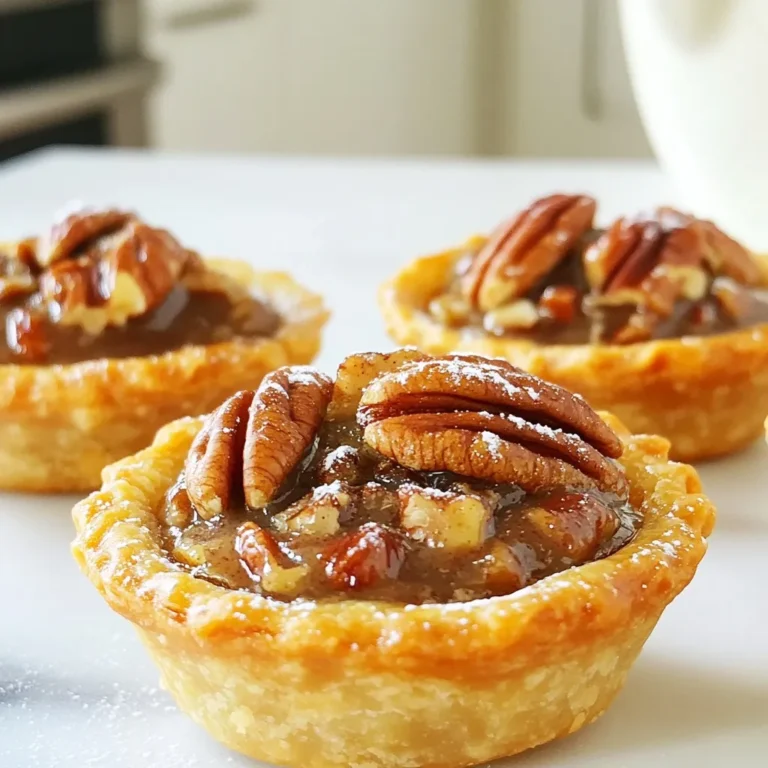 To make delightful mini pecan pies, you need simple and fresh ingredients. Here's the list: - 1 cup all-purpose flour - 1/4 cup granulated sugar - 1/4 teaspoon salt - 1/2 cup unsalted butter, cold and cubed - 1 egg yolk - 2 tablespoons ice water - 1 cup pecans, chopped - 1/2 cup brown sugar, packed - 1/3 cup corn syrup - 1/4 teaspoon vanilla extract - 2 eggs - Pinch of cinnamon These ingredients work together to create a rich flavor and a lovely texture. The pecans bring a nice crunch, while the filling is sweet and gooey. The crust is buttery and flaky, giving each bite a perfect balance. Using fresh ingredients is key. Fresh pecans taste better and give a great aroma. For the best results, stick to unsalted butter for that rich flavor. Make sure your eggs are at room temperature; this helps with the mixing process. I always recommend measuring your ingredients carefully. Accurate measurements help your pies turn out just right. Enjoy the process of gathering these ingredients. It sets the stage for a wonderful baking experience! {{ingredient_image_1}} To start, gather your ingredients. In a bowl, combine 1 cup of all-purpose flour, 1/4 cup of granulated sugar, and 1/4 teaspoon of salt. Mix these dry ingredients well. Next, add 1/2 cup of cold, cubed unsalted butter. Use a pastry cutter or fork to mix until it looks like coarse crumbs. Now, stir in 1 egg yolk and 2 tablespoons of ice water. Mix until it just comes together. Form the dough into a ball, wrap it in plastic wrap, and put it in the fridge for at least 30 minutes. This chilling helps the dough stay firm when you roll it out. While the dough chills, prep your muffin tin by greasing it lightly. On a floured surface, roll out the chilled dough to about 1/8-inch thick. Cut circles that fit your greased mini muffin tin. Press each circle gently into the tin to form small crusts. Now, it’s time to make the filling. In a bowl, mix 1 cup of chopped pecans, 1/2 cup of packed brown sugar, 1/3 cup of corn syrup, 1/4 teaspoon of vanilla extract, 2 eggs, and a pinch of cinnamon. Stir well until everything is blended. Carefully fill each mini crust with the pecan mixture. Be sure not to overfill them; you want a nice balance. Preheat your oven to 350°F (175°C). Place the mini pecan pies in the oven and bake them for 18-20 minutes. Look for the filling to set and the crust to turn lightly golden. When done, take them out and let them cool in the tin for about 5 minutes. Then, move them to a wire rack to cool completely. Enjoy the delightful sweetness of your mini pecan pies! - For the perfect crust, use cold butter. This keeps the crust flaky. - Mix the butter with flour until it looks like crumbs. Don’t overmix it. - Chill the dough for at least 30 minutes. This helps it stay firm. - When rolling dough, use a floured surface. This prevents sticking. - Cut the dough with a round cutter for even shapes. Aim for 1/8-inch thickness. - Ensure your filling is mixed well. All ingredients should blend smoothly. - Use chopped pecans for texture. They add crunch and flavor. - Avoid overfilling the pies. Leave a little space at the top to expand. - A pinch of cinnamon adds warmth. It enhances the pecan flavor. - Preheat your oven to 350°F (175°C) for even cooking. This is key. - Bake for 18-20 minutes. The pies should be lightly golden on top. - Check for doneness by looking for a set filling. It should not jiggle. - Let the pies cool in the tin for five minutes. This helps them firm up. Pro Tips Chill the Dough: Make sure to chill the dough for at least 30 minutes before rolling it out. This helps to firm up the butter, resulting in a flakier crust. Measure Ingredients Accurately: Use a kitchen scale for the flour and sugar to ensure precision. Accurate measurements lead to better texture and flavor. Pecan Size Matters: Chop the pecans into uniform sizes to ensure even distribution in the filling. This helps each mini pie have a balanced flavor in every bite. Watch the Baking Time: Keep an eye on the mini pies while baking; ovens vary. Remove them once the filling is set and the crust is lightly golden to prevent overbaking. {{image_2}} You can easily change the flavor of mini pecan pies. One fun idea is to add chocolate chips. Just mix in half a cup of chips with the pecan filling. The chocolate adds a rich taste that pairs well with the nuts. You can also switch up the nuts. Instead of pecans, try walnuts or almonds. Each nut brings a unique flavor and texture. Walnuts add a slight bitterness, while almonds give a nice crunch. If you need a gluten-free option, use almond flour or a gluten-free baking mix for the crust. These options work well and keep the pies tasty. For vegan versions, substitute eggs with flaxseed meal or chia seeds. Use a plant-based butter like coconut oil or vegan margarine. This way, everyone can enjoy these treats! Mini pecan pies taste great with a scoop of ice cream. Vanilla ice cream is a classic choice. It balances the sweetness of the pie. Whipped cream also adds a nice touch. You can also create a dessert platter. Include mini pies with other flavors, like mini apple or cherry pies. This gives your guests a variety of tastes to enjoy. Serve the platter with fresh fruit for a colorful display. After baking, let the mini pecan pies cool completely. This helps avoid soggy crusts. Place them in an airtight container. Store them in the fridge for up to four days. If you want to enjoy them later, make sure they are well sealed. To freeze mini pecan pies, wrap each pie in plastic wrap. Then, place them in a freezer-safe bag or container. They can last up to three months in the freezer. When you are ready to eat them, take them out and let them thaw in the fridge overnight. To reheat, preheat your oven to 350°F (175°C). Place the pies on a baking sheet for about 10-15 minutes. This warms them up and brings back their crispy crust. At room temperature, mini pecan pies last for about two days. Keep them in a cool, dry place, away from sunlight. Look for signs of spoilage like an off smell or a change in texture. If the filling looks dry or the crust feels too hard, it’s best to toss them. Enjoy the freshness while you can! To make mini pecan pies, follow these simple steps: 1. Make the dough: Mix flour, sugar, and salt in a bowl. Add cold butter and mix until coarse. Stir in the egg yolk and ice water. Wrap the dough and chill for 30 minutes. 2. Prepare the crusts: Roll out the dough and cut circles to fit a mini muffin tin. Press the circles into the tin. 3. Mix the filling: Combine chopped pecans, brown sugar, corn syrup, vanilla, eggs, and cinnamon in a bowl. Mix well. 4. Fill and bake: Pour the pecan mixture into the crusts. Bake at 350°F for 18-20 minutes until set and golden. 5. Cool and serve: Let the pies cool for 5 minutes in the tin, then transfer to a wire rack. Yes, you can use pre-made pie crust for mini pecan pies. It saves time and effort. Pre-made crusts come rolled and ready to use. This option is great for busy cooks. However, homemade crusts add a fresh taste. The flavor and texture may differ slightly, but you can still enjoy delicious mini pies either way. Mini pecan pies pair well with many treats and drinks. Here are some ideas: - Beverages: Serve with coffee, tea, or milk. - Dessert Pairings: Try them with vanilla ice cream or whipped cream for a creamy contrast. You can also serve them alongside fresh fruit for a refreshing touch. Yes, you can substitute some ingredients in the mini pecan pie recipe: - Flour: Use whole wheat flour for a nuttier flavor. - Butter: Substitute with coconut oil for a dairy-free option. - Sugar: You can use maple syrup instead of brown sugar for a unique taste. - Eggs: Replace eggs with flaxseed meal mixed with water for a vegan option. These swaps can change the flavor or texture, but they still make for tasty mini pies. In this blog post, we explored the key ingredients and steps to make mini pecan pies. From the perfect dough to delicious filling, every step counts. We also looked at tips for great results, tasty variations, and storage tips to keep them fresh. Mini pecan pies are fun to make and enjoy. Try different flavors and share them with friends! You can create a treat everyone will love. Enjoy baking your pies and impressing your guests.