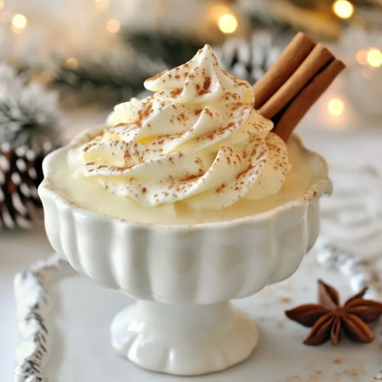 - 4 cups eggnog (store-bought or homemade) - 2 cups milk (whole or almond) - 1 cup heavy cream - 1/2 cup vanilla ice cream - 1 teaspoon ground nutmeg - 1 teaspoon ground cinnamon - 1/4 cup maple syrup - Whipped cream, for topping - Cinnamon sticks, for garnish - Nutmeg, for garnish The eggnog punch starts with rich eggnog. You can choose store-bought or make your own. Homemade eggnog has a special touch. Next, you add milk. Whole milk gives creaminess, while almond milk offers a lighter option. Heavy cream adds a smooth texture. It makes your drink feel luxurious. The vanilla ice cream melts into the punch. This adds sweetness and richness. For flavor, I reach for ground nutmeg and ground cinnamon. They bring warmth and spice. A little maple syrup adds a sweet note. It balances the spices and makes every sip delightful. Finally, the toppings bring joy. Whipped cream adds fluffiness. Cinnamon sticks and a sprinkle of nutmeg look beautiful. They also boost the festive feel of this drink. With these ingredients, you're ready for a fun holiday treat! {{ingredient_image_1}} Start by taking a large mixing bowl. Combine 4 cups of eggnog, 2 cups of milk, 1 cup of heavy cream, and 1/2 cup of vanilla ice cream. Whisk these until the mix is smooth and creamy. Next, stir in 1 teaspoon of ground nutmeg, 1 teaspoon of ground cinnamon, and 1/4 cup of maple syrup. Mix this well so every ingredient blends nicely. After mixing, it’s time to chill. Place the bowl in the refrigerator for at least 1 hour. This step helps the flavors meld together. Once chilled, pour the eggnog mixture into a festive punch bowl or into individual glasses. Now for the fun part! Top each serving with a generous dollop of whipped cream. For a nice finish, sprinkle a bit of nutmeg on top and add a cinnamon stick for decoration. This will make your eggnog punch look as delightful as it tastes! To craft the best eggnog punch, start with chilled ingredients. Cold milk and cream make your drink refreshing. Next, whisk all your ingredients thoroughly. This ensures a smooth and creamy texture. A good mix avoids clumps and helps flavors blend well. For a great look, use festive glassware. Clear or colored glasses add a fun touch. You can also think about creative garnishes. Try a sprinkle of cinnamon or a star anise on top. A cinnamon stick adds charm and flavor. You can change the sweetness by swapping maple syrup. Honey or agave syrup can work well too. If you want to change the spice level, add more nutmeg or cinnamon. Tailor it to your taste for the perfect blend. Pro Tips Chill Thoroughly: For the best flavor, ensure your eggnog mixture is chilled for at least 2 hours. This allows the spices to infuse more deeply. Ice Cream Alternatives: Experiment with different flavors of ice cream such as caramel or chocolate for a unique twist on traditional eggnog. Garnish Creatively: Use crushed candy canes or chocolate shavings as alternative garnishes for a festive touch that adds both flavor and visual appeal. Serving Temperature: Serve the eggnog chilled, but not too cold. Let it sit out for a few minutes after removing from the fridge for optimal flavor. {{image_2}} You can switch things up by using different spirits. Rum adds a sweet touch, while bourbon gives depth. Brandy can make it richer, too. If you prefer a non-alcoholic drink, just skip the spirits. You can use sparkling water or soda instead. This keeps it festive without the booze. Seasonal flavors can make this drink even more special. Try adding peppermint for a fresh kick. Gingerbread spices bring warmth and cheer. For a fun twist, create a frozen eggnog punch. Blend the eggnog mixture with ice. This gives you a cool treat that's perfect for warm days. If you're looking for dairy-free options, use almond milk or coconut milk. They work well and still taste great. For a sugar-free version, swap maple syrup with a sugar substitute. This way, everyone can enjoy the drink, no matter their diet. After enjoying your eggnog punch, you might have some left. Store the remaining punch in an airtight container. Keep it in the fridge to maintain freshness. It should last about 3 to 5 days. Just remember, the longer it sits, the more the flavors will change. If you want to save your eggnog punch for later, you can freeze it. Pour the punch into freezer-safe bags or containers. Leave some space at the top for expansion. When you’re ready to enjoy it, thaw it in the fridge overnight. For best flavor, drink within a month. Don’t let any ingredients go to waste! You can use leftover eggnog in different dishes. Try adding it to pancakes or waffles for a festive twist. Extra spices like nutmeg or cinnamon can spice up your coffee or baked goods. Get creative and use what you have! Eggnog loves a few types of spirits. The most popular choices are rum, bourbon, and brandy. Rum adds a sweet kick, while bourbon gives it a warm, rich flavor. Brandy offers a smooth finish. You can mix and match based on your taste. For a fun twist, try spiced rum for extra warmth and depth. Yes, you can prepare eggnog punch in advance! Make it a day before your gathering. This allows the flavors to blend well. Just chill it in the fridge after mixing. If you add whipped cream on top, do it right before serving. This keeps it fresh and fluffy. To thicken your eggnog punch, use heavy cream. It adds richness and makes the drink creamier. You can also blend in more vanilla ice cream for extra thickness. If you prefer a dairy-free option, try coconut cream. It gives a nice texture and a subtle hint of coconut flavor. This eggnog punch recipe brings joy to any gathering. You start with eggnog, milk, and cream, then add tasty spices. Chilling the punch mixes the flavors well. Don't forget to top it with whipped cream and spice for style. Experiment with different spirits or flavors for a unique twist. Remember, adjustments can suit everyone’s taste. Store leftovers correctly to enjoy later. Hopefully, you create a punch that everyone loves!