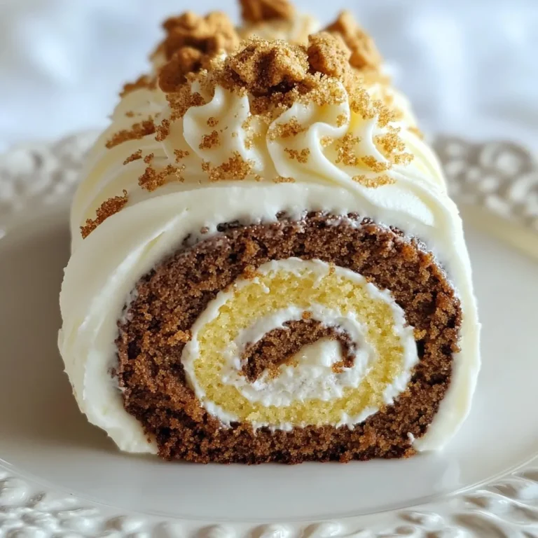 To create the Gingerbread Swiss Cake Roll, you need the following ingredients: - 3 large eggs - 3/4 cup granulated sugar - 1 teaspoon vanilla extract - 3/4 cup all-purpose flour - 1/2 teaspoon baking powder - 1/2 teaspoon ground ginger - 1/2 teaspoon ground cinnamon - 1/4 teaspoon ground nutmeg - 1/4 teaspoon salt - 1/4 cup unsweetened cocoa powder - 1 cup heavy cream - 2 tablespoons powdered sugar - 1 teaspoon ground ginger (for the filling) - 1/2 teaspoon vanilla extract (for the filling) - Optional: crushed gingerbread cookies for garnish These ingredients blend together to create a light, spongy cake filled with a rich cream. The spices give it a warm flavor, perfect for the holidays. The cocoa adds a touch of chocolate, balancing the sweet spices. Enjoy gathering these items; they will make your kitchen smell amazing! {{ingredient_image_1}} - Preheat the oven: Set your oven to 350°F (175°C). - Line the jelly roll pan: Take a 15x10-inch jelly roll pan and line it with parchment paper. Leave some paper hanging over the sides. This makes it easy to lift the cake out later. - Beating the eggs with sugar: In a big bowl, crack 3 large eggs. Add 3/4 cup of granulated sugar. Beat the mixture until it is thick and light, about 5 minutes. Stir in 1 teaspoon of vanilla extract. - Combining wet and dry ingredients: In another bowl, sift together 3/4 cup of all-purpose flour, 1/2 teaspoon of baking powder, 1/2 teaspoon of ground ginger, 1/2 teaspoon of ground cinnamon, 1/4 teaspoon of ground nutmeg, 1/4 teaspoon of salt, and 1/4 cup of unsweetened cocoa powder. Gently fold this dry blend into the egg and sugar mix until just combined. - Pouring batter and baking time: Pour the batter into the lined pan. Spread it out to make it even. Bake for 12-15 minutes, or until a toothpick comes out clean. - Cooling process and rolling technique: When the cake is done, let it cool in the pan for 5 minutes. Then, flip it onto a clean kitchen towel sprinkled with powdered sugar. Peel off the parchment and roll the cake tightly from one short end while using the towel to help you. Let it cool completely in the towel. - Whipping the heavy cream: In a mixing bowl, whip 1 cup of heavy cream with 2 tablespoons of powdered sugar until soft peaks form. - Mixing in flavorings: Add 1 teaspoon of ground ginger and 1/2 teaspoon of vanilla extract. Mix gently until well combined. - Spreading the filling: Carefully unroll the cooled cake. Spread the whipped cream filling over the cake, leaving a small edge at the sides. - Rolling technique and chilling: Re-roll the cake without the towel. Use the parchment paper if needed to guide the roll. Wrap it in plastic wrap and chill in the fridge for at least 30 minutes. - Proper slicing method: When ready to serve, slice the Swiss cake roll into even rounds. - Suggestions for serving: You can garnish with crushed gingerbread cookies for a festive touch. Enjoy your delightful treat! To get the best texture for your Gingerbread Swiss Cake Roll, focus on your mixing. Start by beating the eggs and sugar well. This mix should become thick and pale. It takes about five minutes. Then, carefully fold in the dry ingredients. This helps keep the cake light. Cooling is also key. After baking, let the cake cool for five minutes. Then flip it onto a towel dusted with powdered sugar. This step helps maintain its shape. Roll it up while it's warm. This helps prevent cracks later. One common mistake is overmixing the batter. Mix just until you see no dry flour. Overmixing makes the cake dense. It should be light and airy instead. When rolling, use the towel to guide you. Start from one short end. Roll tightly but not too tight. This helps keep the filling inside without breaking the cake. You can adjust the spices for more flavor. If you love ginger, add a bit more ground ginger. You can also try adding a pinch of allspice or cloves. These spices add warmth and depth. Using flavored extracts can change the game, too. Instead of just vanilla, try almond or orange extract. These flavors bring a twist to your cake roll. Experiment and find your favorite blend. Pro Tips Use Fresh Spices: For the best flavor, make sure to use fresh ground spices like ginger, cinnamon, and nutmeg. They make a significant difference in the overall taste of your gingerbread cake. Don’t Over-Mix the Batter: When combining the dry ingredients with the wet ingredients, be careful not to over-mix. This helps keep the cake light and fluffy. Chill the Filling: If you find that your whipped cream filling is too soft, consider chilling it in the refrigerator for a bit before spreading it on the cake. This will help it hold its shape better. Garnish for Extra Flavor: Adding crushed gingerbread cookies as a garnish not only enhances the presentation but also adds a delightful crunch and extra ginger flavor to your dessert. {{image_2}} - Gluten-free options: You can use gluten-free flour instead of all-purpose flour. This swap keeps the texture light. Make sure it has a binding agent like xanthan gum for best results. - Dairy-free substitutions: Swap heavy cream for coconut cream or almond milk. Use a plant-based powdered sugar for the filling. This way, you keep the same great taste. - Adding chocolate: Mix in chocolate chips or cocoa powder into the batter. This gives the cake a rich twist. You can also swirl melted chocolate in the filling for extra flavor. - Incorporating fruits: Add finely chopped fruits like cranberries or pears into the filling. This adds freshness and a fun texture. Dried fruits can work great as well. - Unique garnishing methods: Dust the roll with powdered sugar or cocoa for a pretty finish. You can also drizzle melted chocolate on top for a tasty touch. - Serving suggestions: Slice the roll into rounds and serve on a festive platter. You can pair it with whipped cream or a scoop of ice cream for a delightful treat. To store leftovers, wrap the Gingerbread Swiss Cake Roll tightly in plastic wrap. This keeps it fresh and moist. You can also place it in an airtight container. The roll lasts for about 3 to 5 days in the fridge. After that, the flavor may fade. If you want to freeze your cake roll, wrap it well in plastic wrap and then in foil. This helps prevent freezer burn. You can freeze it for up to 2 months. When you’re ready to eat it, move the roll to the fridge. Let it thaw overnight. For quicker thawing, you can leave it at room temperature for a few hours. Enjoy the sweet, spiced flavors even after freezing! The Gingerbread Swiss Cake Roll stays fresh for about 3 to 5 days in the fridge. Store it in an airtight container to keep it moist. Yes, you can make this cake roll a day or two ahead. Just keep it wrapped in plastic wrap in the fridge. If you need a substitute for heavy cream, try using coconut cream or whipped coconut milk. They add a nice flavor and texture. To avoid cracks, roll the cake gently while it's still warm. Use a kitchen towel dusted with powdered sugar to help with the rolling. Absolutely! You can add chopped nuts or chocolate chips to the filling for extra flavor and texture. Just mix them in before spreading the filling on the cake. This blog post covers how to make a Gingerbread Swiss Cake Roll. You learned about the key ingredients, tips for the perfect texture, and various flavor adaptations. I shared step-by-step instructions to guide you through the process. You can even adjust recipes for dietary needs. Remember, practice makes perfect. Don't fear experimentation with flavors or presentations. Each attempt will sharpen your skills. Enjoy baking and delighting friends and family with your festive treats!