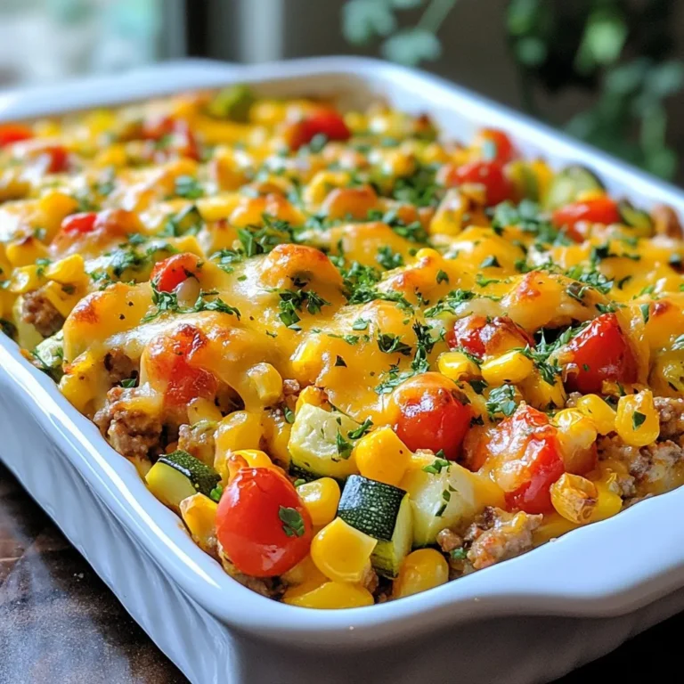 - 1 pound ground turkey - 1 cup bell peppers, diced (red, green, and yellow for color) - 1 cup zucchini, diced - 1 medium onion, finely chopped - 2 cloves garlic, minced - 1 cup corn (fresh or frozen) - 1 cup cherry tomatoes, halved - 1 packet ranch seasoning mix - 1 cup shredded cheddar cheese - Fresh cilantro or parsley - 1 tablespoon olive oil - Salt and pepper to taste When making the Turkey Ranch Veggie Bake, the main ingredients play a big role in flavor and nutrition. Ground turkey is a lean protein that cooks up tender and juicy. The colorful bell peppers add crunch and sweetness. Zucchini brings moisture and a lovely texture. Onion and garlic are a must. They build a strong base of flavor. Corn and cherry tomatoes add bursts of sweetness that balance the dish. The ranch seasoning mix ties everything together with its zesty taste. Finally, the cheese melts into a creamy layer on top, making it irresistible. For garnish, fresh cilantro or parsley brightens the dish. A drizzle of olive oil adds richness. Don't forget salt and pepper to enhance all the flavors. Each ingredient adds its own magic to this bake, making it a meal everyone will love. {{ingredient_image_1}} - Preheat the oven to 375°F (190°C). - Chop your bell peppers, zucchini, and onion. - Mince the garlic. Getting the veggies ready is key for a tasty bake. Fresh veggies add crunch and color. - Sauté the onions in olive oil for about 3-4 minutes. - Add the minced garlic and ground turkey. Cook until the turkey is browned, about 6-8 minutes. - Season with ranch mix, salt, and pepper. Sautéing the onions first brings out their sweet flavor. The garlic adds depth. Make sure the turkey is fully cooked. It should be crumbly and juicy. - In a large bowl, mix the turkey with the chopped veggies and corn. - Add the halved cherry tomatoes and stir until they are evenly mixed. - Transfer this mixture to a greased 9x13 inch baking dish. Spread it out evenly. Mixing everything in a bowl helps the flavors blend well. You want every bite to be delicious! - Bake for 25-30 minutes, or until the veggies are tender. - Remove the dish from the oven and sprinkle cheese on top. - Return to the oven for another 5-7 minutes until the cheese melts. Baking makes the dish warm and comforting. The cheese will bubble and get golden, making it even more appetizing. To amp up the flavor, use quality ranch seasoning. You can make your own if you like! Mix dried herbs like dill, parsley, and garlic powder. This gives you control over the taste. When cooking the turkey, use medium heat. This helps it brown well without drying out. Stir often to keep things cooking evenly. To keep your veggies crisp, add them later in the cooking process. The zucchini and bell peppers only need about 10 minutes in the oven. This way, they stay tender and do not turn mushy. For the cheese topping, sprinkle it evenly across the dish. You want every bite to have that melty goodness. Bake it just until melted to avoid burning. A good skillet is key here. I recommend a non-stick skillet. It makes browning the turkey easy and helps with clean-up. For baking, use a 9x13 inch baking dish. This size allows the heat to circulate well, cooking everything evenly. Plus, it's the perfect size for serving a crowd! Pro Tips Use Lean Turkey: Opt for lean ground turkey to reduce fat content while maintaining flavor. This makes the dish healthier without compromising taste. Customize Your Veggies: Feel free to swap in your favorite vegetables such as spinach, broccoli, or carrots. This adds variety and nutrition to the bake. Add Extra Seasoning: If you love bold flavors, consider adding additional spices like paprika or cayenne pepper for an extra kick. Let It Rest: After baking, allow the dish to cool for a few minutes before serving. This helps the flavors meld and makes it easier to serve. {{image_2}} You can change the ground turkey to fit your taste. Here are some options: - Use ground beef for a richer flavor. - Substitute chicken for a lighter meal. - Try tofu for a vegetarian twist. You can also switch up the vegetables. Consider adding: - Spinach or kale for more greens. - Broccoli for a crunchy texture. - Carrots for sweetness. Changing the flavor is easy with different seasonings. Here are some ideas: - Use taco seasoning for a zesty kick. - Try Italian herbs for a fresh taste. You can also add spices, such as: - Red pepper flakes for heat. - Paprika for a smoky depth. Serving this dish with sides makes it a full meal. Here are some ideas: - Pair it with rice for a hearty option. - Serve with quinoa for extra protein. - Add a fresh salad for crunch and color. These simple swaps and suggestions let you create a meal that fits your tastes and needs. Enjoy making it your own! To keep your Turkey Ranch Veggie Bake fresh, store leftovers in the fridge. Use airtight containers for best results. This prevents moisture loss and keeps flavors intact. You can enjoy leftovers for up to four days. Just make sure to cool the dish to room temperature before sealing it away. For reheating in the oven, preheat it to 350°F (175°C). Place the bake in a safe dish and cover it with foil to prevent drying out. Heat for about 20 minutes, or until it is warmed through. If you prefer the microwave, place a portion on a microwave-safe plate. Heat for 1-2 minutes, checking halfway to ensure it's hot. To freeze the Turkey Ranch Veggie Bake before baking, prepare the dish and let it cool completely. Cover it tightly with plastic wrap and then foil. This helps to avoid freezer burn. You can freeze it for up to three months. When ready to eat, thaw it in the fridge overnight. Then, bake it at 375°F (190°C) for 30-35 minutes, or until hot and bubbly. You can use low-fat ground turkey. This change cuts fat while keeping flavor. Consider using low-fat cheese or skipping it altogether. You can also add more veggies, like spinach or kale. To reduce sodium, choose low-sodium ranch seasoning or make your own. Fresh herbs can add flavor without the salt. Yes, you can prepare this bake in advance. Cook the turkey and veggies, then let them cool. Store the mixture in the fridge for up to two days. When ready, spread it in a baking dish and top with cheese. Bake as directed. For meal prepping, chop the veggies ahead of time. You can also cook the turkey mixture in the morning. This saves time on busy nights. This recipe is not gluten-free because of ranch seasoning. However, you can find gluten-free ranch mixes at stores. Always check labels on your ingredients. Ensure the cheese and other products are gluten-free too. This way, you can enjoy a safe and tasty meal. This recipe uses simple ingredients like ground turkey, veggies, and cheese. You learned how to prep, cook, and bake for a tasty dish. Remember to adjust flavors and swap ingredients as you like. Store leftovers properly for later meals. By trying these tips, you can make a healthy, delicious meal that fits your needs. Keep experimenting with flavors and enjoy your cooking!