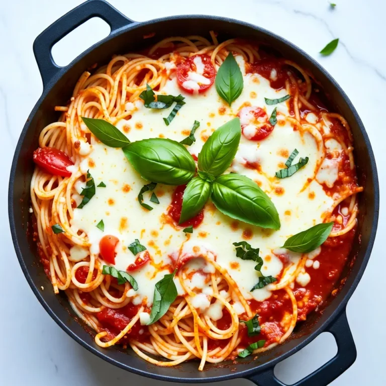 To make creamy oven baked spaghetti, gather these simple ingredients: - 8 oz spaghetti - 1 tbsp olive oil - 1 small onion, finely chopped - 2 cloves garlic, minced - 1 (14 oz) can crushed tomatoes - 1 cup heavy cream - 1 cup mozzarella cheese, shredded - ½ cup parmesan cheese, grated - 1 tsp dried oregano - 1 tsp dried basil - Salt and pepper to taste - Fresh basil leaves for garnish You will need a few key tools for this recipe: - A large pot for boiling spaghetti - A skillet for making the sauce - A large mixing bowl for combining ingredients - A greased baking dish for oven baking Choosing fresh ingredients makes a big difference. Here are some tips: - Spaghetti: Look for high-quality pasta. Whole grain or gluten-free options work well too. - Onion: Select firm onions with smooth skin. They should feel heavy for their size. - Garlic: Choose plump garlic bulbs. Avoid any that are soft or sprouting. - Tomatoes: Use canned crushed tomatoes without additives for the best taste. - Cream and Cheese: Look for full-fat options. This gives the dish a rich flavor. - Herbs: If possible, use fresh basil instead of dried for a brighter taste. By picking fresh ingredients, you enhance the flavor and texture of your creamy oven baked spaghetti. Enjoy the process of selecting what you’ll use! {{ingredient_image_1}} First, you need to cook the spaghetti. Boil water in a large pot. Add salt to the water. Cook the spaghetti according to the package instructions, usually about 8-10 minutes. You want it al dente, which means it should be firm to the bite. Once cooked, drain the spaghetti in a colander. Set it aside while you make the sauce. Now, let’s make the sauce. Heat one tablespoon of olive oil in a large skillet over medium heat. Add the finely chopped onion and cook for about five minutes. You want it soft and clear. Then, add two cloves of minced garlic and stir for about one minute. The smell will be amazing! Next, pour in the can of crushed tomatoes and one cup of heavy cream. Add one teaspoon each of dried oregano and dried basil. Season with salt and pepper to taste. Stir everything well. Let this mixture simmer for five to seven minutes. It should thicken slightly as it cooks. In a large bowl, combine the drained spaghetti and your creamy sauce. Mix until the pasta is fully coated. Now, transfer this mixture into a greased baking dish. Top it with one cup of shredded mozzarella cheese and half a cup of grated parmesan cheese. Preheat your oven to 350°F (175°C). Bake the dish for 20 to 25 minutes. You want the cheese to be bubbly and golden brown. Once baked, take it out and let it cool for a few minutes. Finally, garnish with fresh basil leaves for a pop of color and extra flavor! To make your creamy oven baked spaghetti pop, use fresh herbs. Fresh basil adds a bright taste. You can also mix in some parsley for a fresh twist. Dried herbs work well too. Use oregano and basil to deepen the flavor. A pinch of red pepper flakes can add a kick if you like spice. Many cooks overcook their pasta. Cook it just until al dente. This helps the pasta hold its shape. Also, make sure to mix the sauce and pasta well. You want every bite to be creamy and flavorful. Avoid using low-quality cheese. Good cheese makes a big difference in taste. For a great cheese melt, use a mix of mozzarella and parmesan. Mozzarella melts beautifully, while parmesan adds a nice crust. Sprinkle the cheese evenly on top of the pasta. This ensures it melts evenly. Bake until the cheese is bubbly and golden, about 20-25 minutes. Let it cool for a few minutes before serving. This helps set the cheese and sauce. Enjoy your dish! Pro Tips Use Fresh Herbs: Fresh basil can elevate the flavor profile of your dish. Add it right before serving to maintain its vibrant taste. Perfectly Cooked Pasta: Always cook your spaghetti al dente; it will continue to cook in the oven and absorb some sauce for a better texture. Cheese Variations: Feel free to mix in different cheeses such as provolone or gouda for a unique twist on the flavor. Add Protein: For a heartier meal, consider adding cooked chicken, sausage, or meatballs to the pasta mixture before baking. {{image_2}} You can easily make creamy oven baked spaghetti vegetarian. Swap the heavy cream for a plant-based cream. Use a mix of your favorite veggies like bell peppers, zucchini, or mushrooms. They add great taste and texture. This way, you keep the dish rich and colorful. You can also sprinkle nutritional yeast for a cheesy flavor. It’s a tasty and healthy option everyone will enjoy. If you want to add protein, chicken or sausage works great. For chicken, use cooked, shredded pieces. It gives a nice texture and flavor. For sausage, choose spicy or sweet, depending on your taste. Cook it before adding it to the sauce. Mix it well with the spaghetti for a hearty meal. Either option makes this dish filling and satisfying. To make this recipe gluten-free, use gluten-free spaghetti. There are many good brands available. Just cook it like regular pasta. The creamy sauce pairs well with gluten-free noodles. You won’t miss a thing! Make sure to check labels for hidden gluten in other ingredients. Enjoy all the same flavors with this simple swap. To store your creamy oven baked spaghetti, let it cool first. Use an airtight container. This keeps the dish fresh. You can store it in the fridge for up to three days. Make sure to seal it well. This helps prevent any smells from mixing in. When you are ready to eat the leftovers, preheat your oven to 350°F (175°C). Place the spaghetti in a baking dish. Cover it with foil to keep it moist. Heat for about 20 minutes. You can also microwave it. Just cover it to keep the steam in. Heat for 2-3 minutes. Stir halfway through for even warming. If you want to save some for later, freezing is great. Allow the spaghetti to cool completely. Then, use a freezer-safe container. You can also use heavy-duty freezer bags. Label and date them. Store in the freezer for up to three months. When you want to eat it, thaw in the fridge overnight. Then reheat as mentioned above. Enjoy your tasty meal anytime! Yes, you can use other pasta types. Penne, fusilli, or even gluten-free pasta work well. Cook them just like spaghetti. The cooking time might change a bit, so check the package. Different shapes add fun to the dish. Use what you have on hand. To make this recipe dairy-free, swap heavy cream with coconut cream or cashew cream. Use dairy-free cheese instead of mozzarella and parmesan. Nutritional yeast can add a cheesy flavor too. These swaps keep the creaminess while catering to your needs. Creamy oven baked spaghetti pairs well with a simple green salad. A side of garlic bread adds crunch and flavor. You could also serve some steamed veggies for a healthy touch. A light red wine can enhance the meal, too. Enjoy your dinner! You learned about making creamy oven baked spaghetti from start to finish. I covered key ingredients, special tools, and tips for choosing fresh items. You found easy steps for prepping, cooking, and baking. I shared tricks for better flavor and avoiding mistakes. I included variations for diets and how to store leftovers. Now, you can create a delicious dish that everyone loves! Enjoy the fun of cooking and make it your own.