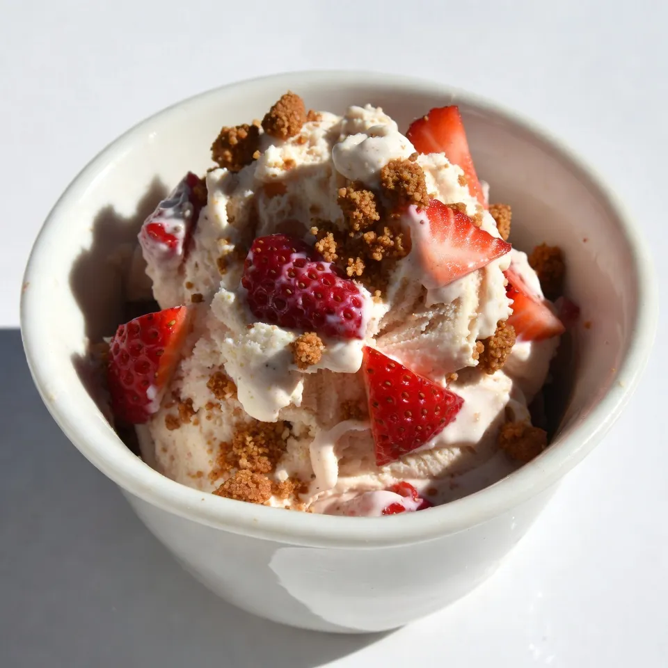 - 2 cups fresh strawberries - 1 cup granulated sugar - 1 teaspoon vanilla extract Fresh strawberries bring bright flavor to our ice cream. I like to use ripe, juicy strawberries for the best taste. The sugar helps the strawberries release their juices. Macerating them for thirty minutes adds depth. This step makes a delicious sauce and keeps some chunks for texture. The vanilla extract provides a warm, sweet note that enhances the overall flavor. - 1 ½ cups heavy cream - 8 oz cream cheese Heavy cream is key for a rich, creamy texture. Chill the heavy cream before whipping. This helps you get stiff peaks, which make the ice cream light. Cream cheese adds a smooth, tangy base. Soften it before mixing to avoid lumps. The combination of these two dairy essentials creates a luscious mouthfeel. - ½ cup graham cracker crumbs - Pinch of salt Graham cracker crumbs add a delightful crunch. They mimic the crust in a cheesecake, giving our ice cream a fun twist. Just a pinch of salt balances the sweetness. It enhances the flavors without overpowering them. These simple ingredients contribute to the overall experience of this delightful treat. {{ingredient_image_1}} - Start by combining 2 cups of sliced strawberries with ½ cup of granulated sugar. - Toss them well and let them sit for about 30 minutes. This helps the strawberries macerate. - Afterward, use a fork to mash half of the strawberries. This will create a chunky sauce. Set the rest aside for texture. - In a mixing bowl, beat 8 oz of softened cream cheese with the remaining ½ cup of sugar. Mix until smooth and creamy. - In a separate bowl, whip 1 ½ cups of heavy cream until you see stiff peaks form. This will add fluffiness to your ice cream. - Carefully fold the whipped cream into the cream cheese mixture. Add 1 teaspoon of vanilla extract and a pinch of salt. This creates a light cheesecake base. - Now, gently fold in the mashed strawberry sauce and the remaining whole strawberry pieces. This adds flavor and texture. - In a suitable container, layer half of the cheesecake mixture. Then sprinkle ½ cup of graham cracker crumbs on top. - Add the rest of the cheesecake mixture and finish with the remaining crumbs. - Cover the container and freeze for at least 6 hours. Once firm, scoop the ice cream into bowls and enjoy! Using cold heavy cream is key. It whips better and gives your ice cream a light feel. Start with cream straight from the fridge. This helps create stiff peaks when you whip it. When folding the whipped cream into the cream cheese mix, do it gently. You want to keep the air you whipped into the cream. Use a spatula and fold in a circular motion. This keeps the texture light and fluffy, which is what we want. Serving this ice cream in waffle cones or bowls adds fun. The cones add a nice crunch that pairs well with the creamy ice cream. If using bowls, try to choose a bright color to make your dessert pop. For garnishes, fresh strawberry slices are a great touch. They add color and show off the flavors inside. A sprinkle of graham cracker crumbs on top adds a nice texture. You can also drizzle some strawberry sauce for extra sweetness. Pro Tips Use Ripe Strawberries: Ensure your strawberries are ripe and sweet for the best flavor in your ice cream. Chill Your Bowls: Chill your mixing bowls and beaters before whipping the cream for a quicker and fluffier result. Layering for Texture: When adding graham cracker crumbs, alternate layers to create a delightful texture throughout the ice cream. Let It Sit: Allow the ice cream to sit at room temperature for a few minutes before scooping for easier serving. {{image_2}} You can switch up the fruit for fun. Try using blueberries or raspberries instead of strawberries. Each berry gives a unique taste. Blueberries add a sweet burst, while raspberries bring a tangy twist. You can also mix berries for a colorful treat. Adding chocolate chips or crushed cookies is another great idea. The chocolate adds a rich flavor and sweetness. Cookies bring a nice crunch. Use graham crackers for a classic touch or try Oreos for something different. Just fold them in gently to keep the texture. Do you need a dairy-free option? You can find cream cheese made from nuts or soy. These options work well and keep the taste creamy. For a sweeter touch, use honey or maple syrup instead of sugar. Both add a deep flavor and are healthier choices. Just adjust the amount to taste. To keep your No-Churn Strawberry Cheesecake Ice Cream fresh, use the right containers. The best choices are airtight containers or freezer-safe glass jars. These materials help seal in flavors and prevent freezer burn. To prevent ice crystals in your ice cream, follow these simple tips: - Cover the surface: Press plastic wrap directly onto the ice cream before sealing the lid. This cuts off air exposure. - Freeze quickly: The faster your ice cream freezes, the less time it has to form ice crystals. For the best flavor and texture, enjoy your ice cream within two weeks. If kept in the freezer, it can last up to a month. However, the taste and creaminess may change over time. To know if your ice cream has gone bad, look for these signs: - Off smell: If it smells strange, it’s best to toss it. - Ice crystals: Large ice crystals on the surface mean it’s lost quality. - Change in texture: If it feels gritty or grainy, it may not taste good. To serve this ice cream, you have fun options. You can scoop it into waffle cones or bowls. A sprinkle of graham cracker crumbs on top adds crunch. Fresh strawberry slices make it look pretty. You can also pair it with a drizzle of chocolate sauce for extra flavor. Try serving it alongside a slice of cheesecake for a fun twist. Yes, you can make this ice cream ahead of time. I recommend freezing it for at least 6 hours. This helps it firm up nicely. You can make it a day or two before your event. Just keep it covered in the freezer. This way, you have a sweet treat ready when guests arrive. If your ice cream is too hard, don’t worry! Just take it out of the freezer. Let it sit at room temperature for about 5-10 minutes. This helps it soften up a bit. You can also scoop it with a warm spoon for easier serving. Enjoy it at the perfect creamy consistency! In this blog post, we explored how to make No-Churn Strawberry Cheesecake Ice Cream. We covered fresh ingredients, dairy essentials, and tips for great texture. You learned step-by-step instructions and ideas for variations. Remember to use the right containers to keep your ice cream fresh. With these techniques, you'll create a delicious treat that everyone will love. Enjoy making this easy dessert; your friends and family will thank you!