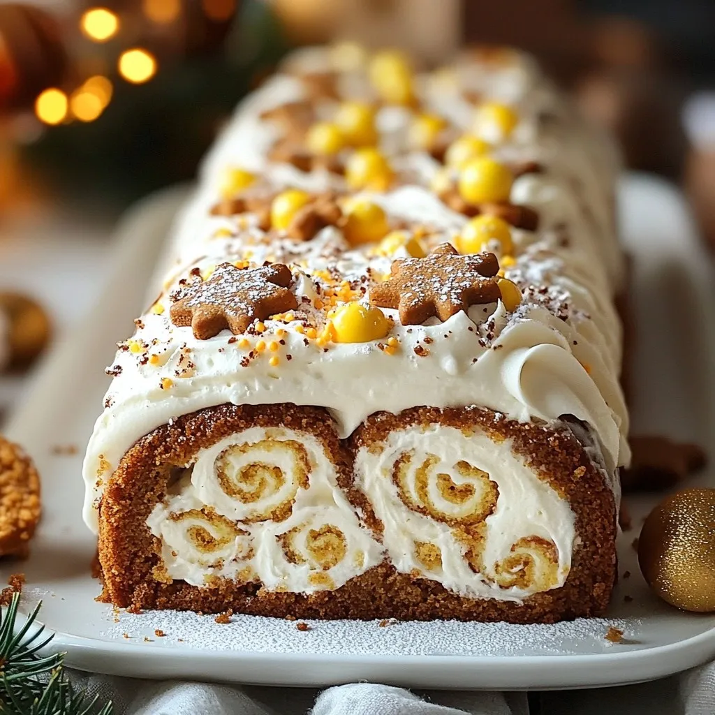To make this delightful Gingerbread Swiss Cake Roll, gather these ingredients: - 3 large eggs - 1 cup granulated sugar - 1/2 cup all-purpose flour - 1/2 teaspoon baking powder - 1 teaspoon ground ginger - 1 teaspoon ground cinnamon - 1/2 teaspoon ground nutmeg - 1/4 teaspoon ground cloves - 1/4 teaspoon salt - 1/2 teaspoon vanilla extract - 1/4 cup unsweetened cocoa powder - 1 cup heavy cream - 1/2 cup powdered sugar - 1 teaspoon vanilla extract (for the filling) - Optional: Crushed gingerbread cookies or sprinkles for garnish You can adjust some ingredients if you need to. Here are a few substitutions: - Use brown sugar instead of granulated sugar for a deeper flavor. - Swap all-purpose flour with a gluten-free blend if needed. - Instead of heavy cream, try coconut cream for a dairy-free option. - Use maple syrup in place of powdered sugar for a natural sweetener. Choosing fresh ingredients makes a big difference. Here’s how to select the best: - Eggs: Look for clean, uncracked eggs. Check for a recent sell-by date. - Spices: Check spice jars for freshness. They should smell strong and vibrant. - Cream: Pick heavy cream with a high fat content. It should feel thick and smooth. - Cocoa Powder: Choose unsweetened cocoa that is rich in color and aroma. Using fresh ingredients enhances the flavor and texture of your Gingerbread Swiss Cake Roll. Happy baking! {{ingredient_image_1}} Start by preheating your oven to 375°F (190°C). This heat helps the cake rise well. Next, grab a 15x10-inch jelly roll pan. Grease it lightly, then line it with parchment paper. Grease the parchment too. This step makes sure your cake does not stick. In a large bowl, beat 3 large eggs and 1 cup of granulated sugar. Use an electric mixer on high speed for about 5 minutes. The mixture should look thick and pale. In another bowl, whisk together the dry ingredients: 1/2 cup of flour, 1/2 teaspoon of baking powder, spices (1 teaspoon of ground ginger, 1 teaspoon of ground cinnamon, 1/2 teaspoon of ground nutmeg, 1/4 teaspoon of ground cloves, and 1/4 teaspoon of salt), and 1/4 cup of cocoa powder. Gently fold the dry mix into the egg mixture. Be careful not to deflate the batter. Once combined, spread it evenly in your prepared jelly roll pan. Bake for about 12-15 minutes. The cake should spring back when touched lightly. Once baked, remove the cake from the oven. Use a knife to loosen the edges. Dust a clean kitchen towel with powdered sugar. Invert the cake onto the towel and peel off the parchment paper. Roll the cake tightly from the short end, using the towel to help. Let it cool for about 30 minutes while rolled. Next, prepare the filling. In a bowl, whip 1 cup of heavy cream until soft peaks form. Gradually add 1/2 cup of powdered sugar and 1 teaspoon of vanilla extract. Keep whipping until stiff peaks form. Once the cake cools, gently unroll it. Spread the whipped cream filling evenly on top, leaving a 1-inch border. Now, roll the cake back up, but do not use the towel this time. Place it seam-side down on your serving platter. Refrigerate it for at least 1 hour to set. Before serving, dust the top with powdered sugar and add crushed gingerbread cookies or festive sprinkles if you like. Making a Gingerbread Swiss Cake Roll can be fun, but some mistakes can spoil it. Here are key points to keep in mind: - Overmixing the Batter: Mixing too much can lead to a dense cake. Fold ingredients gently until just combined. - Not Greasing the Pan Properly: If the pan isn’t greased well, the cake may stick. Use parchment paper and grease it lightly. - Skipping the Towel Roll: Rolling the cake while warm helps it keep its shape. Don’t skip this step. Whipping cream can be tricky, so follow these tips: - Cold Tools: Use cold bowls and beaters. Cold helps the cream whip better. - Don’t Rush: Start at low speed. Increase to high as it thickens. This helps avoid splatters. - Watch for Peaks: Stop whipping when you see stiff peaks. Overwhipping can turn cream into butter. Presentation makes your Gingerbread Swiss Cake Roll pop! Here are ways to serve it: - Dust with Powdered Sugar: A light dusting adds charm without overpowering the flavors. - Garnish with Crushed Cookies: Sprinkle crushed gingerbread cookies on top for a festive touch. - Use a Colorful Plate: A bright plate can make your roll stand out more. Use festive colors for the holidays. By following these tips, you can avoid mistakes and impress your guests with a beautiful and delicious dessert! Pro Tips Fresh Spices: Always use fresh spices for the best flavor. Ground spices can lose their potency over time, so check the expiration dates. Cooling Technique: Let the rolled cake cool completely before unrolling to avoid cracking. A towel dusted with powdered sugar helps prevent sticking. Whipping Cream: Ensure your mixing bowl and beaters are cold before whipping the cream. This helps achieve better volume and stability. Garnish Ideas: Get creative with garnishes! Use crushed peppermint, chocolate shavings, or seasonal fruits for a festive touch. {{image_2}} You can easily change the flavor of your gingerbread Swiss cake roll. Here are a few ideas: - Add Orange Zest: A teaspoon of orange zest adds a fresh twist. - Use Maple Syrup: Substitute a quarter cup of granulated sugar with maple syrup for a rich taste. - Spice it Up: Try adding cardamom or allspice for more warmth. - Chocolate Twist: Mix in a bit of melted chocolate to the filling for a chocolate-ginger blend. These tweaks can make your cake unique and exciting! You can adapt the gingerbread Swiss cake roll to fit different diets: - Gluten-Free: Use gluten-free flour blend instead of regular flour. This keeps the texture light. - Vegan: Replace eggs with flaxseed meal (1 tbsp flaxseed + 2.5 tbsp water) and use plant-based cream for the filling. - Lower Sugar: Use a sugar substitute like stevia or monk fruit to reduce sugar. These changes help everyone enjoy this delightful treat! Garnishing your cake roll adds a fun touch. Here are some ideas: - Crushed Gingerbread Cookies: Sprinkle these on top for crunch and flavor. - Festive Sprinkles: Use holiday-themed sprinkles for a colorful look. - Chocolate Drizzle: Drizzle melted chocolate over the top for a decadent finish. - Candied Ginger: Add small bits of candied ginger for an extra zing. These garnishes make your cake not only tasty but also visually appealing! To store your Gingerbread Swiss Cake Roll, wrap it tightly in plastic wrap. This keeps it fresh and moist. You can also place it in an airtight container. Store it in the fridge for up to four days. Make sure to keep it covered to prevent it from drying out. If you want to save some for later, freezing is a great option. Wrap the cake roll tightly in plastic wrap, then place it in a freezer bag. This helps keep it safe from freezer burn. You can freeze it for up to three months. When ready to eat, thaw it in the fridge overnight before serving. When it comes to reheating, I suggest enjoying the cake cold. It tastes great right out of the fridge! If you prefer it warm, use a microwave. Heat it for about 10-15 seconds. This will keep the filling creamy without drying out the cake. Always check the temperature before serving. Yes, you can make this cake roll a day ahead. After rolling it up, cover it well. Chill it in the fridge for at least one hour. This step helps the flavors blend and makes slicing easier. Just remember to dust it with powdered sugar before serving. If you don't have heavy cream, you can use whipped topping. You can also try using coconut cream for a dairy-free option. Just ensure it is well chilled for the best texture. Both options will give you a nice filling. To check if your cake is done, gently touch the center. If it springs back, it is ready. You can also insert a toothpick. If it comes out clean, your cake is fully baked. Keep an eye on the time, as it usually takes about 12-15 minutes. In this article, we explored the key ingredients, techniques, and tips for your cake. I shared how to select fresh ingredients, avoid common mistakes, and make creative variations. Remember, the best cake starts with good prep and fresh items. With these steps and insights, you will create a delicious treat every time. Don't hesitate to experiment and make it your own. Happy baking!