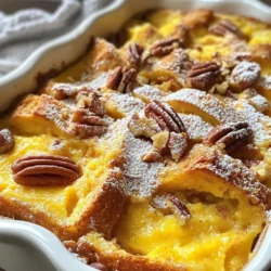 To make Pumpkin Cinnamon Bread Pudding, you need these key ingredients: - 4 cups day-old bread (like Brioche or Challah), cut into cubes - 1 cup pumpkin puree - 3 large eggs - 1 ½ cups milk - ½ cup heavy cream - ¾ cup brown sugar - 1 teaspoon vanilla extract - 1 teaspoon ground cinnamon - ½ teaspoon ground nutmeg - ¼ teaspoon ground ginger - ¼ teaspoon salt - ½ cup chopped pecans (optional) - Powdered sugar for dusting (optional) These ingredients combine to create a warm, spiced dish that feels like a hug. You might not have all these items on hand. Here are some easy swaps: - Use any bread you have, like white or whole wheat. - Swap pumpkin puree with sweet potato puree for a twist. - Replace heavy cream with more milk for a lighter version. - You can use maple syrup instead of brown sugar for a different sweet taste. - If you don’t have eggs, try using flaxseed meal with water as a binder. These substitutions keep the dish tasty and fun. Each serving is about 1/8 of the total recipe. Here’s what you get: - Calories: 300 - Protein: 6g - Fat: 15g - Carbohydrates: 39g - Fiber: 2g - Sugar: 15g This dish is a warm treat. It’s good to enjoy on chilly days. {{ingredient_image_1}} To start, gather your ingredients. You need day-old bread, pumpkin puree, eggs, milk, cream, and spices. Cut the bread into cubes. For this recipe, I love using Brioche or Challah. They add great flavor and texture. Next, preheat your oven to 350°F (175°C). Grease a 9x13 inch baking dish to prevent sticking. In a large bowl, whisk the pumpkin puree, eggs, milk, cream, brown sugar, vanilla, cinnamon, nutmeg, ginger, and salt. Mix it well until smooth. Now, add the bread cubes to the bowl. Stir gently so every piece is coated in the mixture. This step is key for flavor. Soaking the bread is very important. Allow it to sit for 15-20 minutes. This lets the bread absorb the liquid. Stir occasionally to keep the bread from floating. If you want, you can add chopped pecans at this stage for extra crunch. Make sure all the bread is covered. This will help create a nice, moist pudding. If you skip this step, the bread may not soak up enough flavor. Once the bread is soaked, pour it into the greased baking dish. Spread it out evenly for even cooking. Place it in the oven and bake for 45-50 minutes. You will know it's done when the top is golden brown. Check for doneness by inserting a toothpick into the center. If it comes out clean, your bread pudding is ready! Let it cool slightly before serving. For a sweet touch, dust with powdered sugar before enjoying. You can serve it warm, or with a scoop of vanilla ice cream for a treat! The right bread makes a big difference. I recommend using day-old bread. Brioche or challah works great. Their soft texture soaks up the liquid well. You can also use French or Italian bread. Just ensure it's not fresh. Fresh bread can become too mushy. To get a creamy texture, mix your wet ingredients well. Combine pumpkin puree, eggs, milk, and cream in a bowl. Whisk until smooth. Let the bread soak in this mixture. Aim for 15-20 minutes for the best results. Stir the bread gently to coat each piece. This helps absorb all the flavors. Spices are key to great flavor. I use ground cinnamon, nutmeg, and ginger in this recipe. They bring warmth and depth. You can also add chopped pecans for crunch. They add a nice texture and nutty flavor. Feel free to experiment with other spices too. A hint of cloves or cardamom can elevate the dish further. Pro Tips Use Stale Bread: Day-old bread works best for bread pudding as it absorbs the custard mixture without becoming mushy. Mix in Flavors: Feel free to add additional spices or flavorings like vanilla bean or orange zest to elevate the taste. Let it Rest: Allow the bread pudding to rest for a few minutes after baking; this helps it set and makes it easier to serve. Serve with Sauce: Drizzle with caramel or maple syrup for an extra indulgent touch when serving. {{image_2}} You can change the flavor of your pumpkin cinnamon bread pudding. Try adding chocolate chips for a sweet twist. Just fold in about 1 cup of semi-sweet chocolate chips into the bread mixture. If you love tartness, add 1 cup of dried cranberries instead. They pair well with pumpkin and spices. If you follow a gluten-free diet, use gluten-free bread. Look for a good-quality gluten-free bread that can hold up in the pudding. You can also replace the heavy cream with coconut cream. This change keeps it rich while making it gluten-free. To make this dish vegan, replace eggs with 1 cup of silken tofu. Blend the tofu until smooth and mix it with the other wet ingredients. Use almond milk or oat milk instead of regular milk. Swap heavy cream for coconut cream for a rich texture. These simple swaps make this bread pudding perfect for everyone! To keep your pumpkin cinnamon bread pudding fresh, store it in an airtight container. Allow it to cool first. You can place it in the fridge for up to three days. If you cover it well, it will stay moist and tasty. Avoid storing it in the warm kitchen, as this can make it spoil faster. When you're ready to enjoy your leftovers, preheat your oven to 350°F (175°C). Place the bread pudding in a baking dish. Cover it with foil to avoid drying out. Heat it for about 15-20 minutes. You can also microwave individual portions for about 30-60 seconds. Just check that it’s warm throughout before serving. If you want to save some for later, freezing is a great option. First, let the bread pudding cool completely. Then, wrap it tightly in plastic wrap. Place it in a freezer-safe bag or container. It can stay in the freezer for up to three months. When you are ready to eat it, thaw it in the fridge overnight. Reheat it as mentioned above for the best results. Yes, you can prepare Pumpkin Cinnamon Bread Pudding ahead of time. Just follow the recipe up to the baking step. Cover the dish with plastic wrap and store it in the fridge for up to 24 hours. When ready, bake it straight from the fridge. You may need to add a few extra minutes to the baking time. Homemade bread pudding lasts about three to four days in the fridge. Make sure to store it in an airtight container. For longer storage, you can freeze it. When frozen, it can last up to three months. Just remember to thaw it in the fridge before reheating. You have many tasty options for toppings. Here are a few favorites: - Whipped cream - Vanilla ice cream - Caramel sauce - Chopped nuts, like pecans or walnuts - A dusting of powdered sugar These toppings can add flavor and texture to your Pumpkin Cinnamon Bread Pudding. Enjoy experimenting to find your favorite! This article covered everything you need to know about Pumpkin Cinnamon Bread Pudding. You learned about key ingredients, easy steps for preparation, and helpful tips for the perfect dish. I shared variations for different tastes and dietary needs, plus storage tips for leftovers. Remember, making this dessert can be simple and fun. Each step and ingredient brings you closer to a delightful treat. Enjoy the process and feel great sharing it with others!