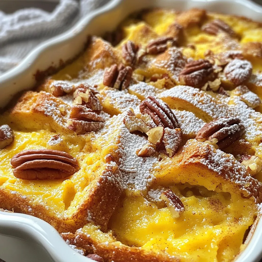 To make Pumpkin Cinnamon Bread Pudding, you need these key ingredients: - 4 cups day-old bread (like Brioche or Challah), cut into cubes - 1 cup pumpkin puree - 3 large eggs - 1 ½ cups milk - ½ cup heavy cream - ¾ cup brown sugar - 1 teaspoon vanilla extract - 1 teaspoon ground cinnamon - ½ teaspoon ground nutmeg - ¼ teaspoon ground ginger - ¼ teaspoon salt - ½ cup chopped pecans (optional) - Powdered sugar for dusting (optional) These ingredients combine to create a warm, spiced dish that feels like a hug. You might not have all these items on hand. Here are some easy swaps: - Use any bread you have, like white or whole wheat. - Swap pumpkin puree with sweet potato puree for a twist. - Replace heavy cream with more milk for a lighter version. - You can use maple syrup instead of brown sugar for a different sweet taste. - If you don’t have eggs, try using flaxseed meal with water as a binder. These substitutions keep the dish tasty and fun. Each serving is about 1/8 of the total recipe. Here’s what you get: - Calories: 300 - Protein: 6g - Fat: 15g - Carbohydrates: 39g - Fiber: 2g - Sugar: 15g This dish is a warm treat. It’s good to enjoy on chilly days. {{ingredient_image_1}} To start, gather your ingredients. You need day-old bread, pumpkin puree, eggs, milk, cream, and spices. Cut the bread into cubes. For this recipe, I love using Brioche or Challah. They add great flavor and texture. Next, preheat your oven to 350°F (175°C). Grease a 9x13 inch baking dish to prevent sticking. In a large bowl, whisk the pumpkin puree, eggs, milk, cream, brown sugar, vanilla, cinnamon, nutmeg, ginger, and salt. Mix it well until smooth. Now, add the bread cubes to the bowl. Stir gently so every piece is coated in the mixture. This step is key for flavor. Soaking the bread is very important. Allow it to sit for 15-20 minutes. This lets the bread absorb the liquid. Stir occasionally to keep the bread from floating. If you want, you can add chopped pecans at this stage for extra crunch. Make sure all the bread is covered. This will help create a nice, moist pudding. If you skip this step, the bread may not soak up enough flavor. Once the bread is soaked, pour it into the greased baking dish. Spread it out evenly for even cooking. Place it in the oven and bake for 45-50 minutes. You will know it's done when the top is golden brown. Check for doneness by inserting a toothpick into the center. If it comes out clean, your bread pudding is ready! Let it cool slightly before serving. For a sweet touch, dust with powdered sugar before enjoying. You can serve it warm, or with a scoop of vanilla ice cream for a treat! The right bread makes a big difference. I recommend using day-old bread. Brioche or challah works great. Their soft texture soaks up the liquid well. You can also use French or Italian bread. Just ensure it's not fresh. Fresh bread can become too mushy. To get a creamy texture, mix your wet ingredients well. Combine pumpkin puree, eggs, milk, and cream in a bowl. Whisk until smooth. Let the bread soak in this mixture. Aim for 15-20 minutes for the best results. Stir the bread gently to coat each piece. This helps absorb all the flavors. Spices are key to great flavor. I use ground cinnamon, nutmeg, and ginger in this recipe. They bring warmth and depth. You can also add chopped pecans for crunch. They add a nice texture and nutty flavor. Feel free to experiment with other spices too. A hint of cloves or cardamom can elevate the dish further. Pro Tips Use Stale Bread: Day-old bread works best for bread pudding as it absorbs the custard mixture without becoming mushy. Mix in Flavors: Feel free to add additional spices or flavorings like vanilla bean or orange zest to elevate the taste. Let it Rest: Allow the bread pudding to rest for a few minutes after baking; this helps it set and makes it easier to serve. Serve with Sauce: Drizzle with caramel or maple syrup for an extra indulgent touch when serving. {{image_2}} You can change the flavor of your pumpkin cinnamon bread pudding. Try adding chocolate chips for a sweet twist. Just fold in about 1 cup of semi-sweet chocolate chips into the bread mixture. If you love tartness, add 1 cup of dried cranberries instead. They pair well with pumpkin and spices. If you follow a gluten-free diet, use gluten-free bread. Look for a good-quality gluten-free bread that can hold up in the pudding. You can also replace the heavy cream with coconut cream. This change keeps it rich while making it gluten-free. To make this dish vegan, replace eggs with 1 cup of silken tofu. Blend the tofu until smooth and mix it with the other wet ingredients. Use almond milk or oat milk instead of regular milk. Swap heavy cream for coconut cream for a rich texture. These simple swaps make this bread pudding perfect for everyone! To keep your pumpkin cinnamon bread pudding fresh, store it in an airtight container. Allow it to cool first. You can place it in the fridge for up to three days. If you cover it well, it will stay moist and tasty. Avoid storing it in the warm kitchen, as this can make it spoil faster. When you're ready to enjoy your leftovers, preheat your oven to 350°F (175°C). Place the bread pudding in a baking dish. Cover it with foil to avoid drying out. Heat it for about 15-20 minutes. You can also microwave individual portions for about 30-60 seconds. Just check that it’s warm throughout before serving. If you want to save some for later, freezing is a great option. First, let the bread pudding cool completely. Then, wrap it tightly in plastic wrap. Place it in a freezer-safe bag or container. It can stay in the freezer for up to three months. When you are ready to eat it, thaw it in the fridge overnight. Reheat it as mentioned above for the best results. Yes, you can prepare Pumpkin Cinnamon Bread Pudding ahead of time. Just follow the recipe up to the baking step. Cover the dish with plastic wrap and store it in the fridge for up to 24 hours. When ready, bake it straight from the fridge. You may need to add a few extra minutes to the baking time. Homemade bread pudding lasts about three to four days in the fridge. Make sure to store it in an airtight container. For longer storage, you can freeze it. When frozen, it can last up to three months. Just remember to thaw it in the fridge before reheating. You have many tasty options for toppings. Here are a few favorites: - Whipped cream - Vanilla ice cream - Caramel sauce - Chopped nuts, like pecans or walnuts - A dusting of powdered sugar These toppings can add flavor and texture to your Pumpkin Cinnamon Bread Pudding. Enjoy experimenting to find your favorite! This article covered everything you need to know about Pumpkin Cinnamon Bread Pudding. You learned about key ingredients, easy steps for preparation, and helpful tips for the perfect dish. I shared variations for different tastes and dietary needs, plus storage tips for leftovers. Remember, making this dessert can be simple and fun. Each step and ingredient brings you closer to a delightful treat. Enjoy the process and feel great sharing it with others!
