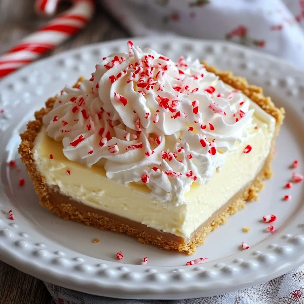 To make your Easy Candy Cane Pie, you need just a few simple items. Here’s the list: - Pre-baked graham cracker pie crust - 1 cup heavy whipping cream - 1 cup cream cheese, softened - 1 cup powdered sugar - 1 teaspoon peppermint extract - 1/2 cup crushed candy canes (plus extra for garnish) - Optional garnishes: Decorative sprinkles, whipped cream Each ingredient plays a key role in this tasty pie. The pre-baked graham cracker crust gives a sweet and crunchy base. The heavy whipping cream adds a rich texture. Cream cheese gives that creamy, smooth flavor. Powdered sugar sweetens the mix. Peppermint extract brings a fresh taste of the holidays. Crushed candy canes add crunch and festive flair. You can use decorative sprinkles and whipped cream to make the pie look special. These toppings not only add fun but also extra sweetness. You can adjust the amount of candy canes based on your taste. This recipe is flexible, so feel free to get creative! {{ingredient_image_1}} - Beating the heavy whipping cream: Start by pouring the heavy whipping cream into a large mixing bowl. Use a hand mixer or whisk. Beat until stiff peaks form. This takes about 2 to 3 minutes. Set the whipped cream aside. - Mixing the cream cheese and powdered sugar: In a separate bowl, add the softened cream cheese. Sprinkle in the powdered sugar. Beat the two together until the mixture is smooth and creamy. This helps create a rich base for your pie. - Incorporating peppermint extract and candy canes: Next, add the peppermint extract to the cream cheese mixture. Then, fold in the crushed candy canes. Mix well until you see the candy bits evenly spread. This adds a nice flavor and crunch. - Folding in whipped cream: Now it's time to fold the whipped cream into the cream cheese mix. Use a spatula. Gently combine the two until just blended. Be careful not to deflate the whipped cream. This keeps the pie light and airy. - Pouring into the pie crust: Take the pie crust and pour the mixture into it. Use a spatula to smooth the top. Make sure it is evenly spread for a nice presentation. - Refrigeration time and setting: Cover the pie with plastic wrap. Place it in the refrigerator for at least 4 hours. This allows the pie to set properly. The longer, the better, as it firms up nicely. Enjoy making this festive treat! It’s simple and delicious. To make whipped cream that stands tall, start with cold cream. I always chill my mixing bowl and beaters too. This helps the cream whip faster and keeps it firm. - How to beat cream to stiff peaks: Pour the heavy whipping cream into your cold bowl. Start mixing on low speed to avoid splatter. Gradually increase to high speed. It takes about 3 to 5 minutes to reach stiff peaks. Stop when the cream holds its shape and looks fluffy. - Avoiding deflation when folding: When you fold the whipped cream into the cream cheese mix, use a spatula. Gently lift and fold the mixture. Don’t stir hard; this can make your cream lose its air. The goal is to keep it light and airy. - Choosing the right cream cheese: Softened cream cheese works best. Let it sit at room temperature for about 30 minutes. This makes it easier to mix with the sugar and peppermint. A great pie looks as good as it tastes. Here are some fun ways to decorate your Easy Candy Cane Pie. - Creative topping suggestions: Use extra whipped cream as a fluffy cloud on top. You can also sprinkle crushed candy canes over it for a pop of color and crunch. - Customizing sprinkles and presentation: Consider using festive red and white sprinkles. They add a touch of holiday cheer. Place them in a pattern or sprinkle them randomly for a playful look. You can even use mini candy canes as a cute touch on the side of the pie. Pro Tips Chill Your Tools: Before whipping the cream, chill your mixing bowl and beaters in the freezer for about 10-15 minutes. This helps the cream whip up faster and achieve better volume. Softening Cream Cheese: To ensure smooth cream cheese, leave it at room temperature for about 30 minutes before using. This prevents lumps in your filling. Mixing Technique: When folding the whipped cream into the cream cheese mixture, use a gentle folding motion. This keeps the mixture light and airy for a fluffy pie. Garnish with Style: For an extra festive touch, use colorful sprinkles or drizzle melted chocolate over the top before serving. This adds visual appeal and enhances the flavor. {{image_2}} You can change the flavor of your Easy Candy Cane Pie easily. A great twist is making a chocolate mint candy cane pie. Just add cocoa powder to your cream cheese mixture. This adds depth and richness. You can also swap peppermint extract for other extracts, like vanilla or almond. Each one gives a unique taste. Another fun change is using different crusts. Instead of a graham cracker crust, try an Oreo crust or a chocolate cookie crust. These options add a new layer of flavor and crunch. You can even make a crust from crushed nuts if you want something nutty. If you need a gluten-free option, use a gluten-free pie crust. There are many good store-bought gluten-free crusts available. You can also make your own crust with gluten-free cookies. For a vegan version, try using coconut cream instead of heavy whipping cream. You can also use vegan cream cheese and powdered sugar. These swaps keep the pie creamy and delicious without dairy. Enjoy these options while still keeping the festive spirit of the pie! To keep your Easy Candy Cane Pie fresh, store it in the fridge. Use an airtight container to prevent it from picking up other flavors. If you do not have a container, cover the pie tightly with plastic wrap. This will help keep the crust from getting soggy. The pie can last in the fridge for up to three days. If you want to save some for later, you can freeze the Candy Cane Pie. First, let it set fully in the fridge. Then, slice the pie into pieces. Wrap each slice in plastic wrap, and place them in a freezer bag. Make sure to remove as much air as possible. The pie can stay frozen for up to two months. When you are ready to enjoy it, take a slice out of the freezer. Let it thaw in the fridge for a few hours before serving. This keeps the texture nice. You can add more whipped cream and crushed candy canes on top for a festive look! You can store Easy Candy Cane Pie in the fridge for up to five days. Make sure to cover it well. This keeps it fresh and tasty. If you have leftovers, use an airtight container. Yes, you can use fresh mint, but the flavor will be milder. You need to chop it finely. Use about two tablespoons of fresh mint. This will give you a nice, fresh taste, but note that the mint flavor will not be as strong as the extract. You can use coconut cream as a dairy-free option. It will give a rich texture. Another option is to use sour cream or Greek yogurt. Both will change the flavor slightly but still work well in the pie. Yes, it is very important to refrigerate the pie. It needs at least four hours to set properly. This helps the filling firm up and makes it easier to slice. If you skip this step, the pie may be too soft. You can use store-bought frosting if you want, but it will change the texture. Whipped cream is lighter and fluffier. If you choose frosting, try to pick a cream cheese or vanilla flavor for the best match. This blog post covered an easy and fun recipe for Candy Cane Pie. You learned about the key ingredients and the step-by-step process to make it. We shared useful tips for whipped cream and ideas for garnishing. We also explored tasty variations and storage methods. Creating this pie can bring joy to your festive celebrations. Enjoy the fresh flavors and festive colors. Play with the recipe and make it your own. Happy baking!