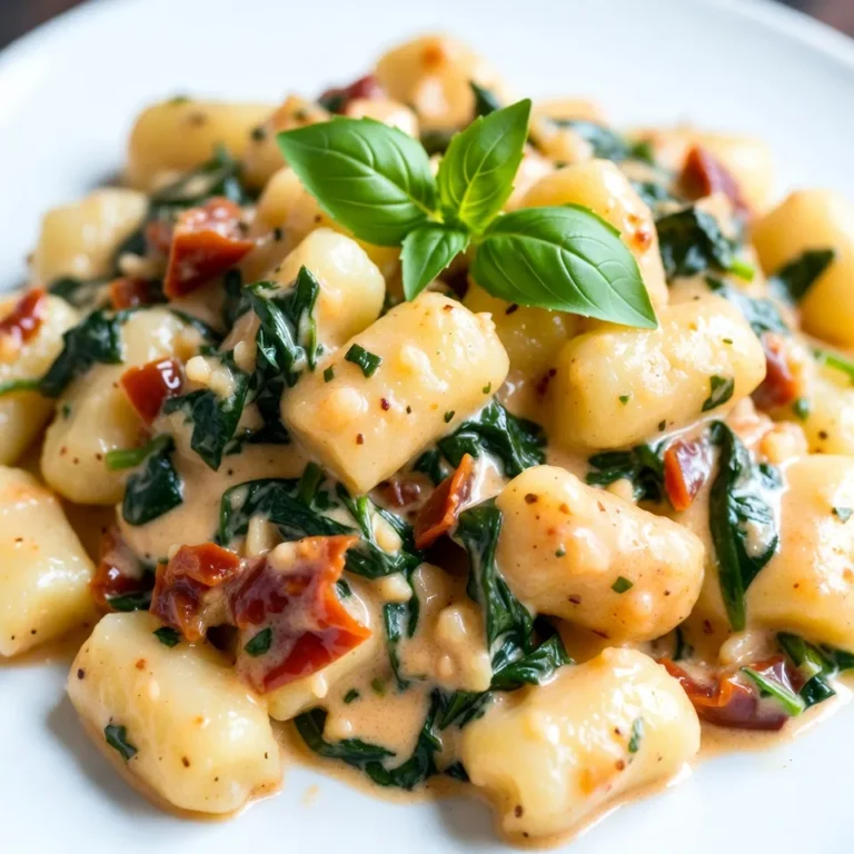 To make creamy sun-dried tomato gnocchi, you will need some tasty ingredients. Here’s the complete list: - 1 pound store-bought gnocchi - 1 cup heavy cream - 1/2 cup sun-dried tomatoes in oil, drained and chopped - 3 cloves garlic, minced - 1/2 cup grated Parmesan cheese - 2 cups fresh spinach, roughly chopped - 1 teaspoon Italian seasoning - Salt and pepper to taste - 2 tablespoons olive oil - Fresh basil leaves for garnish Each ingredient adds to the dish's rich flavor. The gnocchi serves as a soft base. Heavy cream gives the sauce its silky texture. Sun-dried tomatoes bring a sweet and tangy kick. Garlic adds depth and warmth to the dish. Parmesan cheese provides a salty, nutty taste. Fresh spinach adds a pop of color and nutrition. Italian seasoning blends herbs for a nice aroma. Olive oil helps in sautéing and adds richness. Salt and pepper balance the flavors. Finally, fresh basil leaves garnish the dish, making it look and smell amazing. With these ingredients, you're set for a delightful meal! {{ingredient_image_1}} To cook the gnocchi, bring a large pot of salted water to a boil. Add the gnocchi and cook until they float. This usually takes about 2-3 minutes. Once they float, remove them from the pot and drain well. Make sure to save a bit of that cooking water. This water helps to adjust the sauce later. In a large skillet, heat 2 tablespoons of olive oil over medium heat. Add 3 cloves of minced garlic and 1/2 cup of chopped sun-dried tomatoes. Sauté these for about 2-3 minutes until the garlic smells good. Keep an eye on the heat. You don’t want the garlic to burn. Next, pour in 1 cup of heavy cream and bring it to a gentle simmer. Stir in 1/2 cup of grated Parmesan cheese and 1 teaspoon of Italian seasoning. Mix well until the cheese melts into the cream. Stirring is key here. It helps the sauce thicken and blend nicely. Now, add 2 cups of roughly chopped spinach to the sauce. Cook for another 2-3 minutes until the spinach wilts. Then, gently fold in the cooked gnocchi. If the sauce seems too thick, add a splash of the reserved pasta water. This step is vital for getting the right sauce consistency. Taste your dish now. Add salt and pepper as needed to make it perfect. Adjust the flavors until it tastes just right for you. Transfer the creamy sun-dried tomato gnocchi to serving plates with care. For a lovely touch, garnish each plate with fresh basil leaves. This not only looks nice but adds a fragrant finish. Enjoy your delightful dish! - How do I keep gnocchi light and fluffy? Start with a large pot of salted water that boils. Cook the gnocchi until they float to the surface. This usually takes about 2-3 minutes. Remove them gently to keep their shape. - What can I do to avoid rubbery gnocchi? Avoid overcooking them. If they sit too long in water, they can become tough. Drain them right away and toss them with a little olive oil to prevent sticking. - What can I use for a creamier sauce? You can add cream cheese or mascarpone cheese. These will give you a richer texture. You can also use half-and-half if you want a lighter touch. - What flavor boosters should I think about? Consider adding a pinch of nutmeg for warmth. Fresh herbs like thyme or rosemary can also brighten the flavor. A splash of lemon juice will add a nice zing. - How can I make my dish visually appealing? Use a large, white plate to showcase your gnocchi. Swirl the sauce under the gnocchi for a nice effect. Top with fresh basil leaves for a pop of color. - What side dishes work well with this dish? A simple green salad with a light vinaigrette pairs nicely. You can also serve garlic bread for a cozy touch. Roasted vegetables add great flavor and texture too. Pro Tips Use Quality Gnocchi: Opt for high-quality, store-bought gnocchi for the best texture and flavor. Fresh gnocchi can elevate the dish even further if available. Adjust Cream to Taste: Feel free to adjust the amount of heavy cream based on your preference for creaminess. You can also substitute half-and-half for a lighter version. Fresh Herbs are Key: Incorporating fresh basil not only enhances the flavor but also adds a beautiful presentation. Consider adding a sprinkle of fresh herbs right before serving. Reserve Pasta Water: Always reserve some pasta cooking water before draining. This starchy water can help thin the sauce while adding flavor and creaminess. {{image_2}} If you need gluten-free gnocchi, look for brands made from rice or potato. These options keep the dish tasty and friendly for those with gluten allergies. For a dairy-free cream alternative, try coconut cream or cashew cream. Both add creaminess without dairy. You can boost the protein in your gnocchi by adding cooked chicken or shrimp. Both options add great flavor and make the dish more filling. For vegetables, consider adding mushrooms, zucchini, or bell peppers. These vegetables add color and nutrients to your plate. To enhance flavor, try adding fresh herbs like basil or parsley. These herbs make the dish smell amazing and taste fresh. Want some heat? Add red pepper flakes for a spicy kick. Just a pinch can elevate the flavor and make it more exciting! To keep your creamy sun-dried tomato gnocchi fresh, store it in the fridge. Use an airtight container to prevent moisture loss. This dish can last for up to three days in the refrigerator. Make sure to let it cool before sealing. This step keeps the gnocchi from becoming too soft. When you want to enjoy your leftovers, reheat them gently. Use a skillet over low heat. Add a splash of cream or water to keep it moist. Stir often to avoid burning. For best quality, eat the leftovers within three days. If you see any signs of spoilage, discard it. You can freeze creamy sun-dried tomato gnocchi for later enjoyment. To do this, let it cool completely, then transfer it to a freezer-safe container. It can stay in the freezer for up to three months. To thaw, place it in the fridge overnight. When you’re ready to eat, reheat in a skillet on low heat. Add a bit of cream or water to keep it creamy. You can use either store-bought or homemade gnocchi. Store-bought gnocchi saves time and is very convenient. It cooks quickly and gives you a great base for this dish. Homemade gnocchi takes more time but can taste fresher. If you choose to go homemade, aim for a light and fluffy texture. Either option works well in this recipe. Yes, you can prepare parts of this dish in advance. Cook the gnocchi and store it in the fridge. You can also make the creamy sauce ahead of time. Just keep both in separate containers. When you’re ready to eat, reheat the sauce and combine it with the gnocchi. This makes dinner very easy on busy nights. This dish pairs well with a fresh salad or some roasted vegetables. A simple green salad with a light vinaigrette works great. You could also serve it with garlic bread for a cozy meal. Just think about what you enjoy and balance the flavors. Yes, this recipe is great for meal prep. You can make a big batch and store it in containers. However, the gnocchi can get soft after a few days. To keep it fresh, try to eat it within three days. Reheat it gently to avoid mushiness. To make this dish vegan, swap the heavy cream for coconut milk or cashew cream. Use nutritional yeast instead of Parmesan cheese for a cheesy flavor. Ensure the gnocchi is egg-free or use a vegan brand. These changes let you enjoy this creamy dish while keeping it plant-based. This blog post covered making creamy sun-dried tomato gnocchi. We went over the ingredients, cooking steps, tips, and variations. Remember, using quality ingredients and following the steps will help you create a delicious meal. You can customize this dish with proteins or veggies to suit your taste. Enjoy trying different flavor twists and garnishing to make it your own. Simple tips for storage and reheating ensure great leftovers too. Get cooking and delight in this tasty dish!