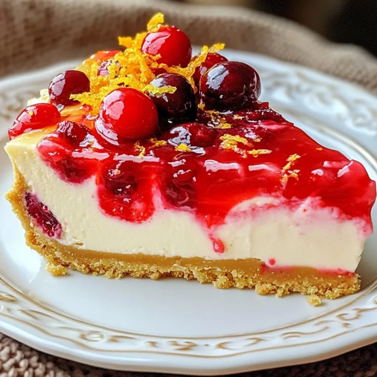 For the Christmas Cranberry Cheesecake, you will need: - 1 ½ cups graham cracker crumbs - ½ cup unsalted butter, melted - 2 cups cream cheese, softened - 1 cup granulated sugar - 3 large eggs - 1 teaspoon vanilla extract - 1 cup sour cream - 1 ½ cups fresh cranberries - ¼ cup orange juice - ½ cup sugar (for the cranberry topping) - 1 teaspoon cinnamon - Zest of 1 orange You can swap ingredients for similar ones. Here are some ideas: - Use almond or coconut milk instead of sour cream for a dairy-free option. - Replace granulated sugar with honey or maple syrup for a natural sweetener. - If you don't have graham crackers, try crushed cookies or even oats for the crust. - For a twist, use lemon juice instead of orange juice in the cranberry mix. Pick bright and firm cranberries. Here are some tips: - Look for shiny, plump berries without any blemishes. - Fresh cranberries should bounce when dropped. This shows they are firm. - Avoid any that are mushy or wrinkled. These are not fresh. - Store them in the fridge until you are ready to use them. It keeps them fresh longer. Using fresh ingredients makes a big difference in flavor. Enjoy your cheesecake! {{ingredient_image_1}} Start by preheating your oven to 325°F (160°C). This is vital for even baking. Next, in a medium bowl, mix 1 ½ cups of graham cracker crumbs with ½ cup of melted unsalted butter. Press this mixture firmly into the bottom of a 9-inch springform pan. Make sure it's even and compact. Bake the crust for 10 minutes. After baking, set it aside to cool. In a large bowl, take 2 cups of softened cream cheese. Use an electric mixer to beat it until smooth. Slowly add 1 cup of granulated sugar, mixing well. Next, add 3 large eggs one by one. Mix on low speed until just combined. Then stir in 1 teaspoon of vanilla extract and 1 cup of sour cream. Keep mixing until the filling is smooth and creamy. For the cranberry topping, grab a small saucepan. Over medium heat, combine 1 ½ cups of fresh cranberries, ½ cup of sugar, and ¼ cup of orange juice. Cook this mixture until the cranberries pop and soften, which takes about 5-7 minutes. Stir in 1 teaspoon of cinnamon and the zest of 1 orange. This adds warmth and flavor. Remove from heat and let it cool slightly. Now, let's assemble. Pour half of the cheesecake filling over the cooled crust. Spoon half of the cranberry mixture on top. Use a knife to swirl it gently. Pour the remaining filling on top, followed by the rest of the cranberry mixture. Swirl again if you like. Bake in your preheated oven for about 55-60 minutes. The center should be slightly jiggly but set. Once baked, turn off the oven and crack the door open. This helps the cheesecake cool slowly. Let it sit in the oven for about 1 hour. After that, transfer it to the refrigerator. Chill for at least 4 hours, or even overnight for the best flavor. When ready to serve, carefully remove the cheesecake from the springform pan. Slice it up and enjoy the creamy cheesecake with that tart cranberry topping. To get a smooth cheesecake texture, start with softened cream cheese. Cold cream cheese can cause lumps. Beat the cream cheese until it is creamy. Add sugar slowly while mixing. This helps to blend everything well. Mix in eggs one at a time. Overmixing can make the cheesecake dense. Use low speed on your mixer when adding eggs. Make your cheesecake festive with simple decorations. Top it with more cranberries and a sprinkle of zest. You can add a dollop of whipped cream. A few mint leaves can add a pop of color. Use a festive plate for a special touch. Drizzle some orange sauce around the cheesecake for extra flair. Avoid opening the oven door too soon. This can cause the cheesecake to crack. Let it cool slowly in the oven to avoid sudden temperature changes. Don't skip chilling the cheesecake overnight. This helps the flavors blend and sets the texture. Be careful when removing the cheesecake from the pan. Use a hot knife to slice for clean edges. Pro Tips Use Room Temperature Ingredients: Make sure your cream cheese and eggs are at room temperature before mixing. This helps to achieve a smooth and creamy texture in your cheesecake. Don’t Overmix: When adding the eggs, mix just until combined. Overmixing can incorporate too much air, leading to cracks in the cheesecake as it bakes. Cool Gradually: Allow the cheesecake to cool slowly in the oven with the door ajar. This helps prevent sudden temperature changes that can cause cracking. Chill Overnight: For the best flavor and texture, chill the cheesecake overnight before serving. This allows the flavors to meld beautifully and improves the overall consistency. {{image_2}} You can switch up the fruit on top of your cheesecake. Fresh raspberries, strawberries, or blueberries can make great choices. These fruits add color and flavor. You can also use a mix of berries for a fun look. Just make sure to adjust the sweetness if your fruits are very tart. If you want a gluten-free crust, use almond flour or gluten-free graham crackers. Mix the flour with melted butter, just like the regular crust. Press it into your pan and bake. This way, everyone can enjoy your cheesecake! Adding spices or extracts can boost the flavor. Cinnamon adds warmth, while nutmeg gives a holiday touch. You might also try almond or coconut extract for a unique twist. Just a little goes a long way. Experiment to find your favorite flavor mix! To store leftover cheesecake, wrap it tightly in plastic wrap. You can also place it in an airtight container. This keeps the cheesecake fresh and prevents it from absorbing other smells in the fridge. It’s best to store the cheesecake in the fridge for up to 5 days. Make sure to slice it before wrapping if you want easy access for later. If you want to keep the cheesecake for a longer time, freezing is a great option. First, let the cheesecake cool completely. Then, wrap it in plastic wrap and aluminum foil. This helps to keep out air and moisture. You can freeze the cheesecake for up to 2 months. When you are ready to eat it, move it to the fridge overnight to thaw slowly. When reheating, you don’t want to lose the creamy texture. It’s best to let the cheesecake come to room temperature before serving. If you prefer it warm, preheat your oven to 200°F (93°C). Place the cheesecake on a baking tray for about 10 to 15 minutes. This method warms it gently without cooking it further. Enjoy your cheesecake at its best texture! Yes, you can make this cheesecake a day or two ahead of time. It tastes even better after chilling. Just ensure you keep it covered in the fridge. This way, flavors blend nicely. The cheesecake is done when the edges are set, but the center is slightly jiggly. It will firm up as it cools. A slight jiggle means it's just right. Avoid overbaking, as that can lead to cracks. If you need a substitute for sour cream, plain Greek yogurt works well. It has a similar taste and texture. You can also use cream cheese mixed with a bit of milk. This keeps your cheesecake rich and smooth. Cranberry cheesecake lasts about 5 to 7 days in the fridge. Make sure it is well covered. This keeps it fresh and tasty. If you see any signs of spoilage, it’s best to toss it out. Yes, you can use frozen cranberries. Just thaw them first and drain excess water. They may be softer but will still add great flavor. Frozen cranberries are a good option if fresh ones are hard to find. You now have all the tools to make a great cranberry cheesecake. We covered the ingredients, steps, and tips to help you succeed. Knowing which ingredients work best makes a big difference. Keep in mind the common mistakes to avoid. Store your cheesecake properly so it stays fresh. Don't hesitate to try out the variations for more fun. Enjoy your baking journey and impress your friends and family with your tasty creation!