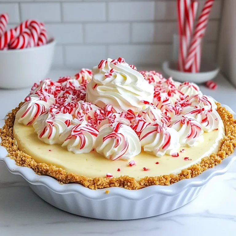 To make Easy Candy Cane Pie, gather these items: - 1 pre-made graham cracker pie crust - 8 oz cream cheese, softened - 1 cup powdered sugar - 1 teaspoon vanilla extract - 1 cup whipped cream (unsweetened or sweetened) - 1 teaspoon peppermint extract - 1/2 cup crushed candy canes (plus extra for garnish) - Red and white sprinkles (optional) These ingredients create a creamy and minty pie that is perfect for the holidays. The pre-made crust saves time, making this dessert quick and easy. You can change things up a bit! Here are some ideas: - Use an Oreo crust instead of the graham cracker crust for a chocolate twist. - Add crushed chocolate cookies on top for extra crunch. - Swap out peppermint extract for vanilla and use chocolate chips for a different flavor. These variations give you options to explore different tastes and textures. If you have allergies, here are some safe swaps: - Use dairy-free cream cheese to keep it dairy-free. - Replace whipped cream with coconut cream for a non-dairy option. - Choose a gluten-free crust if you need to avoid gluten. These substitutions help everyone enjoy this festive pie without worry. {{ingredient_image_1}} First, take your large mixing bowl. Add the 8 oz of softened cream cheese. Use an electric mixer to beat it until smooth. This step is key for a creamy pie. Next, gradually add 1 cup of powdered sugar. Keep mixing until it is well blended. Then, mix in 1 teaspoon of vanilla extract. Also, add 1 teaspoon of peppermint extract. This will give your pie a minty kick. Now it’s time to fold in the whipped cream. You need 1 cup of whipped cream, sweetened or unsweetened. Gently fold it into the cream cheese mixture. You want to keep it light and fluffy. Once combined, fold in 1/2 cup of crushed candy canes. This adds a nice crunch and festive flavor. Be careful not to overmix. Grab your pre-made graham cracker pie crust. Pour the minty cream cheese filling into the crust. Spread it out evenly with a spatula. Cover the pie with plastic wrap. Place it in the refrigerator for at least 2 hours. This chilling time helps the pie set properly. After chilling, you can take it out. Garnish with extra crushed candy canes and red and white sprinkles if you like. Now, your Easy Candy Cane Pie is ready to serve! To get that smooth and creamy texture, beat the cream cheese well. Use an electric mixer at medium speed. Mix until it looks fluffy and free of lumps. Slowly add the powdered sugar while mixing. This will help it blend nicely. Finally, fold in the whipped cream gently. This keeps the mix light and airy. You can boost the flavor with a few fun extras. Add a bit more peppermint extract for a stronger taste. You might like a splash of chocolate syrup mixed in too. If you are a fan of chocolate, consider drizzling it on top. Red and white sprinkles add a festive touch. They make the pie look pretty and fun! When serving, slice the pie into wedges for easy portions. A dollop of whipped cream on each slice looks nice. You can even place a whole candy cane on the pie for a special touch. This adds a pop of color and makes it festive. Enjoy the smiles when you serve this delightful pie! Pro Tips Chill the Cream Cheese: Ensure your cream cheese is fully softened for easy mixing, but avoid overheating it to maintain the right texture. Whipped Cream Consistency: If using unsweetened whipped cream, taste the filling before adding all the powdered sugar to balance the sweetness. Crush Candy Canes Properly: Use a zip-top bag and a rolling pin to crush the candy canes into fine pieces for better distribution in the filling. Garnishing Tips: For a festive touch, consider using crushed peppermint sticks or chocolate shavings along with the candy canes for a beautiful presentation. {{image_2}} You can make a Mint Chocolate Candy Cane Pie. This twist adds rich chocolate flavor. To do this, mix in 1/2 cup of melted chocolate before folding in the whipped cream. Use chocolate graham cracker crust for extra depth. Top the pie with chocolate shavings and crushed candy canes. It gives a great minty and chocolatey taste! If you want a no-bake version, you can skip the chilling step. Mix the ingredients as usual, then pour them into your pie crust. Instead of chilling, freeze it for 1 hour. This makes a firmer pie that is perfect for hot days. Just remember to let it sit out for a few minutes before slicing. Mini Candy Cane Pies are perfect for parties. Use small tart pans or muffin tins. Just fill the crusts with the cream cheese mixture. Chill them as you would the pie. These bite-sized treats are fun and easy to serve. You can decorate each with a sprinkle of crushed candy canes for a festive touch! To keep your Easy Candy Cane Pie fresh, use an airtight container. If you have leftover pie, cover it tightly with plastic wrap. This helps to lock in the flavor and moisture. Store it in the fridge for best results. Keeping it cold helps maintain its creamy texture. Avoid placing it near strong-smelling foods. This can affect the pie's taste. When stored properly, Candy Cane Pie stays good for about 3 to 5 days in the fridge. Always check for any signs of spoilage before eating. If it looks or smells off, it's better to toss it out. Enjoy the pie within this time for the best taste and quality. You can freeze Candy Cane Pie, but it may change the texture. If you choose to freeze it, wrap the pie well in plastic wrap and then in aluminum foil. This prevents freezer burn. It can last for about a month in the freezer. To thaw, place it in the fridge overnight. Avoid using a microwave, as it can make the pie watery. Enjoy it chilled for a refreshing treat! Yes, you can use other crusts for this pie. A regular pie crust works well. You could even try a chocolate crust for a fun twist. Just make sure it fits your pie dish. Each type of crust adds its own flavor. Absolutely! You can make this pie a day or two in advance. Just follow the recipe and chill it. This helps the flavors deepen. Cover it well to keep it fresh in the fridge. It’s a great time-saver during busy holidays. To make this pie gluten-free, switch to a gluten-free graham cracker crust. You can find options at most stores. They taste just as good. Keep the other ingredients the same. This way, everyone can enjoy the pie. This post covered key steps to make an easy Candy Cane Pie. We discussed the best ingredients, simple instructions, and helpful tips for perfecting the texture and flavor. You also learned about variations, like mint chocolate and no-bake options. Don't forget to check storage tips to keep your pie fresh. This dessert is great for any holiday gathering. Enjoy making and sharing your Candy Cane Pie!