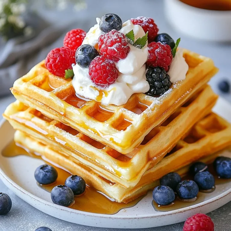 To make Fluffy Belgian Waffles, you need these simple ingredients: - 2 cups all-purpose flour - 2 tablespoons sugar - 1 tablespoon baking powder - 1/2 teaspoon salt - 2 large eggs - 1 3/4 cups milk - 1/2 cup unsalted butter, melted - 1 teaspoon vanilla extract - Optional toppings: fresh berries, whipped cream, maple syrup, chocolate sauce These ingredients come together to create a light and airy batter. Each one plays a key role. The flour gives structure, while the baking powder helps the waffles rise. Sugar adds sweetness, and salt enhances all the flavors. Eggs and milk provide moisture and richness. Butter adds a lovely flavor, and vanilla gives a warm touch. Feel free to get creative with toppings! Fresh berries brighten the dish. Whipped cream adds creaminess. Maple syrup brings a sweet touch, and chocolate sauce is a fun indulgence. {{ingredient_image_1}} 1. First, preheat your Belgian waffle maker. This step is key for crispy waffles. 2. In a large bowl, combine the dry ingredients: flour, sugar, baking powder, and salt. Mix them well. 3. In another bowl, whisk the eggs. Then add the milk, melted butter, and vanilla extract. Stir until mixed. 4. Pour the wet mix into the dry mix. Fold gently until just combined. The batter should be a bit lumpy. 1. Lightly grease the waffle maker with cooking spray or melted butter. This helps prevent sticking. 2. Pour enough batter into the waffle maker to cover the grid. Close the lid and cook for 4 to 5 minutes. 3. Once golden brown, carefully remove the waffles. Place them on a wire rack to keep them crisp. - For toppings, try fresh berries, whipped cream, or maple syrup. Chocolate sauce is also a great choice. - For presentation, stack the waffles high on a plate. Add toppings on top for a beautiful look. To make fluffy Belgian waffles, avoid overmixing the batter. When you mix the wet and dry ingredients, do it gently. Lumps are okay; they help keep the waffles light. If you mix too much, your waffles will turn out dense. Aim for about 4-5 minutes of cooking time for each waffle. This time can vary by waffle maker, so keep an eye on them. Greasing the waffle maker is key. Lightly spray it with cooking spray or brush it with melted butter. This helps the waffles cook evenly and makes them easy to remove. To know when the waffle is done, look for a golden-brown color. If your waffle maker has a light, wait for it to turn off. This signals that your waffle is ready to enjoy. Pro Tips Use Room Temperature Ingredients: Bringing eggs and milk to room temperature before mixing helps create a smoother batter and results in fluffier waffles. Don’t Overmix the Batter: It's important to keep the batter lumpy. Overmixing can lead to tough waffles, so stir until just combined. Keep Waffles Crisp: Place cooked waffles on a wire rack instead of a plate to avoid steam buildup, which can make them soggy. Experiment with Flavors: Add spices like cinnamon or nutmeg, or mix in chocolate chips or nuts to the batter for a delicious twist on classic waffles. {{image_2}} You can easily change the taste of your waffles. Adding spices or zest makes a big difference. Try adding a pinch of cinnamon or nutmeg for warmth. Lemon or orange zest gives a nice citrus note. These flavors wake up your waffles and make them special. You can also swap extracts for different flavors. Instead of vanilla, try almond or coconut extract. Each extract brings its unique twist, making your waffles fun to customize. Toppings can turn a simple waffle into a treat. Seasonal fruit toppings are a great choice. Fresh strawberries, blueberries, or peaches add color and taste. You can also mix fruits for a beautiful fruit medley. Unique sauce ideas can elevate your dish too. Consider using chocolate sauce, caramel, or a berry compote. Each sauce adds a new layer of flavor and makes your waffles more exciting. If you need gluten-free swaps, it's simple. Use a gluten-free flour blend instead of all-purpose flour. This keeps the texture light and fluffy. For vegan-friendly adaptations, replace eggs with flaxseed meal or applesauce. Use non-dairy milk and a vegan butter substitute. These changes mean everyone can enjoy delicious waffles without missing out. To keep leftover waffles fresh, let them cool. Place them in a single layer. Use a plate or a wire rack for this. Cover them with plastic wrap or foil. This helps prevent drying out. You can store them in the fridge for up to three days. For longer storage, freezing is best. When freezing, stack waffles with parchment paper between each one. This keeps them from sticking together. Then, place them in a freezer bag. Remove as much air as you can. Label the bag with the date. Waffles can stay frozen for up to three months. To reheat your waffles, a toaster works great. It gives them a nice, crispy finish. Set your toaster on medium heat. Toast each waffle for about three to four minutes. Check them closely, so they don’t burn. If you have more time, use an oven. Preheat it to 350°F (175°C). Place the waffles on a baking sheet. Heat them for about 10 minutes. This method warms them through while keeping them crisp. For an extra crispy texture, you can also use an air fryer. Preheat it to 370°F (190°C). Heat each waffle for about five minutes. This gives you a crunchy outside and warm inside. To make fluffy Belgian waffles, focus on these key steps: 1. Use the Right Flour: All-purpose flour is best. It gives the waffles a light texture. 2. Mix Dry Ingredients First: Whisk together flour, sugar, baking powder, and salt. This ensures even distribution. 3. Do Not Overmix: Combine wet and dry ingredients until just mixed. Lumpy batter leads to fluffy waffles. 4. Preheat Your Waffle Maker: A hot waffle maker creates a crispy outside and fluffy inside. 5. Cook Until Golden: Follow your waffle maker’s instructions. Wait for that perfect golden brown color. These simple steps help you achieve the best texture for your waffles. Belgian waffles are thicker and larger than regular waffles. They have deeper pockets for holding syrup and toppings. Their batter often includes more eggs and sometimes yeast. This gives them a light, airy texture. Regular waffles are usually crispier and smaller. They are perfect for quick breakfasts and snacks. Yes, you can use whole wheat flour. It adds a nutty flavor and more fiber. However, it may make waffles denser. You might want to mix half all-purpose flour and half whole wheat. This way, you keep some fluffiness while getting health benefits. You now have a solid recipe for delicious Belgian waffles. We covered the key ingredients, step-by-step prep, and cooking instructions. I shared tips for fluffy waffles and fun variations to try. Plus, I'll help you store and reheat any leftovers. Making waffles at home is simple and fun. Enjoy experimenting with different flavors and toppings. Happy cooking!