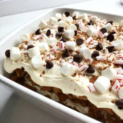 To create a No-Bake Christmas Cookie Lasagna, you will need the following ingredients: - 24 Gingerbread cookies, crushed - 1 cup heavy cream - 1 cup cream cheese, softened - ½ cup powdered sugar - ½ teaspoon vanilla extract - 1 cup whipped topping (like Cool Whip) - ½ cup mini marshmallows - ½ cup chocolate chips - ¼ cup crushed peppermint candies - ½ teaspoon cinnamon These ingredients work together to create a sweet and festive dessert. The gingerbread cookies give a warm spice flavor. The cream cheese adds a rich taste and smooth texture. Heavy cream makes the dessert light and airy. Whipped topping adds a fun touch of creaminess. The mini marshmallows bring a chewy bite, while chocolate chips add a sweet crunch. Crushed peppermint candies offer a refreshing twist. Cinnamon ties everything together with warmth. Having these ingredients ready will help you make the lasagna quickly. Plus, it’s a fun way to get everyone involved in the kitchen! {{ingredient_image_1}} First, take your softened cream cheese. Place it in a large mixing bowl. Now, beat the cream cheese with a mixer. Whip it until it looks fluffy and smooth. This step is key for a creamy texture. Next, grab your powdered sugar and vanilla extract. Slowly add the powdered sugar to the cream cheese. Mix until it blends well. Then, add the vanilla extract and blend again. Your cream mixture should be sweet and tasty! Now, let’s whip the heavy cream. Pour your cup of heavy cream into a clean bowl. Use a mixer to beat it until you see stiff peaks. This means the cream holds its shape well. Be careful not to overwhip, or it can turn grainy. Once you achieve those stiff peaks, it's time to fold. Gently combine the whipped cream with your cream cheese mixture. Use a spatula to fold the whipped cream in. This keeps the mix light and fluffy. Now comes the fun part—layering! Grab a 9x9 inch rectangular dish. Start by spreading a layer of crushed gingerbread cookies on the bottom. Make sure it covers the base evenly. Next, pour half of your cream mixture over the cookies. Smooth it out with a spatula. Now, sprinkle mini marshmallows, chocolate chips, and crushed peppermint candies over the cream. Dust a pinch of cinnamon on top for extra flavor. Repeat this process again. Add another layer of crushed gingerbread cookies. Then, pour the rest of the cream mixture over. Finish with more mini marshmallows, chocolate chips, and peppermint candies. Once layered, cover the dish with plastic wrap. Put it in the fridge for at least 4 hours. If you can, let it chill overnight. This helps the layers set perfectly. To make a smooth and creamy filling, start by beating the cream cheese until fluffy. This is key! Gradually mix in the powdered sugar and vanilla extract. Keep mixing until the ingredients blend well. This will make your cream mixture light and tasty. Next, whip the heavy cream in a separate bowl until stiff peaks form. Be gentle when you fold the whipped cream into the cream cheese mixture. This helps keep the texture light and airy. If you want to prepare this dessert in advance, you can! Make the layers a day before your gathering. After layering, cover the dish with plastic wrap. Refrigerate it overnight. This allows the flavors to meld and the layers to set perfectly. It also saves you time on the day of the event. Just take it out, garnish, and serve! To make your no-bake Christmas cookie lasagna shine, think about how to present it. Use a clear glass dish to show off those beautiful layers. Before serving, sprinkle extra crushed peppermint candies on top. This adds a festive touch. You could also add a few whole gingerbread cookies around the dish for decoration. This makes it look even more inviting and delicious! Pro Tips Use Fresh Ingredients: Ensure your cream cheese and heavy cream are fresh for the best flavor and texture in your lasagna. Chill for Best Results: Allow the lasagna to chill overnight for optimal layering and flavor melding, making it even more delicious. Customize Your Toppings: Feel free to substitute or add your favorite toppings, such as nuts or different types of chocolate, for a unique twist. Presentation Matters: Garnish with extra crushed peppermint and a sprinkle of cinnamon just before serving for a festive and appealing look. {{image_2}} You can change the cookie base for fun. Try using chocolate cookies instead of gingerbread. This adds a rich taste. Vanilla wafers also work well for a lighter flavor. For a fruity twist, use lemon cookies. Each option gives a new spin on the dessert. Want gluten-free? Use gluten-free gingerbread cookies. Many brands offer great options. For a dairy-free version, switch cream cheese with a vegan cream cheese. Coconut whipped cream makes a great substitute for heavy cream. These swaps keep the dish tasty and friendly for everyone. Customizing your cookie lasagna is easy. Add mini candy canes for more peppermint flavor. You can also mix in chopped nuts like pecans or walnuts for crunch. M&M's or holiday-themed chocolates bring color and fun. Get creative with your favorite holiday candies! To store your leftover No-Bake Christmas Cookie Lasagna, first, cover it well. Use plastic wrap or aluminum foil to keep air out. This helps it stay fresh. I recommend placing it in the fridge right after serving. It’s best to eat it within three days. The longer it sits, the softer the cookies become. If you want to store it longer, freezing is a great choice. First, cut it into pieces. This makes it easy to thaw just what you need. Wrap each piece in plastic wrap tightly. Then, place them in a freezer-safe bag. You can freeze it for up to a month. When you’re ready to eat, take a piece out and thaw it in the fridge overnight. This keeps the texture nice. In the fridge, your No-Bake Christmas Cookie Lasagna lasts about three to four days. After that, the cookies may lose their crunch. If you freeze it, you can enjoy it for a month. Just remember to check for any signs of spoilage before eating. Enjoy your festive treat! Yes, you can switch the gingerbread cookies for others. Try using Oreos, vanilla wafers, or even chocolate chip cookies. Each type of cookie adds a new flavor. This makes the lasagna fun and unique. You can mix and match to find your favorite. I recommend chilling the lasagna for at least four hours. If you can, chill it overnight. This time helps the layers set and the flavors meld. The longer it chills, the better the texture will be. It will be easier to slice and serve. Absolutely! To make this gluten-free, use gluten-free cookies. Look for brands that offer gluten-free gingerbread or chocolate cookies. Check the labels to ensure there is no gluten. This way, everyone can enjoy this tasty treat during the holidays. This blog explored the tasty gingerbread lasagna recipe. We covered ingredients, steps to prepare, and helpful tips. You learned how to layer cookies and cream for the best results. There are also options for different tastes and dietary needs. Now you can impress guests at any gathering with your holiday treat. Enjoy creating your own version and share it with family and friends!