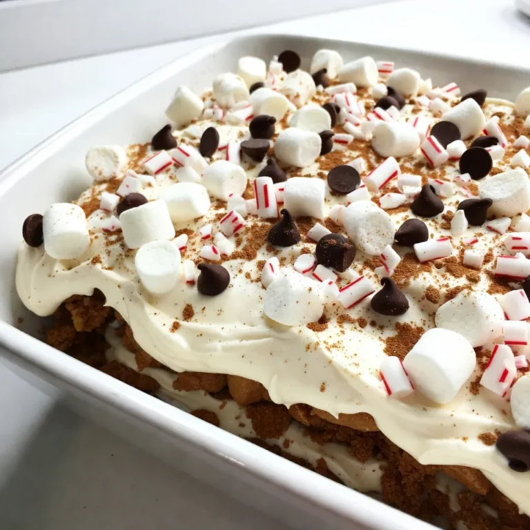 To create a No-Bake Christmas Cookie Lasagna, you will need the following ingredients: - 24 Gingerbread cookies, crushed - 1 cup heavy cream - 1 cup cream cheese, softened - ½ cup powdered sugar - ½ teaspoon vanilla extract - 1 cup whipped topping (like Cool Whip) - ½ cup mini marshmallows - ½ cup chocolate chips - ¼ cup crushed peppermint candies - ½ teaspoon cinnamon These ingredients work together to create a sweet and festive dessert. The gingerbread cookies give a warm spice flavor. The cream cheese adds a rich taste and smooth texture. Heavy cream makes the dessert light and airy. Whipped topping adds a fun touch of creaminess. The mini marshmallows bring a chewy bite, while chocolate chips add a sweet crunch. Crushed peppermint candies offer a refreshing twist. Cinnamon ties everything together with warmth. Having these ingredients ready will help you make the lasagna quickly. Plus, it’s a fun way to get everyone involved in the kitchen! {{ingredient_image_1}} First, take your softened cream cheese. Place it in a large mixing bowl. Now, beat the cream cheese with a mixer. Whip it until it looks fluffy and smooth. This step is key for a creamy texture. Next, grab your powdered sugar and vanilla extract. Slowly add the powdered sugar to the cream cheese. Mix until it blends well. Then, add the vanilla extract and blend again. Your cream mixture should be sweet and tasty! Now, let’s whip the heavy cream. Pour your cup of heavy cream into a clean bowl. Use a mixer to beat it until you see stiff peaks. This means the cream holds its shape well. Be careful not to overwhip, or it can turn grainy. Once you achieve those stiff peaks, it's time to fold. Gently combine the whipped cream with your cream cheese mixture. Use a spatula to fold the whipped cream in. This keeps the mix light and fluffy. Now comes the fun part—layering! Grab a 9x9 inch rectangular dish. Start by spreading a layer of crushed gingerbread cookies on the bottom. Make sure it covers the base evenly. Next, pour half of your cream mixture over the cookies. Smooth it out with a spatula. Now, sprinkle mini marshmallows, chocolate chips, and crushed peppermint candies over the cream. Dust a pinch of cinnamon on top for extra flavor. Repeat this process again. Add another layer of crushed gingerbread cookies. Then, pour the rest of the cream mixture over. Finish with more mini marshmallows, chocolate chips, and peppermint candies. Once layered, cover the dish with plastic wrap. Put it in the fridge for at least 4 hours. If you can, let it chill overnight. This helps the layers set perfectly. To make a smooth and creamy filling, start by beating the cream cheese until fluffy. This is key! Gradually mix in the powdered sugar and vanilla extract. Keep mixing until the ingredients blend well. This will make your cream mixture light and tasty. Next, whip the heavy cream in a separate bowl until stiff peaks form. Be gentle when you fold the whipped cream into the cream cheese mixture. This helps keep the texture light and airy. If you want to prepare this dessert in advance, you can! Make the layers a day before your gathering. After layering, cover the dish with plastic wrap. Refrigerate it overnight. This allows the flavors to meld and the layers to set perfectly. It also saves you time on the day of the event. Just take it out, garnish, and serve! To make your no-bake Christmas cookie lasagna shine, think about how to present it. Use a clear glass dish to show off those beautiful layers. Before serving, sprinkle extra crushed peppermint candies on top. This adds a festive touch. You could also add a few whole gingerbread cookies around the dish for decoration. This makes it look even more inviting and delicious! Pro Tips Use Fresh Ingredients: Ensure your cream cheese and heavy cream are fresh for the best flavor and texture in your lasagna. Chill for Best Results: Allow the lasagna to chill overnight for optimal layering and flavor melding, making it even more delicious. Customize Your Toppings: Feel free to substitute or add your favorite toppings, such as nuts or different types of chocolate, for a unique twist. Presentation Matters: Garnish with extra crushed peppermint and a sprinkle of cinnamon just before serving for a festive and appealing look. {{image_2}} You can change the cookie base for fun. Try using chocolate cookies instead of gingerbread. This adds a rich taste. Vanilla wafers also work well for a lighter flavor. For a fruity twist, use lemon cookies. Each option gives a new spin on the dessert. Want gluten-free? Use gluten-free gingerbread cookies. Many brands offer great options. For a dairy-free version, switch cream cheese with a vegan cream cheese. Coconut whipped cream makes a great substitute for heavy cream. These swaps keep the dish tasty and friendly for everyone. Customizing your cookie lasagna is easy. Add mini candy canes for more peppermint flavor. You can also mix in chopped nuts like pecans or walnuts for crunch. M&M's or holiday-themed chocolates bring color and fun. Get creative with your favorite holiday candies! To store your leftover No-Bake Christmas Cookie Lasagna, first, cover it well. Use plastic wrap or aluminum foil to keep air out. This helps it stay fresh. I recommend placing it in the fridge right after serving. It’s best to eat it within three days. The longer it sits, the softer the cookies become. If you want to store it longer, freezing is a great choice. First, cut it into pieces. This makes it easy to thaw just what you need. Wrap each piece in plastic wrap tightly. Then, place them in a freezer-safe bag. You can freeze it for up to a month. When you’re ready to eat, take a piece out and thaw it in the fridge overnight. This keeps the texture nice. In the fridge, your No-Bake Christmas Cookie Lasagna lasts about three to four days. After that, the cookies may lose their crunch. If you freeze it, you can enjoy it for a month. Just remember to check for any signs of spoilage before eating. Enjoy your festive treat! Yes, you can switch the gingerbread cookies for others. Try using Oreos, vanilla wafers, or even chocolate chip cookies. Each type of cookie adds a new flavor. This makes the lasagna fun and unique. You can mix and match to find your favorite. I recommend chilling the lasagna for at least four hours. If you can, chill it overnight. This time helps the layers set and the flavors meld. The longer it chills, the better the texture will be. It will be easier to slice and serve. Absolutely! To make this gluten-free, use gluten-free cookies. Look for brands that offer gluten-free gingerbread or chocolate cookies. Check the labels to ensure there is no gluten. This way, everyone can enjoy this tasty treat during the holidays. This blog explored the tasty gingerbread lasagna recipe. We covered ingredients, steps to prepare, and helpful tips. You learned how to layer cookies and cream for the best results. There are also options for different tastes and dietary needs. Now you can impress guests at any gathering with your holiday treat. Enjoy creating your own version and share it with family and friends!