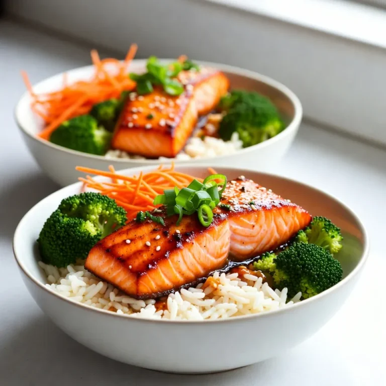 - 2 salmon fillets (approximately 6 oz each) - 1/4 cup low-sodium soy sauce - 2 tablespoons honey - 1 tablespoon rice vinegar - 2 teaspoons grated fresh ginger - 1 garlic clove, minced - 1 tablespoon sesame oil - 2 cups cooked jasmine or brown rice - 1 cup broccoli florets - 1 carrot, julienned - 1/4 cup sliced green onions - 1 tablespoon sesame seeds - Salt and pepper to taste Gather these fresh ingredients for your teriyaki salmon bowls. The salmon fillets provide protein and a rich flavor. Low-sodium soy sauce adds a savory note without too much salt. Honey brings sweetness, balancing the flavors. Rice vinegar gives it a nice tang. Fresh ginger and garlic add depth and aroma. Sesame oil enhances the dish with nutty notes. You’ll want cooked rice as a base. Jasmine rice is fragrant, while brown rice offers more fiber. For color and crunch, broccoli florets and julienned carrots are perfect. Green onions add a fresh kick, while sesame seeds provide a delightful crunch. Don’t forget salt and pepper to taste. {{ingredient_image_1}} - In a small bowl, whisk together: - 1/4 cup low-sodium soy sauce - 2 tablespoons honey - 1 tablespoon rice vinegar - 2 teaspoons grated fresh ginger - 1 minced garlic clove - 1 tablespoon sesame oil - This mixture forms your teriyaki sauce. Set it aside for marination. - Place 2 salmon fillets in a shallow dish. - Pour half of your teriyaki sauce over the salmon. - Marinate for at least 15 minutes. This helps the fish soak up the flavors. - While the salmon marinates, prepare your veggies. - Steam 1 cup of broccoli florets and 1 julienned carrot. - Steam for about 5-7 minutes. You want them tender but still bright. - Preheat your grill or skillet on medium-high heat. - Remove the salmon from the marinade. - Season it with salt and pepper. - Cook for 4-5 minutes on each side. The salmon should flake easily with a fork when done. - Start with a base of 2 cups of cooked jasmine or brown rice in a bowl. - Flake the cooked salmon on top of the rice. - Arrange the steamed broccoli and carrots around the salmon. - Drizzle the remaining teriyaki sauce over everything. - Finish with sliced green onions and sesame seeds for garnish. To make the teriyaki sauce just right, you can adjust the sweetness and flavor. If you want it sweeter, add more honey. For a tangy kick, increase the rice vinegar. Taste the sauce as you mix. It should balance salty, sweet, and tangy notes. This way, you can create a sauce that fits your taste perfectly. When it comes to cooking salmon, both grilling and baking work well. Grilling gives the fish a smoky flavor. It adds nice char marks, making it visually appealing. Baking is easier and requires less attention. It keeps the salmon moist and tender. Choose the method that fits your time and mood. Serve your teriyaki salmon bowls in bright, colorful dishes. This makes the meal more inviting. Use chopsticks for a fun touch. Garnish with extra sesame seeds and a wedge of lemon. This adds freshness and color. Place the salmon and veggies artfully on the rice. A beautiful bowl draws everyone in. Pro Tips Marinate Longer for Deeper Flavor: For an even more flavorful salmon, consider marinating the fillets for 30 minutes to an hour instead of just 15 minutes. Use Fresh Ingredients: Whenever possible, use fresh ginger and garlic for a more vibrant flavor in your teriyaki sauce. Perfectly Cooked Salmon: To ensure your salmon is perfectly cooked, look for a temperature of 145°F (63°C) or until it flakes easily with a fork. Customize Your Veggies: Feel free to substitute or add other vegetables like bell peppers or snap peas to suit your taste or what you have on hand. {{image_2}} If you want a change from salmon, you can try chicken or tofu. Chicken thighs or breasts work well. They soak up flavor nicely. Just follow the same marination steps. For tofu, choose firm or extra-firm. Cut it into cubes, marinate, and then pan-fry until golden brown. You can mix different veggies in your bowl. Bell peppers add a sweet crunch. Snap peas bring a nice snap. You can also use edamame for protein. Think about adding spinach or zucchini. These veggies not only taste great but also add color. Want some spice? Add sriracha or chili flakes to your teriyaki sauce. This gives the dish a kick. If you're short on time, use a store-bought teriyaki sauce. Look for low-sodium options to keep it healthy. You can get creative with flavors, too. Try adding orange juice for a citrus twist! To keep your Teriyaki Salmon Bowls fresh, place them in an airtight container. Store the bowl in the fridge for up to three days. If you have extra sauce, keep it in a separate container. This helps keep the rice and veggies from getting soggy. When it's time to eat your leftovers, you can reheat them in a few ways. Use a microwave for quick warming. Place the bowl in for one to two minutes. Stir halfway through to heat evenly. If you prefer, you can also use a skillet. Heat it on medium-low, stirring gently until warmed through. Avoid high heat to keep the salmon tender. You can freeze the salmon and rice if you want to save it longer. Wrap each salmon fillet tightly in plastic wrap, then place it in a freezer bag. This keeps air out and avoids freezer burn. For the rice, let it cool completely, then pack it in a freezer-safe container. You can freeze both for up to three months. When ready to eat, thaw them in the fridge overnight, then reheat as mentioned above. To make teriyaki sauce, you need a few simple ingredients: - 1/4 cup low-sodium soy sauce - 2 tablespoons honey - 1 tablespoon rice vinegar - 2 teaspoons grated fresh ginger - 1 minced garlic clove - 1 tablespoon sesame oil Just whisk these ingredients together in a bowl. This sauce is sweet, salty, and full of flavor. You can adjust the honey for more sweetness or add more ginger for a kick. Let it sit for a bit to blend the flavors. This homemade sauce works great with salmon! Yes, you can prep teriyaki salmon bowls ahead of time. Here are some tips: - Marinate the salmon: You can marinate the salmon fillets and store them in the fridge for up to 24 hours. - Cook the rice: Make your jasmine or brown rice in advance. Store it in an airtight container in the fridge. - Prep the veggies: Chop the broccoli and carrots the day before. Keep them in a sealed bag or container to stay fresh. When you're ready to eat, just cook the salmon and heat everything up. This makes for a quick and easy meal! There are many tasty sides to enjoy with teriyaki salmon bowls: - Steamed edamame: These young soybeans add a nice crunch. - Cucumber salad: A fresh salad with rice vinegar pairs well. - Pickled ginger: This adds a nice zing to your meal. - Miso soup: A warm bowl of miso soup makes a great starter. These sides enhance the flavors and make your meal more filling! This blog post explored how to make delicious teriyaki salmon bowls. We covered ingredients, preparing the sauce, marinating, cooking, and assembling your meal. I shared tips for perfecting flavor and presentation. You learned about variations, storage, and how to reheat leftovers. Teriyaki salmon bowls are easy to make and customize. They taste great and are healthy too. Enjoy experimenting with different ingredients or sharing with friends and family!