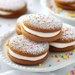 To make gingerbread sandwich cookies, gather these ingredients: - 2 ½ cups all-purpose flour - 1 tablespoon ground ginger - 1 tablespoon ground cinnamon - ½ teaspoon ground cloves - 1 teaspoon baking soda - ½ teaspoon salt - ¾ cup unsalted butter, softened - ½ cup brown sugar, packed - ½ cup granulated sugar - 1 large egg - ½ cup unsulfured molasses - 1 teaspoon vanilla extract - 1 ½ cups powdered sugar (for frosting) - 2 teaspoons milk (to adjust frosting consistency) - Optional: Sprinkles or edible glitter for decoration Each ingredient plays an important role in the flavor and texture of these cookies. The flour gives structure, while the spices add warmth and depth. The molasses adds sweetness and a rich color. Using butter helps create a tender cookie. Brown sugar brings moisture and a slight chewiness, while granulated sugar helps the cookies spread nicely. For the frosting, powdered sugar and milk create a sweet, creamy topping that holds everything together. You can add sprinkles or edible glitter for a festive touch. The ingredients are easy to find and perfect for cozy baking sessions. {{ingredient_image_1}} 1. Preheat the oven and prepare baking sheets: Start by preheating your oven to 350°F (175°C). Line two baking sheets with parchment paper. This helps the cookies not stick and makes clean-up easy. 2. Mix dry ingredients: In a mixing bowl, whisk together 2 ½ cups of all-purpose flour, 1 tablespoon of ground ginger, 1 tablespoon of ground cinnamon, ½ teaspoon of ground cloves, 1 teaspoon of baking soda, and ½ teaspoon of salt. This blend gives the cookies their warm, spicy flavor. 3. Cream butter with sugars: In a large bowl, beat ¾ cup of softened unsalted butter with ½ cup of packed brown sugar and ½ cup of granulated sugar. Mix until it’s creamy and light. This step adds air, making the cookies light and fluffy. 4. Combine wet ingredients with dry ingredients: Mix in 1 large egg, ½ cup of unsulfured molasses, and 1 teaspoon of vanilla extract until everything is smooth. Gradually add the dry mix to the wet mix. Stir until a soft dough forms. It should be touchable, not too sticky. 5. Chill the dough: Wrap the dough in plastic wrap and refrigerate for at least 30 minutes. This makes the dough easier to shape and helps the cookies hold their form when baking. 1. Shape and flatten cookies: After chilling, roll the dough into 1-inch balls. Place them about 2 inches apart on the baking sheets. Use the bottom of a glass to flatten each ball slightly. This gives them a nice shape. 2. Baking time and cooling tips: Bake the cookies in the preheated oven for 8-10 minutes. The edges should be firm, while the centers stay soft. Let them cool on the baking sheet for 5 minutes before transferring to a wire rack. This helps them set without breaking. 1. Preparing frosting: In a small bowl, mix 1 ½ cups of powdered sugar with 2 teaspoons of milk. Adjust the milk until you have a smooth, spreadable frosting. This will be the glue for your sandwich cookies. 2. Assembling sandwich cookies: Once the cookies are cool, spread frosting on the bottom of one cookie. Top it with another cookie to make a sandwich. Repeat this for all cookies. 3. Optional decoration techniques: If you want to add some flair, sprinkle edible glitter or sprinkles on the frosting before it sets. This gives your cookies a festive look! To get the best cookie texture, you need to chill the dough. This step helps the cookies keep their shape. If you skip this, the cookies may spread too much. Make sure to wrap the dough tightly in plastic wrap. Chill it in the fridge for at least 30 minutes. This will make the dough easier to work with. For frosting, get creative! You can use white icing for a classic look. If you want to spice it up, try colored frosting. You can also add sprinkles or edible glitter for a fun touch. These small details can make your cookies pop on any tray. Kids love to help with this part, too! To keep your cookies fresh, store them in an airtight container. Place parchment paper between layers if you stack them. This keeps them from sticking together. If you want to save some for later, freezing works well. Just wrap each cookie in plastic wrap, then put them in a freezer bag. They can last up to three months! Pro Tips Chill for Easier Handling: Chilling the dough for at least 30 minutes helps to firm it up, making it easier to roll into balls and preventing the cookies from spreading too much while baking. Adjust Frosting Consistency: If your frosting is too thick, add a little more milk, a teaspoon at a time, until you reach the desired spreadable consistency for the cookie sandwiches. Flavor Enhancement: For an extra burst of flavor, consider adding a teaspoon of freshly grated ginger to the dough for a more pronounced ginger taste in your cookies. Use Piping Bags for Frosting: To make decorating easier and neater, use a piping bag to apply the frosting between the cookies and on top for a beautiful finish. {{image_2}} You can add a twist to your gingerbread sandwich cookies by mixing in different spices. Try nutmeg or allspice for a warm flavor boost. These spices blend perfectly with the classic ginger and cinnamon. You can also incorporate chocolate or caramel. Melted chocolate drizzled on top adds richness. Caramel filling brings a sweet surprise in every bite. If you need gluten-free cookies, swap the all-purpose flour with a gluten-free blend. Many brands work well in this recipe. For vegan options, replace the butter with coconut oil or a vegan butter alternative. Use a flax egg instead of a regular egg. Just mix one tablespoon of ground flaxseed with three tablespoons of water. Let it sit until it thickens. Gingerbread cookies fit any holiday! For Christmas, add festive sprinkles or red and green icing. For Thanksgiving, use pumpkin pie spice instead of ginger and cinnamon. You can even shape the cookies into leaves or turkeys. These fun shapes make them a hit at any gathering. Gingerbread has a rich history. It dates back to ancient times, with roots in ancient Greece and Egypt. People made gingerbread for special events and celebrations. In medieval Europe, gingerbread became popular. Bakers shaped it into fun forms, often using molds. During the holidays, gingerbread houses and cookies became a staple. You might wonder about the difference between gingersnaps and gingerbread sandwich cookies. Both use similar spices like ginger, cinnamon, and cloves. Gingersnaps are crunchy and often spiced more. Gingerbread sandwich cookies are soft and chewy. They have a creamy filling that makes them special. Gingerbread takes many forms around the world. In Germany, people make lebkuchen, a spiced gingerbread with nuts. In Sweden, pepparkakor are thin, crisp cookies enjoyed during holidays. Each culture adds its twist to the classic recipe. Many countries have traditional recipes for gingerbread. For example, in Poland, they bake pierniki, often filled with jam. In Italy, you find pan di zenzero, which is soft and sweet. These variations show how gingerbread unites different cultures through delicious flavors. Can I use honey instead of molasses? Yes, you can use honey. Honey will make the cookies sweeter. It may also change the texture a bit. Molasses gives a unique flavor and color that honey lacks. What can I substitute for flour? You can use almond flour or oat flour. Both work well but may change the cookie's texture. Use a gluten-free blend if you want a gluten-free option. How do I know when my cookies are done baking? Look for firm edges and soft centers. The cookies should not be shiny or wet in the middle. They will firm up as they cool. Can I make the dough ahead of time? Yes! You can chill the dough and keep it in the fridge for up to three days. This helps the flavors develop and makes it easier to handle. How should I store leftover sandwich cookies? Store them in an airtight container at room temperature. They stay fresh for about a week. For longer storage, freeze the cookies for up to three months. This article covered everything you need to make gingerbread sandwich cookies. We looked at the ingredients, steps, tips, variations, and even some fun history. Baking these cookies can be easy and fun, perfect for any occasion. Remember to chill your dough for the best texture. You can customize flavors and decorate creatively. Now, gather your ingredients and start baking your delicious treats. Enjoy sharing these delightful cookies with family and friends!