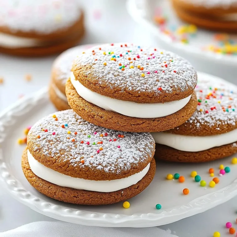 To make gingerbread sandwich cookies, gather these ingredients: - 2 ½ cups all-purpose flour - 1 tablespoon ground ginger - 1 tablespoon ground cinnamon - ½ teaspoon ground cloves - 1 teaspoon baking soda - ½ teaspoon salt - ¾ cup unsalted butter, softened - ½ cup brown sugar, packed - ½ cup granulated sugar - 1 large egg - ½ cup unsulfured molasses - 1 teaspoon vanilla extract - 1 ½ cups powdered sugar (for frosting) - 2 teaspoons milk (to adjust frosting consistency) - Optional: Sprinkles or edible glitter for decoration Each ingredient plays an important role in the flavor and texture of these cookies. The flour gives structure, while the spices add warmth and depth. The molasses adds sweetness and a rich color. Using butter helps create a tender cookie. Brown sugar brings moisture and a slight chewiness, while granulated sugar helps the cookies spread nicely. For the frosting, powdered sugar and milk create a sweet, creamy topping that holds everything together. You can add sprinkles or edible glitter for a festive touch. The ingredients are easy to find and perfect for cozy baking sessions. {{ingredient_image_1}} 1. Preheat the oven and prepare baking sheets: Start by preheating your oven to 350°F (175°C). Line two baking sheets with parchment paper. This helps the cookies not stick and makes clean-up easy. 2. Mix dry ingredients: In a mixing bowl, whisk together 2 ½ cups of all-purpose flour, 1 tablespoon of ground ginger, 1 tablespoon of ground cinnamon, ½ teaspoon of ground cloves, 1 teaspoon of baking soda, and ½ teaspoon of salt. This blend gives the cookies their warm, spicy flavor. 3. Cream butter with sugars: In a large bowl, beat ¾ cup of softened unsalted butter with ½ cup of packed brown sugar and ½ cup of granulated sugar. Mix until it’s creamy and light. This step adds air, making the cookies light and fluffy. 4. Combine wet ingredients with dry ingredients: Mix in 1 large egg, ½ cup of unsulfured molasses, and 1 teaspoon of vanilla extract until everything is smooth. Gradually add the dry mix to the wet mix. Stir until a soft dough forms. It should be touchable, not too sticky. 5. Chill the dough: Wrap the dough in plastic wrap and refrigerate for at least 30 minutes. This makes the dough easier to shape and helps the cookies hold their form when baking. 1. Shape and flatten cookies: After chilling, roll the dough into 1-inch balls. Place them about 2 inches apart on the baking sheets. Use the bottom of a glass to flatten each ball slightly. This gives them a nice shape. 2. Baking time and cooling tips: Bake the cookies in the preheated oven for 8-10 minutes. The edges should be firm, while the centers stay soft. Let them cool on the baking sheet for 5 minutes before transferring to a wire rack. This helps them set without breaking. 1. Preparing frosting: In a small bowl, mix 1 ½ cups of powdered sugar with 2 teaspoons of milk. Adjust the milk until you have a smooth, spreadable frosting. This will be the glue for your sandwich cookies. 2. Assembling sandwich cookies: Once the cookies are cool, spread frosting on the bottom of one cookie. Top it with another cookie to make a sandwich. Repeat this for all cookies. 3. Optional decoration techniques: If you want to add some flair, sprinkle edible glitter or sprinkles on the frosting before it sets. This gives your cookies a festive look! To get the best cookie texture, you need to chill the dough. This step helps the cookies keep their shape. If you skip this, the cookies may spread too much. Make sure to wrap the dough tightly in plastic wrap. Chill it in the fridge for at least 30 minutes. This will make the dough easier to work with. For frosting, get creative! You can use white icing for a classic look. If you want to spice it up, try colored frosting. You can also add sprinkles or edible glitter for a fun touch. These small details can make your cookies pop on any tray. Kids love to help with this part, too! To keep your cookies fresh, store them in an airtight container. Place parchment paper between layers if you stack them. This keeps them from sticking together. If you want to save some for later, freezing works well. Just wrap each cookie in plastic wrap, then put them in a freezer bag. They can last up to three months! Pro Tips Chill for Easier Handling: Chilling the dough for at least 30 minutes helps to firm it up, making it easier to roll into balls and preventing the cookies from spreading too much while baking. Adjust Frosting Consistency: If your frosting is too thick, add a little more milk, a teaspoon at a time, until you reach the desired spreadable consistency for the cookie sandwiches. Flavor Enhancement: For an extra burst of flavor, consider adding a teaspoon of freshly grated ginger to the dough for a more pronounced ginger taste in your cookies. Use Piping Bags for Frosting: To make decorating easier and neater, use a piping bag to apply the frosting between the cookies and on top for a beautiful finish. {{image_2}} You can add a twist to your gingerbread sandwich cookies by mixing in different spices. Try nutmeg or allspice for a warm flavor boost. These spices blend perfectly with the classic ginger and cinnamon. You can also incorporate chocolate or caramel. Melted chocolate drizzled on top adds richness. Caramel filling brings a sweet surprise in every bite. If you need gluten-free cookies, swap the all-purpose flour with a gluten-free blend. Many brands work well in this recipe. For vegan options, replace the butter with coconut oil or a vegan butter alternative. Use a flax egg instead of a regular egg. Just mix one tablespoon of ground flaxseed with three tablespoons of water. Let it sit until it thickens. Gingerbread cookies fit any holiday! For Christmas, add festive sprinkles or red and green icing. For Thanksgiving, use pumpkin pie spice instead of ginger and cinnamon. You can even shape the cookies into leaves or turkeys. These fun shapes make them a hit at any gathering. Gingerbread has a rich history. It dates back to ancient times, with roots in ancient Greece and Egypt. People made gingerbread for special events and celebrations. In medieval Europe, gingerbread became popular. Bakers shaped it into fun forms, often using molds. During the holidays, gingerbread houses and cookies became a staple. You might wonder about the difference between gingersnaps and gingerbread sandwich cookies. Both use similar spices like ginger, cinnamon, and cloves. Gingersnaps are crunchy and often spiced more. Gingerbread sandwich cookies are soft and chewy. They have a creamy filling that makes them special. Gingerbread takes many forms around the world. In Germany, people make lebkuchen, a spiced gingerbread with nuts. In Sweden, pepparkakor are thin, crisp cookies enjoyed during holidays. Each culture adds its twist to the classic recipe. Many countries have traditional recipes for gingerbread. For example, in Poland, they bake pierniki, often filled with jam. In Italy, you find pan di zenzero, which is soft and sweet. These variations show how gingerbread unites different cultures through delicious flavors. Can I use honey instead of molasses? Yes, you can use honey. Honey will make the cookies sweeter. It may also change the texture a bit. Molasses gives a unique flavor and color that honey lacks. What can I substitute for flour? You can use almond flour or oat flour. Both work well but may change the cookie's texture. Use a gluten-free blend if you want a gluten-free option. How do I know when my cookies are done baking? Look for firm edges and soft centers. The cookies should not be shiny or wet in the middle. They will firm up as they cool. Can I make the dough ahead of time? Yes! You can chill the dough and keep it in the fridge for up to three days. This helps the flavors develop and makes it easier to handle. How should I store leftover sandwich cookies? Store them in an airtight container at room temperature. They stay fresh for about a week. For longer storage, freeze the cookies for up to three months. This article covered everything you need to make gingerbread sandwich cookies. We looked at the ingredients, steps, tips, variations, and even some fun history. Baking these cookies can be easy and fun, perfect for any occasion. Remember to chill your dough for the best texture. You can customize flavors and decorate creatively. Now, gather your ingredients and start baking your delicious treats. Enjoy sharing these delightful cookies with family and friends!