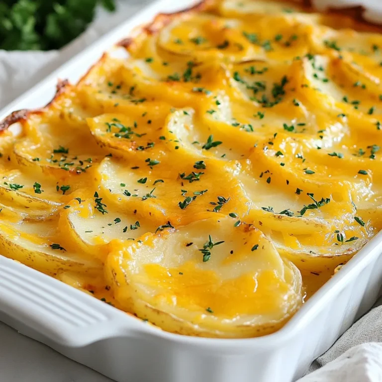 - 4 large Yukon gold potatoes - 2 cups heavy cream - 1 cup sharp cheddar cheese - 1 cup Gruyère cheese - 3 cloves garlic - 1 small onion - 2 tablespoons unsalted butter - 1 teaspoon thyme leaves - Salt and pepper - Fresh parsley Using the right ingredients makes all the difference. I love Yukon gold potatoes for their creamy texture. Slice them thinly for even cooking. Heavy cream gives a rich taste. It’s key for that creamy sauce. Sharp cheddar adds a bold flavor, while Gruyère melts beautifully. Don't forget garlic! It adds a lovely aroma. Use fresh cloves for the best taste. A small onion gives sweetness and depth. Butter brings everything together and helps with browning. Thyme leaves add a nice herbal note. Salt and pepper are essential for seasoning. Finally, fresh parsley adds a pop of color and freshness when serving. These ingredients create a delicious dish that everyone will enjoy. {{ingredient_image_1}} 1. Preheating the oven: Start by preheating your oven to 375°F (190°C). This sets the right heat for baking. 2. Preparing the garlic and onion: Next, take three cloves of garlic and mince them finely. Chop one small onion into tiny pieces. These add great flavor to your dish. 3. Making the cream mixture: In a medium saucepan, melt two tablespoons of unsalted butter over medium heat. Once melted, add the minced garlic and chopped onion. Sauté them until the onion turns clear, about 3-4 minutes. Then, stir in two cups of heavy cream and one teaspoon of thyme leaves. Bring the mixture to a light simmer and season with salt and pepper. 1. Arranging potato slices: Now, take four large Yukon gold potatoes. Slice them thinly. Grease a 9x13 inch baking dish with butter. Begin layering half of the potato slices in the dish. Overlap them slightly for even cooking. 2. Adding cream mixture and cheese layers: Pour half of the cream mixture over the first layer of potatoes. Next, sprinkle half a cup of sharp cheddar cheese and half a cup of Gruyère cheese over the mixture. Repeat this process with the remaining potato slices, cream mixture, and cheese. Top it all off with a final layer of cheese. 1. Covering with foil: Take a piece of aluminum foil and cover the baking dish. This helps steam the potatoes and cook them well. 2. Uncovering for browning: Bake your dish for 45 minutes. After that, remove the foil. Bake it for an additional 15-20 minutes until the top is golden brown and bubbly. This will give you that perfect, crispy topping. To get that golden crust, set your oven to 375°F (190°C). This temperature helps the potatoes cook nicely. Bake for 45 minutes covered with foil. After that, remove the foil and bake for 15 to 20 more minutes. Keep an eye on it. You want it bubbly and golden. A common mistake is having watery layers. Make sure to squeeze out any excess moisture from the potatoes before layering. This step keeps your dish creamy, not soggy. Another mistake is uneven cooking. Layer the potatoes evenly. If they overlap too much, some may not cook fully. For a fresh touch, top your dish with chopped parsley. It adds color and flavor. You might also consider using thyme or chives. These herbs brighten the dish. Want more flavor? Add crispy bacon bits or some extra cheese on top for a tasty twist. Pro Tips Choose the Right Potatoes: Yukon gold potatoes are ideal for scalloped potatoes due to their creamy texture and ability to hold their shape during baking. Layering Technique: Make sure to overlap the potato slices slightly in each layer to ensure even cooking and a uniform texture. Cheese Variations: Feel free to mix and match different cheeses such as Fontina or Parmesan for a unique flavor profile. Let It Rest: Allow the dish to cool for a few minutes after baking; this helps the layers set, making it easier to serve. {{image_2}} You can switch up the cheese in this dish. Try using mozzarella for a milder taste. Cream cheese can add a rich, creamy texture. For a stronger flavor, consider blue cheese. If you're looking for non-dairy options, use cashew cheese or almond cheese. These can give a nice creaminess without dairy. Adding veggies can enhance the taste of your scalloped potatoes. Try spinach or kale for a healthy boost. Mushrooms bring an earthy flavor, while bell peppers add sweetness. You can also mix in proteins like cooked chicken or ham. This makes the dish heartier and even more satisfying. For those who need gluten-free meals, use gluten-free flour in the cream sauce. This keeps the texture smooth. If you want to make it vegan, replace the heavy cream with coconut milk. Nutritional yeast can add a cheesy flavor without using dairy. These changes keep the dish delicious while meeting dietary needs. To keep your golden scalloped potatoes fresh, follow these simple steps: - Refrigeration: Let the dish cool before storing. Place leftovers in an airtight container. Store in the fridge right away. - Lifespan: If stored properly, they last for about 3 to 5 days. When you want to enjoy your leftovers, here are some ways to reheat them: - Keeping it moist: Add a splash of cream or milk before reheating. This helps keep the dish creamy and delicious. - Oven vs. Microwave: For the oven, preheat to 350°F (175°C). Cover the dish with foil to keep it moist. Bake for about 20 minutes. In the microwave, heat in short bursts. Stir in between to heat evenly. If you want to store them for a longer time, follow these freezing tips: - Freezing steps: Cool the dish completely. Cut it into portions for easy serving. Wrap each portion tightly in plastic wrap or foil. Place in a freezer-safe container. - Thawing and reheating: To thaw, move it to the fridge overnight. For reheating, follow the same oven steps. Bake until heated through, about 30-40 minutes. Yes, you can prepare scalloped potatoes in advance. You can slice the potatoes and make the cream mixture ahead of time. Store the potato slices in water to prevent browning. Keep the cream mixture in the fridge. Combine them when you are ready to bake. - Overnight storage tips: Place the prepared potatoes in an airtight container. Add a bit of lemon juice to the water to help keep them fresh. The cream mix should also go in a sealed container in the fridge. - Reheating before serving: If you prepare them a day ahead, bake them straight from the fridge. Remember to cover with foil for the first half of baking. This helps heat them evenly. Yes, you can use other types of potatoes. Yukon gold creates a creamy texture, but russet or red potatoes can work too. Each type of potato has its pros and cons. - Pros and cons of different potatoes: - Russet potatoes: They are starchy and fluffy, but they may break down more. - Red potatoes: They hold their shape well but may be less creamy. - Yukon gold potatoes: They give a nice balance of creaminess and flavor, making them a great choice. You can make scalloped potatoes healthier with a few simple swaps. Reducing the fat and calories can make a big difference. - Reducing fat and calories: Use half-and-half instead of heavy cream. You can also cut back on cheese or use lower-fat cheese options. - Alternative ingredients to consider: Consider adding more vegetables, like spinach or broccoli. You could also use almond milk or nut milk as a lighter cream alternative. Scalloped potatoes combine simple ingredients for a rich, tasty dish. We went through each step, from selecting potatoes to baking. You learned tips for a golden crust and variations to cater to different tastes. Remember, perfect preparation makes a great meal. Use fresh herbs and adjust ingredients to match your needs. With proper storage, this dish stays delicious. Now you have all you need to make scalloped potatoes a hit at your table! Enjoy crafting this comforting dish your loved ones will savor.