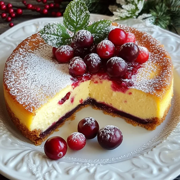 For the Christmas Cranberry Cheesecake, you will need: - 1 ½ cups graham cracker crumbs - ½ cup unsalted butter, melted - 1 cup granulated sugar, divided - 3 (8 oz) packages cream cheese, softened - 1 teaspoon vanilla extract - 3 large eggs - 1 cup sour cream - 1 cup fresh cranberries, plus extra for garnish - ¼ cup orange juice - 1 teaspoon orange zest - 1 tablespoon cornstarch - ½ teaspoon cinnamon - Pinch of salt If you don’t have some ingredients, don’t worry! Here are some easy swaps: - Graham cracker crumbs: Use crushed cookies or digestive biscuits. - Unsalted butter: Coconut oil works well too. - Granulated sugar: You can use brown sugar for a richer taste. - Sour cream: Greek yogurt is a great substitute. - Fresh cranberries: Dried cranberries work, but they will be sweeter. Fresh cranberries are key for this cheesecake. They add a nice tartness that balances the sweet cream cheese. Their bright color makes the cheesecake look festive. Plus, fresh cranberries are higher in nutrients compared to dried ones. If you use fresh cranberries, your cheesecake will taste better and look stunning! {{ingredient_image_1}} First, preheat your oven to 325°F (160°C). This will get it ready for baking. Next, grab a mixing bowl. Combine 1 ½ cups of graham cracker crumbs with ½ cup of melted unsalted butter. Add ¼ cup of granulated sugar to this mix. Stir it all together until it looks like wet sand. Now, press this mixture firmly into the bottom of a 9-inch springform pan. Make sure it is even and compact. Bake the crust for 10 minutes. Once done, take it out and let it cool while you prepare the filling. In a large bowl, add 3 packages of softened cream cheese. Use an electric mixer to beat it until smooth. Next, gradually add ¾ cup of granulated sugar and mix. This step is key for a sweet filling. Now, add the eggs one at a time. Mix well after each egg to keep it smooth. After that, stir in 1 cup of sour cream, 1 teaspoon of vanilla extract, ¼ cup of orange juice, and 1 teaspoon of orange zest. Don’t forget to add 1 tablespoon of cornstarch, ½ teaspoon of cinnamon, and a pinch of salt. Mix until the filling is nice and smooth. Finally, gently fold in 1 cup of fresh cranberries. Be careful not to break them too much! Pour the filling into the cooled crust. Spread it evenly across the top. Now, bake the cheesecake in your preheated oven for 55-60 minutes. Look for the center to be set but still a little jiggly. This means it will be creamy. After baking, turn off the oven. Leave the cheesecake inside for one more hour to cool down slowly. This helps stop cracks from forming. Once an hour passes, take it out and let it cool to room temperature. Then, refrigerate it for at least 4 hours, or even overnight, for best results. To keep your cheesecake smooth, follow a few simple steps. First, let the cream cheese come to room temperature. Cold cream cheese can cause lumps. Second, mix the filling on low speed. High speed can add too much air, which leads to cracks. Lastly, cool the cheesecake slowly. After baking, turn off the oven and let it sit inside for an hour. This gentle cooling helps prevent cracks. Measuring your ingredients correctly is very important. Use dry measuring cups for solids like graham crumbs. Fill the cup, then level it with a knife. For liquids, use a clear measuring cup with a spout. Pour until the liquid reaches the right line. Always pack brown sugar tightly when measuring. This ensures you get the right amount for your cheesecake. A smooth filling makes your cheesecake stand out. Start by beating the softened cream cheese until it looks creamy. Add sugar gradually while mixing. This helps the sugar dissolve well. When adding eggs, mix each one in fully before adding the next. Finally, fold in your cranberries gently. This keeps some texture without breaking the berries. Pro Tips Use Room Temperature Ingredients: Allow your cream cheese, eggs, and sour cream to sit at room temperature for about 30 minutes before mixing. This helps achieve a smoother batter without lumps. Don’t Overmix: When adding the eggs, mix just until combined. Overmixing can incorporate too much air, leading to cracks in your cheesecake as it bakes. Water Bath Method: For a creamier texture and to prevent cracking, consider baking your cheesecake in a water bath. Wrap the springform pan in foil and place it in a larger pan filled with water while baking. Chill Overnight: If possible, let your cheesecake chill overnight before serving. This enhances the flavor and improves the texture, making it even more delicious! {{image_2}} You can switch up the cranberries for other fruits. Try using raspberries for a tart kick. Blueberries add a sweet twist. You can also mix in chopped strawberries for a fruity burst. Each fruit brings its own unique flavor. Experiment to find your favorite! If you need a gluten-free crust, use almond flour or gluten-free cookie crumbs. Combine them with melted butter to form a base. Press the mix into the pan just like the original recipe. This will keep your cheesecake tasty and safe for those avoiding gluten. To make a lower-calorie cheesecake, use light cream cheese instead of regular. You can also swap out sour cream for Greek yogurt. Use a sugar substitute like stevia or monk fruit for sweetness. These simple swaps cut calories without losing flavor. Enjoy a guilt-free festive treat! After you bake your Christmas cranberry cheesecake, let it cool. Once it's cool to room temp, cover it tightly with plastic wrap. Place it in the fridge. This keeps it fresh for up to 5 days. If you want to enjoy it later, remember to avoid leaving it out too long. Always chill it right after serving. You can freeze cheesecake for longer storage. First, let it cool completely. Wrap it well in plastic wrap, then in foil. This prevents freezer burn. Label the package with the date. You can freeze it for up to 3 months. To thaw, move it to the fridge overnight. This keeps the texture smooth. If you want to reheat your cheesecake, do it gently. Place a slice on a microwave-safe plate. Heat it in short bursts of 15-20 seconds. Check often to avoid overheating. You want it warm, not hot. This way, the flavors stay fresh and tasty. Enjoy every bite! Yes, you can make this cheesecake ahead of time. I recommend making it a day or two before your event. This allows the flavors to blend well. Just make sure to chill it in the fridge after it cools. Cover it with plastic wrap to keep it fresh. To check if your cheesecake is done, look for a slight jiggle in the center. It should not be firm but should hold its shape. If you insert a toothpick, it should come out clean. Remember, the cheesecake will set more as it cools. You can serve your cheesecake with a few tasty options. A drizzle of homemade cranberry sauce adds more flavor. Fresh mint leaves brighten the dish. You can also add a dollop of whipped cream for extra creaminess. Cranberry cheesecake needs fresh ingredients and detailed steps. We covered the key ingredients, smart swaps, and why fresh cranberries matter. I shared tips to avoid cracks and ensure a smooth filling. You can try fun variations and store leftovers properly to keep them fresh. Remember, you can prepare this dessert ahead, check for doneness easily, and pair it with tasty options. Enjoy making your cheesecake and impress your friends and family!