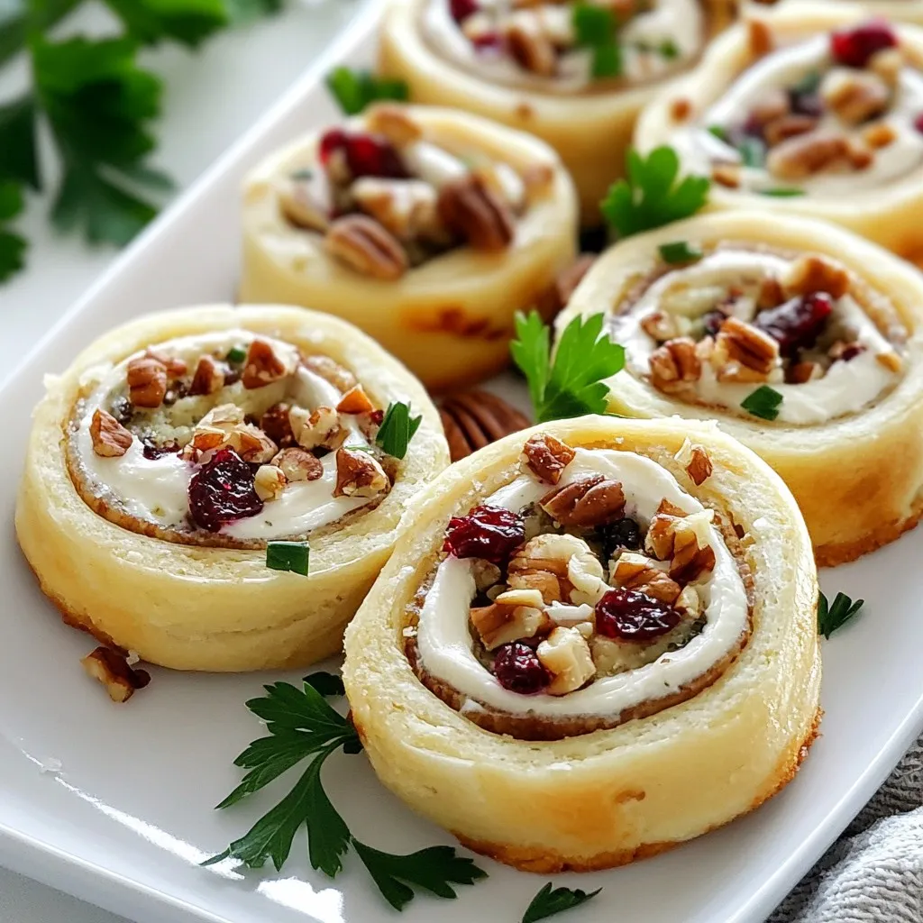- 1 (8 oz) package cream cheese, softened - 1/2 cup dried cranberries, chopped - 1/2 cup pecans, finely chopped - 2 tablespoons honey - 1/2 teaspoon vanilla extract - 4 large flour tortillas (or spinach wraps for added color) These key ingredients form the base of our Christmas Cranberry Pinwheels. The cream cheese serves as a creamy backdrop. Chopped dried cranberries add a sweet and tangy bite. Finely chopped pecans bring in that satisfying crunch. Honey adds natural sweetness, while vanilla extract enhances the flavor. Finally, tortillas hold everything together and create the perfect bite. - Fresh parsley leaves While the pinwheels look great on their own, a sprinkle of fresh parsley adds a pop of color. It also brings a fresh taste that complements the sweet filling. Using garnishes can elevate your dish and make it look festive on the table. {{ingredient_image_1}} First, I mix the filling. In a medium bowl, I combine the softened cream cheese, chopped dried cranberries, chopped pecans, honey, and vanilla extract. I stir them well until they blend smoothly. This mixture is sweet and creamy, perfect for our pinwheels. Next, I lay one tortilla flat on a clean surface. I take a generous amount of the cranberry-cream cheese mixture and spread it evenly over the entire surface. I make sure to reach the edges to ensure every bite is delicious. Now, let's roll the pinwheels. I carefully roll the tortilla tightly from one edge to the other, creating a log shape. I repeat this with the remaining tortillas and filling. Each log should be tight to hold the filling well. Once I have all the tortillas rolled, I wrap each log tightly in plastic wrap. I place them in the refrigerator for at least 1 hour. Chilling helps firm up the filling and makes slicing easier later. After chilling, I take the logs out of the fridge and unwrap them. Using a sharp knife, I slice each log into ½-inch thick pinwheels. I make sure to cut straight to keep the shapes nice and neat. For serving, I arrange the pinwheels on a festive platter. I like to garnish them with fresh parsley leaves for color and contrast. This makes the dish look even more inviting and fun for the holiday table. To make great Christmas Cranberry Pinwheels, start with softened cream cheese. This step helps you mix it easily. If the cream cheese is cold, it can be hard to stir. Leave it out for 30 minutes before you begin. When you spread the mixture on the tortilla, use a spatula. This tool helps you get an even layer. Spread from the center out to the edges. If the layer is too thick, it may spill out when you roll it. Aim for a thin, even coat. You can add spices to boost flavor. A pinch of cinnamon or nutmeg gives warmth. You might also try a tiny bit of cayenne for a kick. For sweeteners, honey works well, but you can also use maple syrup. It gives a different taste that many enjoy. If you want less sweetness, cut back on the honey. Adjust to your taste, and feel free to experiment! Pro Tips Chill for Best Results: Let the pinwheels chill for at least an hour to allow the flavors to meld and the cream cheese to firm up, making slicing easier. Experiment with Flavors: Feel free to add other ingredients like chopped apples or shredded coconut to the cream cheese mixture for a unique twist. Perfect Slicing: Use a serrated knife to slice the pinwheels. This will help you achieve clean cuts without squishing the filling. Garnish for Presentation: Adding a sprinkle of chopped parsley or pomegranate seeds on top of the pinwheels can elevate the presentation and add a pop of color. {{image_2}} You can swap cream cheese with Greek yogurt for a lighter taste. This change adds tanginess while keeping a creamy texture. Another great option is using vegan cream cheese. It works well for those who avoid dairy. If you have nut allergies, you can replace pecans with sunflower seeds or pumpkin seeds. These seeds add crunch and flavor without the worry of allergens. You can also skip nuts altogether. The pinwheels will still taste great with just the cranberry mixture. For a healthier choice, try whole wheat tortillas. They add fiber and a nutty flavor. Plus, they pair well with the sweet cranberry filling. If you prefer something lower in carbs, use lettuce wraps. They provide a fresh crunch and keep the dish light. Spinach wraps also make a colorful option. They add a pop of green to your plate. With these variations, you can customize the pinwheels to fit different diets and tastes. To keep your Christmas cranberry pinwheels fresh, store them in the fridge. Wrap each pinwheel in plastic wrap. This will help keep them moist. Place the wrapped pinwheels in an airtight container. This keeps out air and moisture. You can also use parchment paper between layers for extra protection. If you want to freeze them, slice the rolled pinwheels first. Place them on a baking sheet, and freeze for about an hour. Then, transfer the frozen pinwheels to a freezer bag. Remove as much air as you can. They will stay fresh for up to three months in the freezer. In the fridge, your pinwheels last about five days. Keep them wrapped tightly to maintain freshness. Look for any changes in color or smell. If they start to smell sour or look off, it’s time to toss them. Freezing can extend their life, but they taste best when fresh. Enjoy them within three months for the best flavor. Always check for spoilage signs before serving. Safe eating is the key to a happy holiday! Yes, you can make these pinwheels a day ahead. Prepare the filling and roll the tortillas. Wrap them tightly and chill in the fridge. This helps the flavors blend well. Chilling also makes slicing easier. Just slice and serve when you're ready! Serving pinwheels is easy and fun. Arrange them on a large platter. Use colorful garnishes like parsley to make it pop. You can also add small toothpicks for easy grabbing. Guests love tasty bites they can pick up while mingling. Absolutely! You can change the filling to suit your taste. Try adding spices like cinnamon or nutmeg for warmth. You can also swap out pecans for walnuts or almonds. Want a savory twist? Add herbs or cheese. The choice is yours! This blog post covered how to create delicious Christmas Cranberry Pinwheels. You learned the essential ingredients like cream cheese and cranberries, plus the importance of rolling and chilling. I shared tips on perfecting texture and creative variations to suit dietary needs. Remember to store pinwheels well to maintain freshness. Overall, these pinwheels are easy to make and perfect for any gathering. Enjoy making them for your next celebration!