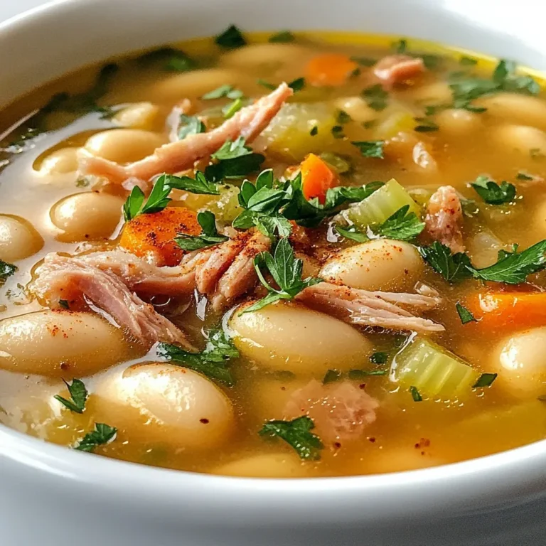 - 1 smoked ham hock - 1 cup dried white beans (Great Northern or cannellini) - 1 large onion, diced - 2 carrots, diced - 2 celery stalks, diced - 4 garlic cloves, minced - 1 bay leaf - 1 teaspoon smoked paprika - 1 teaspoon dried thyme - 6 cups low-sodium chicken or vegetable broth - Salt and pepper to taste - Fresh parsley, chopped for garnish When I make this soup, the main star is the smoked ham hock. It adds a deep, rich flavor that makes the soup stand out. Dried white beans, like Great Northern or cannellini, give it a creamy texture and heartiness. You also need a large onion, diced finely. It adds sweetness and depth to the dish. The vegetables—two diced carrots and two diced celery stalks—bring in freshness and crunch. Four minced garlic cloves are a must for that punchy flavor that lifts the soup. For seasoning, I add a bay leaf, smoked paprika, and dried thyme. These spices create a warm, smoky taste that fills your kitchen with a wonderful aroma. Don’t forget the broth! Six cups of low-sodium chicken or vegetable broth serve as the base. It’s best to keep the salt light here, as you can always add more later. Finally, fresh parsley gives a bright finish. It adds color and a burst of flavor when you serve the soup. Gather these ingredients, and you are ready to create a delicious smoked ham hock bean soup that warms the soul. {{ingredient_image_1}} - Rinse the dried beans under cold water. - Soak them overnight in water. - Drain and set aside. - Heat olive oil in a large pot. - Add the diced onion, carrots, and celery. - Sauté for about 5-7 minutes until soft. - Stir in the minced garlic and cook for one more minute until fragrant. - Place the smoked ham hock into the pot with the veggies. - Combine with the soaked beans and broth. - Add the bay leaf, smoked paprika, thyme, salt, and pepper. - Stir everything together. - Bring the mixture to a boil. - Lower the heat and let it simmer for 1.5 to 2 hours. - Stir occasionally until the beans are tender. - Remove the ham hock from the pot and let it cool. - Shred the meat from the bone and return it to the soup. - Discard the bone and bay leaf. - For a creamier soup, blend a portion with an immersion blender if you like. - Taste and adjust seasoning with salt and pepper before serving. Choose a good-quality smoked ham hock for great taste. Look for one with a nice amount of meat on it. The more flavor it has, the better your soup will be. I like to use hocks that are well-smoked. This gives the soup a deep, rich flavor that pairs well with the beans. Soaking your beans overnight is key. It helps them cook faster and makes them tender. Not soaking can lead to hard beans, which is not what you want. Rinse the dried beans well, then cover them with water. Let them sit overnight to soften. Drain them before adding to the pot. Serve your smoked ham hock bean soup with crusty bread. It soaks up the soup and adds a nice crunch. You can also add a fresh salad on the side for a light touch. A sprinkle of fresh parsley on top makes it look nice, too. Enjoy your meal with family or friends for a cozy dinner. Pro Tips Pre-soak the Beans: Soaking dried beans overnight not only reduces cooking time but also helps to improve their digestibility. Enhance the Smokiness: If you prefer a stronger smoky flavor, consider adding a few drops of liquid smoke or a smoked sausage along with the ham hock. Use Fresh Herbs: For a burst of flavor, add fresh thyme or rosemary towards the end of cooking instead of dried herbs. Thicken the Soup: If you prefer a thicker soup, blend a portion of the soup and stir it back in for a creamy texture. {{image_2}} To make a vegetarian version, skip the ham hock. Instead, use smoked tempeh or liquid smoke. Both add a nice smoky flavor. For protein, try adding cooked lentils or chickpeas. They will give your soup a hearty texture and keep it filling. You can boost the flavor by adding spices or herbs. Try adding a teaspoon of cumin for warmth. A pinch of cayenne can add some heat. Fresh herbs like thyme or rosemary can also enhance the taste. Adding a splash of vinegar at the end brightens the dish. If you want to change up the beans, there are great options. Black beans or kidney beans work well in this soup. They add unique flavors and textures. You can also mix different types for variety. Just remember to adjust cooking time if using canned beans. To store leftover soup, let it cool first. Once cooled, transfer it to an airtight container. Make sure to leave some space at the top for expansion. Store it in the fridge. It will stay fresh for about three to four days. Always check for any signs of spoilage before eating. Freezing the soup is easy. First, cool it completely. Then, pour the soup into freezer-safe containers. Leave some room at the top for expansion. You can also use freezer bags, which save space. Label the containers with the date. The soup can last up to three months in the freezer. To thaw, place it in the fridge overnight or use the microwave. When reheating, do it slowly. Pour the soup into a pot and heat over low to medium heat. Stir it often to avoid sticking. If the soup looks too thick, add a splash of broth or water. You can also use the microwave. Heat in short bursts, stirring in between. This keeps the soup tasty and the texture just right. Smoked Ham Hock Bean Soup stays fresh in the fridge for about 3 to 4 days. Store it in an airtight container. This way, it keeps its flavor and texture longer. If you want to enjoy it later, consider freezing it. Yes, you can use canned beans! Canned beans save time and are easy to use. They are already cooked, so you can skip soaking. However, canned beans may have added salt. Rinse them to reduce sodium. The downside is that canned beans may lack the rich flavor of dried beans. If you want a meat-free option, try using smoked paprika or liquid smoke. These can give a nice smoky taste. You can also add mushrooms for a hearty feel. For a savory kick, use vegetable broth with herbs like thyme or rosemary. Yes, this soup can be kid-friendly! To make it more appealing, you can blend part of the soup for a creamier texture. Reduce the spices if your kids are sensitive to heat. Serve it with crusty bread for dipping. Kids love that! This blog post covered making a hearty smoked ham hock bean soup. We discussed key ingredients, how to prepare, and present it well. You've learned tips for storage and how to try variations. This soup is more than a meal; it’s a warm hug in a bowl. Try it, and you'll savor every bite. Enjoy the process and the flavors you create!