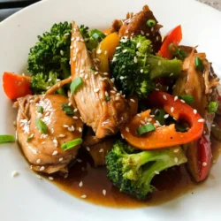 - 4 boneless, skinless chicken thighs - 1/2 cup honey - 1/4 cup soy sauce - 4 cloves garlic, minced - 1 tablespoon freshly grated ginger - 1 tablespoon sesame oil - 1/2 teaspoon crushed red pepper flakes - 1 cup broccoli florets - 1/2 cup sliced bell peppers - 1 tablespoon cornstarch mixed with 2 tablespoons water - Sesame seeds for garnish - Chopped green onions for garnish Use a liquid measuring cup for honey and soy sauce. A dry measuring cup works best for the cornstarch. Fresh herbs can enhance flavors, so use them if you have them. For more heat, add more crushed red pepper flakes or a dash of chili sauce. {{ingredient_image_1}} To start, gather your ingredients for the sauce. In a bowl, whisk together the honey, soy sauce, minced garlic, grated ginger, and sesame oil. If you like a little heat, add the crushed red pepper flakes. Mix well until everything combines. This step is key for a flavorful sauce that coats the chicken perfectly. Now, take your chicken thighs and lay them at the bottom of the slow cooker. Make sure the pieces fit snugly but don’t crowd them. Pour the honey garlic sauce over the chicken. Ensure every piece of chicken gets a nice coating. Cover the slow cooker and set it to cook on low for 6-7 hours or on high for 3-4 hours. The chicken will become tender and soak up all the flavors. About 30 minutes before the chicken is done, add the broccoli florets and sliced bell peppers to the slow cooker. Gently stir them into the sauce. This adds color and nutrition to your meal. Once it’s time to serve, remove the chicken and set it aside. Mix cornstarch with water, then stir it into the sauce. Cook on high for an extra 15 minutes to thicken. Shred the chicken with two forks, then return it to the slow cooker. Stir everything together for a delicious finish! Slow cooking works best with less liquid. The chicken releases juices, so you need less sauce. Always layer your ingredients. Start with the chicken at the bottom. This way, it cooks evenly. Use fresh ingredients for the best taste. For tender chicken, cook it low and slow. This method breaks down the meat fibers. I suggest cooking the chicken for 6-7 hours on low. If you are short on time, 3-4 hours on high works too. Always check the internal temperature. It should reach 165°F for safety. Presentation makes a big impact. Serve the honey garlic chicken over fluffy rice or quinoa. This adds texture and flavor. Sprinkle sesame seeds on top for crunch. Add chopped green onions for a fresh touch. These colors make the dish pop, making it even more appetizing. Pro Tips Marinate for Extra Flavor: Let the chicken marinate in the honey garlic sauce for at least 30 minutes before placing it in the slow cooker. This will enhance the flavor of the chicken. Use Fresh Ingredients: Opt for fresh garlic and ginger rather than powdered versions for a more vibrant and aromatic dish. Customize the Veggies: Feel free to add or substitute other vegetables like carrots, snap peas, or mushrooms based on your preference or what you have on hand. Adjust the Sweetness: If you prefer a less sweet dish, reduce the amount of honey or increase the soy sauce to balance the flavors. {{image_2}} You can swap chicken thighs for chicken breasts. Breasts work great but may be drier. Try using maple syrup instead of honey for a different flavor. You can also use tamari for a gluten-free option instead of soy sauce. For a veggie boost, add snap peas, carrots, or spinach. If you like heat, add more crushed red pepper flakes. A teaspoon can give it a nice kick. For a milder dish, skip the flakes completely. You can also add a splash of sriracha or chili sauce for a warm touch. Adjust based on your family's taste preferences. Serve the honey garlic chicken over steamed rice or quinoa. This helps soak up the tasty sauce. You can also pair it with noodles for a fun twist. Don’t forget to sprinkle sesame seeds and green onions on top for a pretty finish. Serve with a side salad or steamed veggies for a complete meal. To store leftovers safely, first let the chicken cool. Place it in an airtight container. Make sure to include any sauce and veggies. Store in the fridge for up to three days. If you want to keep it longer, consider freezing. When you're ready to eat the leftovers, reheat them gently. You can use a microwave or a skillet. If using a microwave, heat on medium power for a few minutes. Stir the chicken and sauce halfway through. In a skillet, warm over low heat until hot. Add a splash of water if the sauce is too thick. To freeze, place the cooled chicken in a freezer-safe bag. Squeeze out excess air and seal tightly. This dish freezes well for up to three months. When you're ready to enjoy it again, thaw it overnight in the fridge. Then, reheat as mentioned above for the best taste. Yes, you can use chicken breasts instead of thighs. Chicken breasts will cook faster. They can dry out if overcooked, so keep an eye on them. Use the same cooking times but check for doneness. Thighs are juicier and more forgiving, so they are ideal. To make this dish gluten-free, swap soy sauce for tamari. Tamari is a gluten-free soy sauce. You can also use coconut aminos for a sweet taste. Ensure all other ingredients, like cornstarch, are gluten-free too. Always check labels for hidden gluten. You can serve honey garlic chicken with steamed rice or quinoa. Both pair well with the sweet sauce. Roasted vegetables make a nice side too. Try serving it with a fresh salad for crunch. Noodles also work great for a filling meal. This blog post outlined how to make a delicious honey garlic chicken dish. You learned about key ingredients, step-by-step cooking instructions, and helpful tips. We explored variations and storage ideas to keep your meals fresh. Remember, slow cooking makes the chicken tender, and garnishing can elevate your dish. I hope these insights help you create a tasty meal that friends and family will love. Enjoy your cooking adventure!