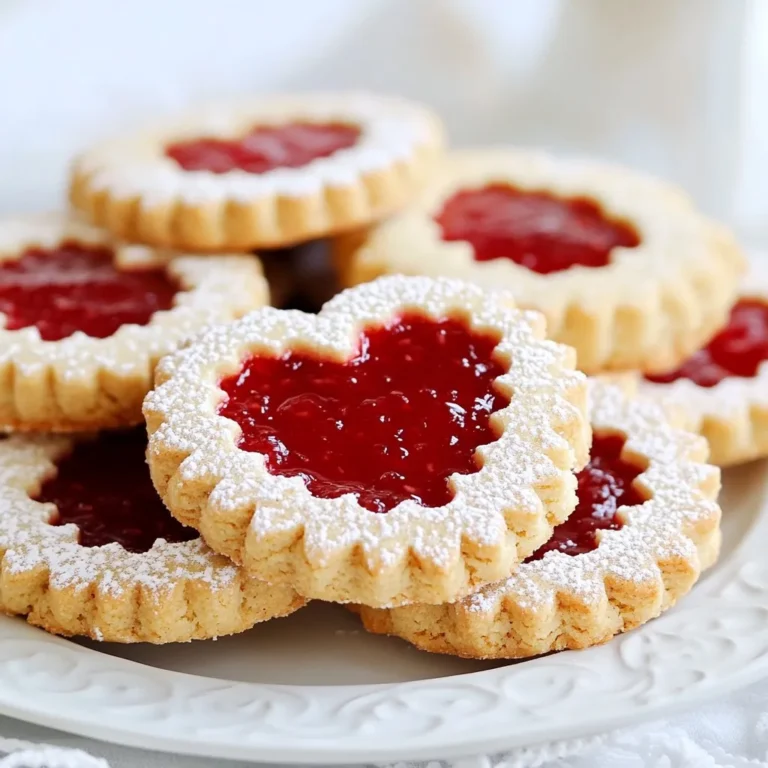 To make Raspberry Linzer Cookies, you need the right mix of ingredients. Here’s what you will need: - 2 cups all-purpose flour - 1/2 teaspoon baking powder - 1/4 teaspoon salt - 1 cup unsalted butter, softened - 3/4 cup granulated sugar - 1 teaspoon vanilla extract - 1/2 teaspoon almond extract - 1 cup finely ground almonds (or almond flour) - 1 cup raspberry jam (seedless preferred) - Powdered sugar for dusting These ingredients work together to create a sweet and tangy flavor. The butter gives the cookies a rich taste. The sugar adds sweetness, while the raspberry jam brings a fruity twist. The almond extract adds warmth. Using finely ground almonds gives a nice texture. You can replace almond flour with other nut flours if needed. When you gather your ingredients, make sure everything is fresh. This will help your cookies taste their best. If you can, use seedless raspberry jam. It spreads easily and looks nice. Now that you have your ingredients ready, you can start making these delightful cookies! {{ingredient_image_1}} - Preheat the Oven: Start by preheating your oven to 350°F (175°C). Line two baking sheets with parchment paper. This helps prevent sticking and makes cleanup easy. - Mix Dry Ingredients: In a medium bowl, whisk together 2 cups of all-purpose flour, 1/2 teaspoon of baking powder, and 1/4 teaspoon of salt. Set this aside for later. - Cream Butter and Sugar: In a large bowl, take 1 cup of softened unsalted butter. Add 3/4 cup of granulated sugar. Use an electric mixer to cream them together until light and fluffy. This should take about 3-4 minutes. - Add Extracts: Now, mix in 1 teaspoon of vanilla extract and 1/2 teaspoon of almond extract. Make sure these flavors blend well into the butter and sugar mix. - Combine Ingredients: Gradually add your flour mixture into the butter mix. Stir until just combined. Then, fold in 1 cup of finely ground almonds. The dough will start to form. - Chill Dough: Divide the dough in half. Flatten each half into a disk. Wrap them in plastic wrap, then chill in the refrigerator for about 30 minutes. Chilling helps the cookies hold their shape. - Roll and Cut Cookies: On a lightly floured surface, roll out one disk of dough to about 1/8-inch thick. Use a 2-inch round cookie cutter to cut out shapes. Use a smaller cutter to make a cutout in the center of half of the cookies. - Bake: Transfer your cut-out cookies to the lined baking sheets. Bake them for 10-12 minutes. You want the edges to start slightly browning. Let them cool on the sheets for a few minutes before moving them to wire racks. - Assemble Cookies: Once cooled, take a solid cookie and spread a teaspoon of raspberry jam on it. Top it with a cut-out cookie to make a sandwich. - Dust and Serve: Finally, lightly dust the tops of the cookies with powdered sugar before serving. This adds a lovely touch and makes them look beautiful. Ensuring Perfect Texture To get the best texture, cream the butter and sugar well. This step adds air to the dough. Use room-temperature butter for smooth mixing. Chill the dough before rolling it out. This helps the cookies hold their shape while baking. Tips for Using Different Jams You can swap raspberry jam for other flavors like apricot or strawberry. Always choose seedless jams for a smoother bite. If you want a tart taste, use sour cherry jam. Test small amounts first to find your favorite. Creative Dusting Ideas Dust your cookies with powdered sugar for a sweet touch. For a pop of color, try colored sugar or edible glitter. You can also mix cocoa powder with powdered sugar for a chocolate twist. Serving Suggestions Serve these cookies with tea or coffee for a perfect snack. Place them on a beautiful plate to impress guests. You can even stack them in a clear jar for a lovely gift. Pro Tips Use Chilled Dough: Make sure your dough is well-chilled before rolling it out. This will help the cookies maintain their shape and prevent spreading while baking. Opt for Seedless Jam: For a smoother texture and a cleaner look, choose seedless raspberry jam. This will enhance the presentation of your Linzer cookies. Experiment with Nuts: Feel free to substitute ground almonds with other nuts like hazelnuts or walnuts for a different flavor profile in your cookies. Perfect the Dusting: Use a fine mesh sieve to dust powdered sugar on top of the cookies. This creates a delicate and even layer for a beautiful finish. {{image_2}} You can change the jam for fun flavors. Try strawberry, apricot, or even cherry. Each jam brings a new twist. You can also switch out the ground almonds. Use hazelnuts or walnuts for a different taste. Each nut flour adds its own unique flavor and texture, making your cookies special. If you want gluten-free cookies, swap the all-purpose flour. Use almond flour or a gluten-free blend instead. This keeps the cookies delicious and safe for gluten-free diets. For a vegan option, replace the butter with coconut oil or a vegan butter spread. Also, choose a fruit jam that is dairy-free. These swaps let everyone enjoy your cookies! - Room Temperature Storage: You can keep your Raspberry Linzer Cookies at room temperature. Place them in an airtight container. This will help keep them fresh for a few days. Ensure they are fully cooled before storing. - Refrigeration Tips: If you want to store them longer, place the cookies in the fridge. Use an airtight container to prevent them from drying out. They can last up to a week in the fridge. Just let them come to room temperature before enjoying. - Recommended Time for Freshness: For the best taste, eat your cookies within five days. After that, they may lose some of their charm. - Freezing for Long-Term Storage: You can freeze your cookies for up to three months. Wrap them individually in plastic wrap. Then, place them in a freezer bag. When you are ready to eat, thaw them at room temperature. They will still taste great! Yes, you can use frozen raspberries. Thaw them and drain any excess liquid. This way, you still get a nice flavor. Just make sure they are seedless if you want a smooth jam. You can use vanilla extract instead. It gives a lovely flavor that works well too. You could also use a few drops of hazelnut extract for a different taste. You can prepare the dough a day before. Just wrap it in plastic and chill it in the fridge. You can also bake the cookies ahead. Store them in an airtight container until you're ready to assemble. Yes, you can skip the almonds and use more flour instead. The cookies will still taste great! Just keep the texture in mind, as they may be a bit different. You now have a clear guide to making delicious Raspberry Linzer Cookies. We talked about the key ingredients, easy steps, and simple tips for storage and presentation. Remember to experiment with flavors and variations to make this recipe your own. The joy of baking is in the creativity and fun. Enjoy your tasty treats and share them with friends and family!